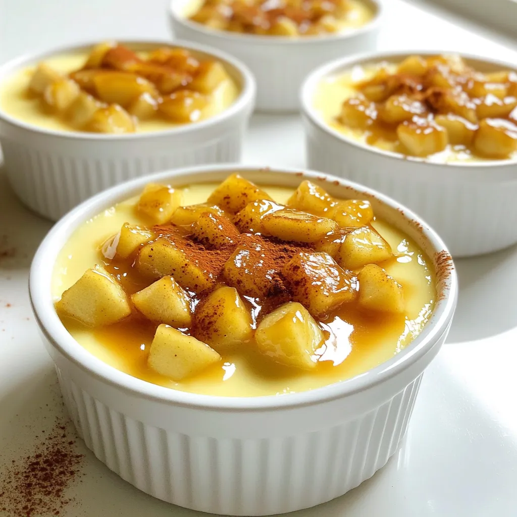 - 2 cups heavy cream - 1 cup whole milk - 4 large egg yolks - 3/4 cup granulated sugar (divided) - 1/4 cup brown sugar - 2 medium apples, peeled, cored, and diced - 2 tablespoons unsalted butter - 1 teaspoon vanilla extract - 1 teaspoon ground cinnamon - Pinch of salt - Extra granulated sugar for caramelizing - For the best results, use a small, even layer of sugar on top. - Caramelize with a kitchen torch or broil for a quick finish. - Watch closely to avoid burning the sugar. 1. Preheat your oven to 325°F (160°C). This helps the custard cook evenly. 2. In a skillet, melt 2 tablespoons of unsalted butter over medium heat. 3. Add 2 diced apples, 1/4 cup brown sugar, 1 teaspoon ground cinnamon, and a pinch of salt. 4. Cook for about 5 to 7 minutes. Stir until the apples are tender and caramelized. 5. Remove from heat and let the apple mixture cool slightly. 1. In a medium saucepan, combine 2 cups heavy cream and 1 cup whole milk. 2. Heat over medium heat until it is steaming. Do not let it boil. 3. In a large bowl, whisk together 4 large egg yolks and 1/2 cup granulated sugar. 4. Whisk until the mixture is pale and slightly thickened. 1. Slowly pour the warm cream mixture into the egg yolk mixture. Whisk constantly to avoid scrambling. 2. Stir in 1 teaspoon vanilla extract and the remaining 1 teaspoon ground cinnamon. 3. Gently fold the cooled apple mixture into the custard base. 4. Divide the combined mixture into ramekins. 5. Place the ramekins in a baking dish. Pour hot water into the dish, filling it halfway up the sides of the ramekins. 6. Bake for 35 to 40 minutes. The custard should be set around the edges but slightly jiggly in the center. 7. Remove the ramekins and let them cool to room temperature. Chill in the fridge for at least 4 hours, or overnight. To make a smooth custard, you must avoid scrambled eggs. When you mix the hot cream with the egg yolks, do it slowly. Pour in the cream while whisking the yolks at the same time. This keeps the eggs from cooking too fast. For the best texture, heat the cream until it steams, but don’t let it boil. Boiling can ruin the custard. Let the mixture cool slightly before mixing in the eggs. This helps keep it creamy. You can use a kitchen torch or a broiler to caramelize the sugar on top. A kitchen torch gives you control and a nice finish. If you use a broiler, watch closely to avoid burning. For a perfect crust, sprinkle a thin layer of sugar evenly on the custard. If the sugar is too thick, it won't melt properly. Garnish your crème brûlée with a sprinkle of cinnamon or a slice of fresh apple. This adds color and flavor. You can also serve it with a warm drink, like spiced cider or a strong coffee. Both pair well with the dessert's sweetness. Feel free to get creative with your presentation. Use pretty ramekins or layer the dessert in glasses for a fun twist. The way you serve it can make a big difference! {{image_2}} You can make your caramel apple crème brûlée even more exciting. Adding spices gives it a warm kick. Try adding a pinch of nutmeg or ginger to the mix. These spices enhance the apple flavor and create a cozy feel. You can also change up the fruit. While apples are classic, pears work well too. Berries, like raspberries or blueberries, add a nice tartness. Just remember to adjust the sugar if the fruit is sweeter or more sour. If you need a dairy-free option, use coconut cream instead of heavy cream. It adds a rich flavor. You can still follow the same steps in the recipe. For a low-sugar version, cut down the sugar. You can use natural sweeteners like stevia or monk fruit. This way, you can enjoy the dessert without too much sugar. The way you serve this dessert can make it special. Use different ramekin sizes or shapes for fun. You can also layer the crème brûlée in a glass. This allows people to see the beautiful layers. Top it with a sprinkle of cinnamon or a slice of apple for a lovely finish. These small changes can make a big impact on how your dessert looks and feels. Keep your Caramel Apple Crème Brûlée in the fridge. It lasts up to four days. To maintain its creamy texture, cover each ramekin with plastic wrap. This helps avoid any fridge odors. You can freeze crème brûlée, but it may change the texture. For best results, freeze the custards without the sugar topping. Use an airtight container or wrap each ramekin tightly. When you want to enjoy it, thaw in the fridge overnight. If you need to reheat, do it gently. Place the ramekin in a warm water bath. This method helps keep the custard smooth. Avoid the microwave because it can make the custard rubbery. Enjoy your dessert at room temperature for the best taste. Crème brûlée is a rich dessert made of cream and egg yolks. It has a smooth custard base, topped with a layer of hard caramel. This dessert dates back to the 17th century in France. Chefs often serve it in small ramekins. The name means "burnt cream," referring to the caramelized sugar on top. People love crème brûlée for its creamy texture and sweet flavor. There are many variations today. Some use chocolate, coffee, or fruit flavors. Each version adds a unique twist to the classic. Yes, you can use different types of apples. Some apples work better for flavor and texture. For this dessert, tart apples like Granny Smith are great. They add a nice contrast to the sweet custard. Sweet apples, like Fuji or Honeycrisp, also work well. They become soft and sweet when cooked. Just be sure to peel and core them first. Diced apples should be tender but still hold their shape. This keeps the texture interesting in each bite. Setting crème brûlée takes some time. After baking, let the ramekins cool to room temperature. Then, refrigerate them for at least 4 hours. If you want to chill them faster, use a shallow pan with ice water. Place the ramekins in the ice bath for quicker cooling. Just be careful not to get water in the custard. Once set, the custard should feel firm but still slightly jiggly in the center. This ensures a perfect texture for serving. This blog post explored the rich world of making crème brûlée. We discussed essential ingredients like heavy cream, egg yolks, and brown sugar. Then, I outlined step-by-step instructions, along with helpful tips to perfect your custard. I added ideas for variations and storage, ensuring your dessert stays delicious. In summary, crafting this classic treat is simple and rewarding. With practice, you’ll impress everyone with your skills. Enjoy your culinary adventure!