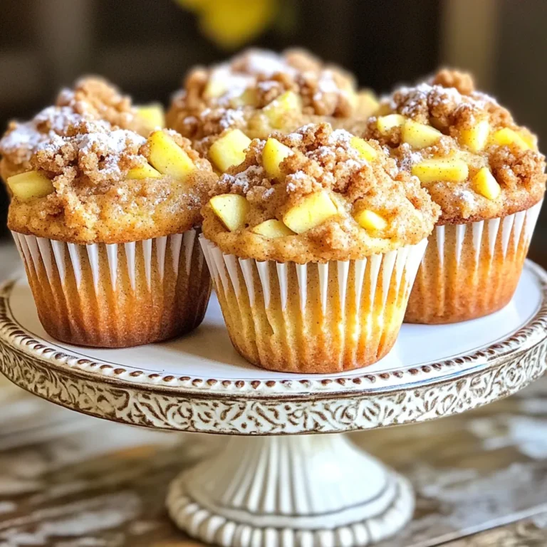 - 1 ½ cups all-purpose flour - ½ cup granulated sugar - ½ cup brown sugar, packed - 1 tablespoon baking powder - 1 teaspoon ground cinnamon - ¼ teaspoon salt - 1 large egg - ¾ cup whole milk - ⅓ cup vegetable oil - 1 teaspoon vanilla extract - 1 ½ cups fresh apples, peeled and diced (about 2 medium apples) - ½ cup all-purpose flour - ⅓ cup brown sugar, packed - ¼ teaspoon ground cinnamon - 4 tablespoons cold butter, cubed In this recipe, I use simple, fresh ingredients. The dry ingredients create a fluffy base. The sugars bring sweetness and moisture. Baking powder helps the muffins rise. Ground cinnamon adds warmth, while salt enhances all the flavors. For the wet ingredients, I mix an egg for binding, whole milk for richness, vegetable oil for moisture, and vanilla for depth. Together, they create a smooth batter. The apples add a juicy burst. Use fresh apples for the best taste. I recommend Granny Smith or Honeycrisp for their balance of sweet and tart. The streusel topping makes these muffins special. It brings a crunchy texture on top. With flour, brown sugar, and cinnamon, I mix in cold butter. This creates that crumbly, delicious topping we all love. Gather these ingredients, and you are ready for bakery-style muffins at home! - Preheat the oven to 375°F (190°C). - Prepare muffin tin with liners or cooking spray. - In a large bowl, whisk together 1 ½ cups of flour, ½ cup granulated sugar, ½ cup brown sugar, 1 tablespoon baking powder, 1 teaspoon ground cinnamon, and ¼ teaspoon salt. - In another bowl, whisk 1 large egg, ¾ cup whole milk, ⅓ cup vegetable oil, and 1 teaspoon vanilla extract until mixed. - Gently fold in 1 ½ cups of diced apples into the batter. Ensure they are evenly distributed. - In a small bowl, mix ½ cup of flour, ⅓ cup brown sugar, and ¼ teaspoon ground cinnamon for the streusel. - Add 4 tablespoons of cold butter, cubed. Use your fingers or a pastry cutter to mix until crumbly. - Divide the muffin batter evenly among the prepared muffin cups, filling each about ¾ full. - Generously sprinkle the streusel topping over each muffin. - Bake in the preheated oven for 18-20 minutes. Use a toothpick to check if they are done. - Allow muffins to cool in the pan for 5 minutes. - Transfer them to a wire rack to cool completely. Enjoy warm or at room temperature. To make good muffins, avoid overmixing. This keeps them light and fluffy. Mix just until you see no dry flour. A few lumps in the batter are just fine. To get that soft, bakery-style muffin, fill your muffin cups about three-quarters full. This helps them rise nicely and get that dome shape we love. For extra flavor, add spices like nutmeg or ginger. They pair well with cinnamon and give more depth. When choosing apples, use firm varieties like Honeycrisp or Granny Smith. They stay crisp during baking and add a nice tartness. To get the perfect crumb for your streusel topping, use cold butter. Cut it into the dry mix until it looks like coarse crumbs. If you want to switch it up, consider using oats or crushed nuts. They add texture and a different taste to your muffins. {{image_2}} You can easily make these muffins fit your diet. - Gluten-free flour alternatives: Use a 1:1 gluten-free flour blend. This swap works well. Look for blends with xanthan gum for best results. - Vegan substitutions: Replace the egg with a flax egg. Mix 1 tablespoon of flaxseed meal with 2.5 tablespoons of water. Let it sit until it thickens. Use almond milk instead of whole milk for a dairy-free option. These muffins can be more than just cinnamon and apple. - Adding nuts or dried fruits: Chopped walnuts or pecans add a nice crunch. Dried cranberries or raisins can also bring a sweet twist. Just fold them in with the apples. - Experimenting with different spices: Try nutmeg or ginger for a new flavor. Just a pinch can change the whole taste. You can also mix in some allspice for a warm, cozy touch. Changing fruits can keep your muffins exciting all year. - Adjusting ingredients for different seasons: In fall, add pumpkin puree. In summer, swap apples for fresh berries. This keeps the muffins fresh and fun to make. - Using different fruit combinations: Combine apples with pears for a sweet mix. You could also try peaches or plums. Each fruit brings its own flavor. To keep your muffins fresh, store them in an airtight container. This helps them stay moist. You can keep them at room temperature for up to 3 days. If you want to store them longer, put them in the fridge. They can last for about a week in there. Freezing your muffins is a great way to save some for later. To freeze, let them cool completely. Then, wrap each muffin in plastic wrap and place them in a freezer bag. This keeps them fresh and prevents freezer burn. When you want to enjoy one, take it out of the freezer and thaw it at room temperature. To reheat, just pop it in the microwave for about 15-20 seconds or warm it in the oven at 350°F (175°C) for 10 minutes. This way, your muffins stay tasty and soft! To check if your muffins are done, use the toothpick test. Simply insert a toothpick into the center of a muffin. If it comes out clean, your muffins are ready. If you see wet batter, bake them for a few more minutes. This method ensures you avoid undercooked muffins. Yes, you can swap apples with other fruits. Pears, blueberries, or even diced peaches work great. Each fruit adds a unique flavor. Just make sure to adjust the amount to keep the muffin texture right. Experimenting with different fruits can make each batch special. These muffins last about 3 days at room temperature. Store them in an airtight container to keep them fresh. If you want them to last longer, refrigerate for up to a week. Just remember, they taste best when fresh! You can prepare the batter a few hours in advance. Just cover it and refrigerate until you're ready to bake. This helps save time. However, I recommend baking it fresh for the best texture and taste. Absolutely! You can use whole wheat flour instead of all-purpose flour. You might also try reducing the sugar or using honey as a sweetener. Adding nuts can boost nutrition too. These swaps can make your muffins tasty and healthier. In this blog post, we explored how to make delicious apple muffins step by step. We covered everything from choosing the right dry and wet ingredients to making the perfect streusel topping. You learned tips for achieving the best texture and flavor, plus options for dietary adjustments. Now, you have all the tools to bake tasty muffins that fit your needs. Experiment with the ideas and enjoy baking! Your kitchen is now ready for fresh apple muffins.