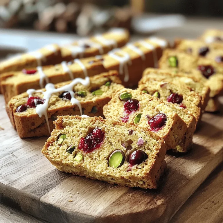 To make cranberry pistachio biscotti with white chocolate drizzle, gather these simple ingredients: - 2 cups all-purpose flour - 1 cup granulated sugar - 2 teaspoons baking powder - 1/4 teaspoon salt - 3 large eggs - 1 teaspoon vanilla extract - 1/2 cup dried cranberries - 1/2 cup unsalted pistachios, shelled and roughly chopped - 1/2 cup white chocolate chips for drizzling Each ingredient plays an important role in creating a flavorful and crunchy biscotti. The all-purpose flour gives structure, while the sugar adds sweetness. Baking powder helps the dough rise, and salt balances the flavors. The eggs bind everything together and add moisture. Vanilla extract enhances the overall taste. Dried cranberries offer a tart burst of flavor, and pistachios add a nice crunch. Finally, the white chocolate drizzle adds a sweet finish that ties the whole treat together. When you combine these ingredients, you create a delightful snack perfect for coffee or tea. First, preheat your oven to 350°F (175°C). This step helps your biscotti bake evenly. While the oven heats, line a baking sheet with parchment paper. This keeps your biscotti from sticking and makes cleanup easy. In a mixing bowl, whisk together 2 cups of all-purpose flour, 1 cup of granulated sugar, 2 teaspoons of baking powder, and 1/4 teaspoon of salt. Make sure to mix well. This blend creates a nice base for your biscotti. In another bowl, beat 3 large eggs. Add 1 teaspoon of vanilla extract to the eggs. Mix until everything is well combined. This mixture adds moisture and flavor to your dough. Gradually add the wet ingredients to the dry ingredients. Mix until just combined; don't overdo it. Gently fold in 1/2 cup of dried cranberries and 1/2 cup of chopped pistachios. These add tasty bites in every piece. Transfer your dough to the prepared baking sheet. Shape it into a log about 12 inches long and 3 inches wide. Bake for 25 minutes until it turns a light golden color. Remove it from the oven and let it cool for 10 minutes. After cooling, carefully slice the log diagonally into 1-inch thick slices. Arrange the slices cut-side down on the baking sheet. Bake these slices for an additional 15-20 minutes. You want them crisp and lightly golden. For the white chocolate drizzle, melt 1/2 cup of white chocolate chips. Use a microwave-safe bowl and heat in 20-second intervals. Stir until smooth. This drizzle adds a sweet touch to your biscotti. Once your biscotti is cool, drizzle the melted white chocolate over the top. You can use a fork or a piping bag for this. Let the drizzle set before serving. This finishing touch makes them look and taste amazing! To keep your biscotti fresh, place them in an airtight container. This will help maintain their crunch. If you plan to keep them longer, consider freezing them. Wrap each biscotti in plastic wrap and store in a freezer bag. They can last up to three months. When ready to eat, simply thaw at room temperature. For a great texture, make sure your dough is not too wet. If it feels sticky, add a bit more flour. When shaping the log, aim for a uniform size. This helps them bake evenly. After the second bake, let them cool on a wire rack. This will make them extra crisp. One common mistake is not letting the log cool enough before slicing. If it's too warm, it may crumble. Also, avoid overmixing your dough. This can lead to tough biscotti. Lastly, don't skip the second bake! This step is key for that perfect crunch. {{image_2}} You can switch out pistachios for other nuts. Almonds and walnuts work well. Both add nice texture and flavor. You can even use hazelnuts for a rich taste. Just chop them roughly before adding to the dough. This way, your biscotti keeps its crunch. Consider adding zest from an orange or lemon. It gives a bright flavor that pairs well with cranberries. You can also try spices like cinnamon or cardamom. Just a pinch can add warmth to your biscotti. If you want a unique twist, add almond extract instead of vanilla. It enhances the nutty flavor. For a richer treat, dip your biscotti in melted chocolate. Use dark or milk chocolate for a different taste. Simply melt the chocolate and dip one end of the biscotti. Let it set on parchment paper for easy cleanup. This adds another layer of fun to your baking! To keep your cranberry pistachio biscotti fresh, store them in an airtight container. This keeps moisture out and helps them stay crisp. You can use a cookie jar or a plastic container. Make sure the container is clean and dry before adding the biscotti. Placing parchment paper between layers of biscotti will also help. This prevents them from sticking together. Freezing biscotti is a smart way to save them for later. First, let them cool completely. Then, wrap each piece tightly in plastic wrap. Place the wrapped biscotti in a freezer bag or container. They will stay fresh for up to three months in the freezer. When you're ready to eat, just thaw them at room temperature for a few hours. When stored correctly, biscotti can last up to two weeks at room temperature. If you keep them in the fridge, they may last a little longer. However, I find that the best taste comes when they are fresh. Always check for any signs of spoilage before enjoying your biscotti. If they smell off or look strange, it’s best to toss them. Yes, you can use other dried fruits. Consider raisins, apricots, or cherries. Each fruit adds its own flavor. Dried cherries work well with pistachios. Just chop them to a similar size as cranberries. To make your biscotti softer, bake them for less time. You can also add more eggs. This makes the dough moister. Another tip is to store them in an airtight container. This keeps them fresh and soft. Absolutely! You can replace white chocolate with dark chocolate. Just melt the dark chocolate the same way. The taste will change to a richer flavor. This gives a nice contrast to the sweet dough. The best way to slice biscotti is to use a sharp knife. Angle the knife at about 45 degrees. This gives you nice diagonal slices. Make sure the log is cool for easier cutting. Slicing while it's still warm may cause crumbling. You learned how to make tasty biscotti from scratch. We covered key ingredients, steps, and tips. You can use nuts, fruits, or chocolate to change the recipe. Storing and freezing these treats is easy for long-lasting snacks. Enjoy your biscotti straight from the oven or drizzled with white chocolate. Experiment with flavors to make them your own. Your perfect biscotti awaits, so start baking today!
