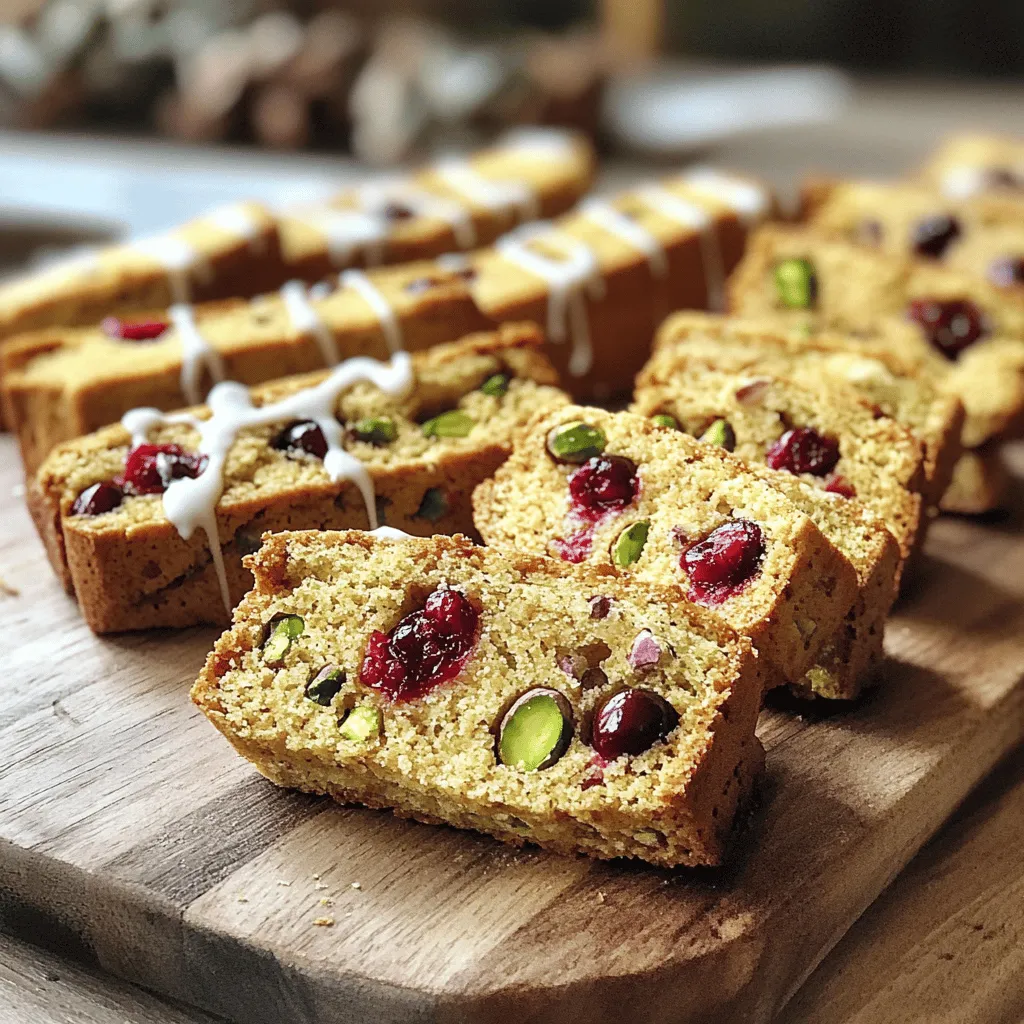 To make cranberry pistachio biscotti with white chocolate drizzle, gather these simple ingredients: - 2 cups all-purpose flour - 1 cup granulated sugar - 2 teaspoons baking powder - 1/4 teaspoon salt - 3 large eggs - 1 teaspoon vanilla extract - 1/2 cup dried cranberries - 1/2 cup unsalted pistachios, shelled and roughly chopped - 1/2 cup white chocolate chips for drizzling Each ingredient plays an important role in creating a flavorful and crunchy biscotti. The all-purpose flour gives structure, while the sugar adds sweetness. Baking powder helps the dough rise, and salt balances the flavors. The eggs bind everything together and add moisture. Vanilla extract enhances the overall taste. Dried cranberries offer a tart burst of flavor, and pistachios add a nice crunch. Finally, the white chocolate drizzle adds a sweet finish that ties the whole treat together. When you combine these ingredients, you create a delightful snack perfect for coffee or tea. First, preheat your oven to 350°F (175°C). This step helps your biscotti bake evenly. While the oven heats, line a baking sheet with parchment paper. This keeps your biscotti from sticking and makes cleanup easy. In a mixing bowl, whisk together 2 cups of all-purpose flour, 1 cup of granulated sugar, 2 teaspoons of baking powder, and 1/4 teaspoon of salt. Make sure to mix well. This blend creates a nice base for your biscotti. In another bowl, beat 3 large eggs. Add 1 teaspoon of vanilla extract to the eggs. Mix until everything is well combined. This mixture adds moisture and flavor to your dough. Gradually add the wet ingredients to the dry ingredients. Mix until just combined; don't overdo it. Gently fold in 1/2 cup of dried cranberries and 1/2 cup of chopped pistachios. These add tasty bites in every piece. Transfer your dough to the prepared baking sheet. Shape it into a log about 12 inches long and 3 inches wide. Bake for 25 minutes until it turns a light golden color. Remove it from the oven and let it cool for 10 minutes. After cooling, carefully slice the log diagonally into 1-inch thick slices. Arrange the slices cut-side down on the baking sheet. Bake these slices for an additional 15-20 minutes. You want them crisp and lightly golden. For the white chocolate drizzle, melt 1/2 cup of white chocolate chips. Use a microwave-safe bowl and heat in 20-second intervals. Stir until smooth. This drizzle adds a sweet touch to your biscotti. Once your biscotti is cool, drizzle the melted white chocolate over the top. You can use a fork or a piping bag for this. Let the drizzle set before serving. This finishing touch makes them look and taste amazing! To keep your biscotti fresh, place them in an airtight container. This will help maintain their crunch. If you plan to keep them longer, consider freezing them. Wrap each biscotti in plastic wrap and store in a freezer bag. They can last up to three months. When ready to eat, simply thaw at room temperature. For a great texture, make sure your dough is not too wet. If it feels sticky, add a bit more flour. When shaping the log, aim for a uniform size. This helps them bake evenly. After the second bake, let them cool on a wire rack. This will make them extra crisp. One common mistake is not letting the log cool enough before slicing. If it's too warm, it may crumble. Also, avoid overmixing your dough. This can lead to tough biscotti. Lastly, don't skip the second bake! This step is key for that perfect crunch. {{image_2}} You can switch out pistachios for other nuts. Almonds and walnuts work well. Both add nice texture and flavor. You can even use hazelnuts for a rich taste. Just chop them roughly before adding to the dough. This way, your biscotti keeps its crunch. Consider adding zest from an orange or lemon. It gives a bright flavor that pairs well with cranberries. You can also try spices like cinnamon or cardamom. Just a pinch can add warmth to your biscotti. If you want a unique twist, add almond extract instead of vanilla. It enhances the nutty flavor. For a richer treat, dip your biscotti in melted chocolate. Use dark or milk chocolate for a different taste. Simply melt the chocolate and dip one end of the biscotti. Let it set on parchment paper for easy cleanup. This adds another layer of fun to your baking! To keep your cranberry pistachio biscotti fresh, store them in an airtight container. This keeps moisture out and helps them stay crisp. You can use a cookie jar or a plastic container. Make sure the container is clean and dry before adding the biscotti. Placing parchment paper between layers of biscotti will also help. This prevents them from sticking together. Freezing biscotti is a smart way to save them for later. First, let them cool completely. Then, wrap each piece tightly in plastic wrap. Place the wrapped biscotti in a freezer bag or container. They will stay fresh for up to three months in the freezer. When you're ready to eat, just thaw them at room temperature for a few hours. When stored correctly, biscotti can last up to two weeks at room temperature. If you keep them in the fridge, they may last a little longer. However, I find that the best taste comes when they are fresh. Always check for any signs of spoilage before enjoying your biscotti. If they smell off or look strange, it’s best to toss them. Yes, you can use other dried fruits. Consider raisins, apricots, or cherries. Each fruit adds its own flavor. Dried cherries work well with pistachios. Just chop them to a similar size as cranberries. To make your biscotti softer, bake them for less time. You can also add more eggs. This makes the dough moister. Another tip is to store them in an airtight container. This keeps them fresh and soft. Absolutely! You can replace white chocolate with dark chocolate. Just melt the dark chocolate the same way. The taste will change to a richer flavor. This gives a nice contrast to the sweet dough. The best way to slice biscotti is to use a sharp knife. Angle the knife at about 45 degrees. This gives you nice diagonal slices. Make sure the log is cool for easier cutting. Slicing while it's still warm may cause crumbling. You learned how to make tasty biscotti from scratch. We covered key ingredients, steps, and tips. You can use nuts, fruits, or chocolate to change the recipe. Storing and freezing these treats is easy for long-lasting snacks. Enjoy your biscotti straight from the oven or drizzled with white chocolate. Experiment with flavors to make them your own. Your perfect biscotti awaits, so start baking today!