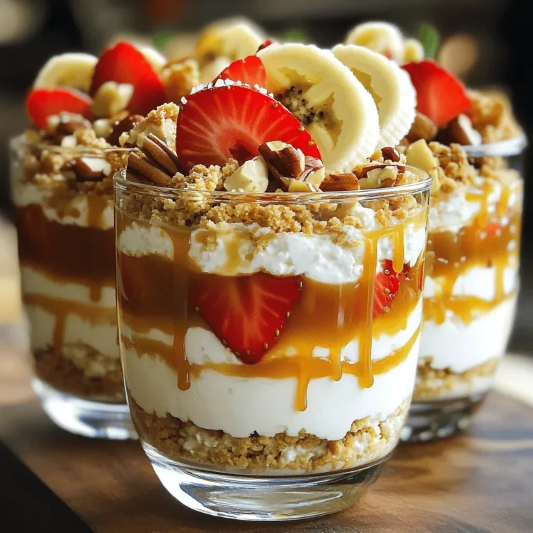 - 2 cups cottage cheese - 1/2 cup Greek yogurt - 1/3 cup caramel sauce - 1 teaspoon vanilla extract - 1/4 teaspoon sea salt - 1 tablespoon maple syrup - 1/2 cup crushed graham crackers - 1/4 cup chopped nuts - Fresh fruit Cottage cheese forms the base of this pudding. It gives a creamy texture and a protein boost. I love using Greek yogurt for its richness. It adds a nice tang that pairs well with the sweet caramel. Caramel sauce is the star here. You can use store-bought or make your own. Just make sure it’s thick and smooth. Vanilla extract brings in lovely flavor notes. A touch of sea salt balances the sweetness beautifully. If you want to make it sweeter, add maple syrup. It gives a warm flavor that matches well. Crushed graham crackers add crunch. They make the pudding more fun to eat. Chopped nuts like pecans or walnuts add a nice bite. Fresh fruit on top, like strawberries or bananas, makes it pretty and fresh. This pudding is a delightful treat you can customize. - In a large bowl, combine 2 cups of cottage cheese and 1/2 cup of Greek yogurt. - Whisk them together until smooth and creamy. - Next, add 1/3 cup of caramel sauce, 1 teaspoon of vanilla extract, and 1/4 teaspoon of sea salt. - If you want it sweeter, include 1 tablespoon of maple syrup. - Stir everything until well mixed and delicious. - In another bowl, mix 1/2 cup of crushed graham crackers and 1/4 cup of chopped nuts. - This will create a tasty, crunchy topping. - Take serving glasses or bowls. Spoon a layer of the cottage cheese mixture into each. - Sprinkle a layer of the graham cracker and nut mix over the pudding. - Repeat the layers until the containers are full. - Finish with a layer of the cottage cheese mix on top. - Drizzle more caramel sauce on top and sprinkle with extra sea salt. - Place the pudding in the fridge for at least 30 minutes. This helps the flavors meld and set. To get a creamy texture, whisk the cottage cheese and Greek yogurt well. Use a sturdy whisk and mix in a circular motion. This helps break down clumps and creates a smooth base. For even better creaminess, blend the mixture in a food processor. When you add the caramel sauce, vanilla extract, and sea salt, mix them in gently. This ensures the flavors combine without losing the airy texture. Garnishing your pudding makes it look fancy. Add fresh fruit like strawberries or bananas on top. A drizzle of caramel sauce adds a nice touch. For flavor pairings, consider serving the pudding with a cup of coffee or herbal tea. The rich taste of caramel pairs well with both. If you want a sweeter pudding, add maple syrup. Just one tablespoon can make a big difference. Stir it in after mixing the other ingredients. You can also use other sweeteners like honey or agave syrup. These options can change the flavor and sweetness to your liking. {{image_2}} You can switch up the flavor of your salted caramel cottage cheese pudding. One popular twist is chocolate salted caramel pudding. To make this, mix in some cocoa powder or melted chocolate into your cottage cheese mix. This gives a rich, chocolatey taste that pairs well with the caramel. Another fun idea is fruit-infused versions. You can add pureed fruits like strawberries or bananas to the base. This adds a fresh taste and vibrant color. You can also top your pudding with fresh fruit slices for extra flavor and a pretty look. If you want a dairy-free version, use dairy-free cottage cheese. There are great brands that make it from almonds or soy. Substitute Greek yogurt with coconut yogurt for a rich, creamy texture. You can still enjoy the great taste without dairy. For gluten-free options, make sure to use gluten-free graham crackers. Many brands offer these alternatives that taste just as good. This way, everyone can enjoy this tasty treat without worry. You can serve this pudding in different ways. Individual servings look great in small glasses or jars. This makes each guest feel special. You can layer the pudding and toppings for a beautiful look. For a family-style presentation, serve it in a large bowl. Let everyone scoop their own servings. This makes it easy for sharing. No matter how you serve it, the taste will shine through. To store your salted caramel cottage cheese pudding, use airtight containers. Glass jars or plastic containers work well. Before you seal them, let the pudding cool down for about 30 minutes. This helps to stop extra moisture from forming inside. For the best quality, keep the pudding in the fridge for up to three days. If you notice any off smells, changes in texture, or mold, it’s best to throw it away. Always check for signs of spoilage before enjoying your leftovers. This pudding is best served cold, but if you want it a bit warmer, you can microwave it. Heat it for just 10 to 15 seconds. Stir well after heating and enjoy! Remember, the pudding tastes amazing chilled, so don’t worry if you prefer to eat it cold. Yes, you can make this pudding ahead of time. It tastes great after chilling. I like to prepare it the night before. Just store it in the fridge. This lets the flavors mix well and makes it creamy. If you want to prepare the layers ahead, keep the toppings separate. Add them just before serving to keep them crunchy. Absolutely! Making homemade caramel sauce is easy and fun. You can control the sweetness and flavor. Just cook sugar until it melts and turns golden. Then add butter and cream. Stir until smooth. If you prefer, store-bought caramel works well too. It saves time and still tastes great. Both options will give you a delicious pudding. Serving this pudding is a fun part! Use small glasses or bowls for a nice look. Layer the mixture and toppings in each container. Start with the cottage cheese mix and then add the graham cracker mix. Top with fresh fruit and a drizzle of caramel. Sprinkle some extra sea salt for flavor. Serve it chilled for a refreshing treat. This recipe for salted caramel cottage cheese pudding offers great taste and texture. You blend key ingredients like cottage cheese and Greek yogurt to create a creamy base. Adding caramel, vanilla, and sea salt elevates the flavor. Don't forget to customize with toppings, sweeteners, or even dietary swaps. You can even prepare it in advance for added convenience. Enjoy sharing this easy treat with friends or family. Simple steps make this dessert a crowd-pleaser, leaving everyone satisfied and happy.