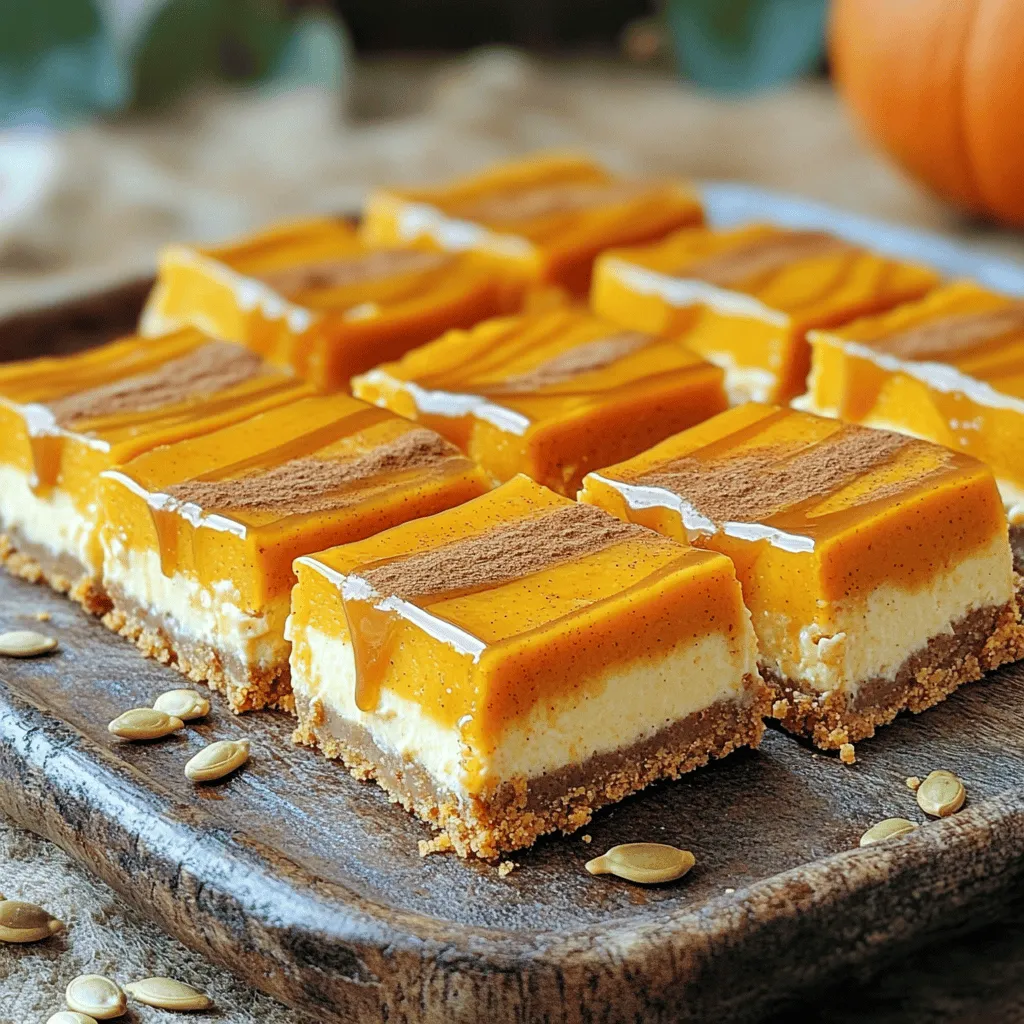 To make pumpkin cheesecake bars, gather these ingredients: - 1 ½ cups graham cracker crumbs - ½ cup unsalted butter, melted - ¼ cup granulated sugar - 16 oz cream cheese, softened - 1 cup canned pumpkin puree - 1 cup powdered sugar - 2 large eggs - 2 teaspoons vanilla extract - 1 teaspoon ground cinnamon - ½ teaspoon ground nutmeg - ¼ teaspoon ground ginger - ½ teaspoon salt - ½ cup caramel sauce (store-bought or homemade) For the best results, I recommend using Philadelphia cream cheese. It has a smooth texture and rich flavor. For the graham crackers, Nabisco is a classic choice that adds great taste to the crust. If you need alternatives, here are some easy swaps: - For graham crackers, use gluten-free options like almond flour or gluten-free cookies. - Swap cream cheese for a dairy-free cream cheese if you want a dairy-free version. - You can replace eggs with flaxseed eggs or applesauce to make it vegan. These substitutions still deliver delicious bars without compromising on flavor. Keep your audience in mind when choosing these options! To make the crust, start by preheating your oven to 350°F (175°C). In a mixing bowl, combine 1 ½ cups of graham cracker crumbs, ½ cup of melted unsalted butter, and ¼ cup of granulated sugar. Mix these until the mixture looks like wet sand. Take a 9x13 inch baking dish and press the crumb mixture firmly into the bottom. This creates an even layer. Bake the crust for 8-10 minutes. After baking, let it cool slightly on the counter. Now, let’s make the creamy filling. In a large bowl, add 16 oz of softened cream cheese. Use an electric mixer to beat it until it’s smooth and creamy. Gradually add 1 cup of powdered sugar and mix well. Next, add 1 cup of canned pumpkin puree and 2 large eggs. Also, stir in 2 teaspoons of vanilla extract, 1 teaspoon of ground cinnamon, ½ teaspoon of ground nutmeg, ¼ teaspoon of ground ginger, and ½ teaspoon of salt. Mix everything together until it’s all nice and smooth. Pour the pumpkin cheesecake filling over your cooled crust. Use a spatula to spread it evenly. Bake in the oven for 30-35 minutes. The filling should be set but still a little jiggly in the center. Once done, take it out of the oven and let it cool at room temperature. After that, place it in the fridge for at least 2 hours. This cooling time is key for the best texture. Before serving, drizzle some caramel sauce on top for that sweet touch. One common mistake is overbaking the cheesecake bars. You want them to be set but still a bit jiggly in the center. If they look too firm, they are likely overbaked. Keep an eye on the time. Check them around the 30-minute mark. Another mistake is not letting the bars cool completely before cutting. This can lead to messy slices. Let them cool at room temperature, then chill them in the fridge for at least two hours. This helps firm them up and makes cutting easier. To make your pumpkin cheesecake bars shine, think about garnishing them. A sprinkle of cinnamon adds warmth and spice. You can also add a few pumpkin seeds for a nice crunch. Drizzling some extra caramel sauce on top makes them look even more tempting. For a fun twist, serve them with a dollop of whipped cream or a scoop of vanilla ice cream. This adds creaminess to balance the flavors. These bars pair perfectly with a hot cup of coffee. The rich flavors of the cheesecake blend well with the coffee’s warmth. You can also serve them with chai tea for a cozy vibe. If you want a sweeter option, ice cream makes a great side. Vanilla or caramel ice cream complements the bars wonderfully. The cold ice cream contrasts with the creamy bars nicely. Enjoy experimenting with these pairings! {{image_2}} You can play with flavors in your pumpkin cheesecake bars. Add spices like allspice or cloves for a warm twist. Try mixing in a bit of vanilla bean paste for a rich taste. If you want a chocolate kick, stir in cocoa powder. You can also switch up the pumpkin puree for sweet potato or squash. Each change brings a new flavor to life. Toppings add fun and flair to your cheesecake bars. Besides caramel, you could use chocolate drizzle for a decadent touch. Melt dark or milk chocolate and drizzle it over the bars for a sweet finish. Whipped cream is another great topping. You could even sprinkle crushed nuts or toffee bits for crunch. Fresh berries also work well for a fruity contrast. The crust sets the stage for your bars. Instead of graham crackers, use chocolate cookie crumbs for a rich base. If you prefer a nutty flavor, try ground almonds or pecans mixed with butter. For a gluten-free option, use gluten-free graham crackers or oats. Each crust option changes the whole vibe of your dessert. Choose what fits your taste! To keep your pumpkin cheesecake bars fresh, store them in the fridge. Use an airtight container. If you have leftover bars, cover them well. This helps prevent drying out or picking up other smells from the fridge. You can also freeze these bars for longer storage. Wrap each bar in plastic wrap, then place them in a freezer bag. These cheesecake bars can last in the fridge for about 4 to 5 days. If you freeze them, they can stay fresh for up to 3 months. Just remember to label the bags with the date. This way, you know how long they’ve been in the freezer. If you want to enjoy a warm pumpkin cheesecake bar, reheat it gently. Use a microwave on low power. Heat each bar for about 10 to 15 seconds. Check if it’s warm enough, but do not overheat. This keeps the texture smooth and creamy. You can also warm them in the oven at 300°F for about 5 minutes. Enjoy your delicious treat! To cut cheesecake bars neatly, chill them first. Use a sharp knife for clean cuts. You can also dip the knife in hot water before cutting. Wipe the blade with a towel between cuts to keep it clean. This helps get even pieces without messy edges. Yes, you can use fresh pumpkin. Start by roasting or steaming the pumpkin until soft. Then, blend it until smooth. This gives a fresh taste. However, canned pumpkin is thicker and more consistent. It can save you time and effort. Both options work well in this recipe. You can prepare the bars a day in advance. After baking, let them cool completely. Then, cover them with plastic wrap and refrigerate. This allows the flavors to blend. Just remember to drizzle the caramel sauce before serving. This keeps it fresh and tasty. This article covered everything you need for perfect pumpkin cheesecake bars. You learned about the essential ingredients and their substitutes, along with step-by-step instructions for making and baking. We explored tips to avoid common mistakes, along with serving and pairing ideas to enhance flavor. You also discovered variations to make these bars your own, best storage practices, and answered key questions. Embrace these tips when you create your delicious dessert. With practice, you will wow family and friends with your baking skills!