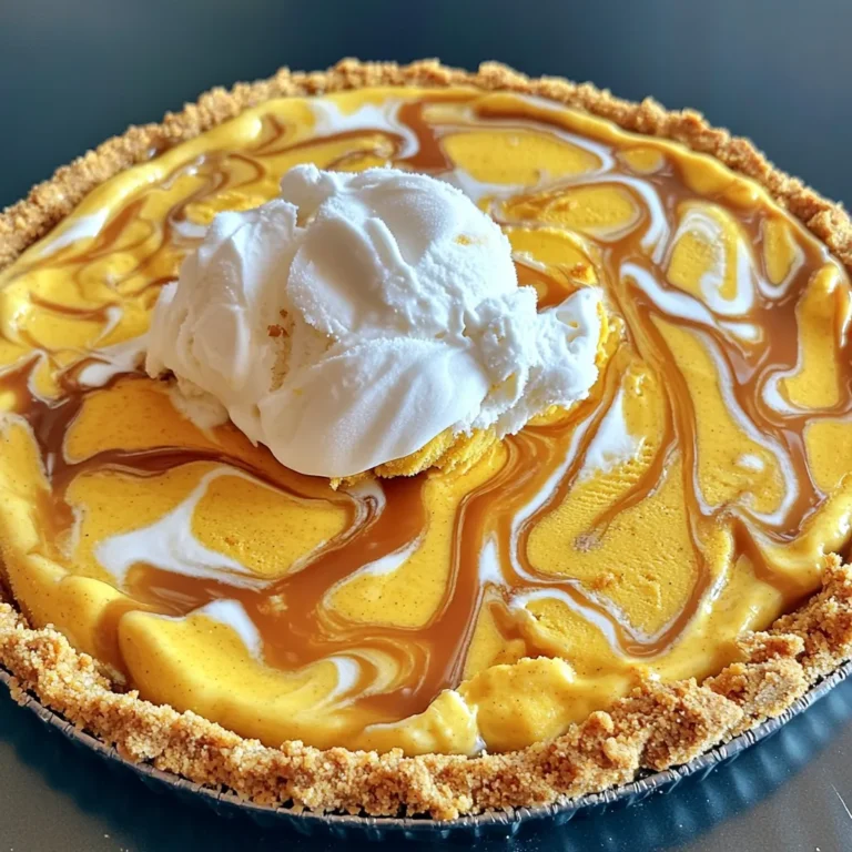 - 1 pre-made graham cracker pie crust - 2 cups vanilla ice cream, softened - 1 cup cream cheese, softened - 1 cup pumpkin puree - 1/2 cup powdered sugar - 1 teaspoon vanilla extract - 1 teaspoon pumpkin pie spice - 1 cup whipped cream, for topping - 2 tablespoons caramel sauce, for drizzling - Optional: crushed graham crackers for garnish To create the perfect pumpkin cheesecake ice cream pie, gather these ingredients. A pre-made graham cracker crust saves time and effort. This crust gives a sweet, crunchy base. Softened vanilla ice cream is key. It adds creaminess and sweetness. Next, use softened cream cheese. The cream cheese gives the pie its cheesecake texture. Pumpkin puree adds rich flavor. It makes the pie perfect for fall. Powdered sugar sweetens the mix without graininess. Vanilla extract enhances all the flavors. Pumpkin pie spice brings warmth and depth. It includes cinnamon and nutmeg, which pair well with pumpkin. Don't forget the whipped cream! It is great for topping the pie. Drizzling caramel sauce adds a touch of sweetness and visual appeal. For a fun twist, use crushed graham crackers as a garnish. They add crunch and a pretty look. This combination of ingredients makes a delightful dessert that everyone will love! - Mixing the base ingredients Start by taking a mixing bowl. Add the softened cream cheese, pumpkin puree, powdered sugar, vanilla extract, and pumpkin pie spice. Use an electric mixer. Beat the mixture until it is smooth and creamy. This step is key for a great texture. - Folding in ice cream Next, gently fold in the softened vanilla ice cream. Use a spatula to combine. Make sure not to overmix. You want a nice, fluffy pumpkin cheesecake ice cream mixture. This mix is what will make your pie so special. - Pouring mixture into crust Grab your pre-made graham cracker pie crust. Carefully pour the pumpkin cheesecake ice cream mixture into it. Use a spatula to smooth the top. This will help it look nice when you serve it. - Freezing instructions Cover the pie with plastic wrap. Place it in the freezer for at least 4 hours. You want the filling to be firm. This step helps the flavors meld together and makes slicing easier. - Slicing recommendations Once it is frozen, take the pie out. Let it sit at room temperature for about 10 minutes. This softens it just enough for easy slicing. For best results, use a sharp knife. Serve each slice with whipped cream and a drizzle of caramel sauce. Optionally, you can sprinkle crushed graham crackers on top for added crunch. How to soften cream cheese and ice cream: To soften cream cheese, take it out of the fridge and let it sit. It should sit for about 30 minutes. For ice cream, scoop it into a bowl. Let it sit for 10 to 15 minutes until it’s soft but not melted. Tips for achieving the right texture: Mix the cream cheese and pumpkin well. This helps blend the flavors. When folding in the ice cream, do it gently. This keeps the mixture light and fluffy. Avoid overmixing, or your pie may turn out dense. Best serving suggestions: Serve the pie chilled. Add a big dollop of whipped cream on top. Drizzle caramel sauce for a sweet touch. Sprinkle crushed graham crackers for crunch. Each slice looks inviting and tastes even better! {{image_2}} You can make this pumpkin cheesecake ice cream pie even more fun. Here are some ideas: - Adding chocolate or peanut butter: Want a richer taste? Mix in chocolate or peanut butter. Swirl in melted chocolate or add peanut butter to the filling. This adds a nice twist and makes the pie extra creamy. - Different crust alternatives: If you want a change from graham crackers, try other crusts. Use an Oreo crust for a sweet kick or a nut crust for more crunch. Each crust gives a unique taste. - Seasonal variations: Try using sweet potato instead of pumpkin for a different flavor. This swaps the taste but keeps the pie's creamy texture. You might also consider adding spices like nutmeg or ginger for a seasonal touch. These variations let you personalize the pie to your taste. Feel free to mix and match these ideas. Each change brings new joy to this delicious dessert! To keep your pumpkin cheesecake ice cream pie fresh, store it properly. After you slice it, wrap the leftover pie in plastic wrap or foil. This helps keep it from getting freezer burn. If you want to freeze it for longer, place it in an airtight container. You can also use a freezer-safe bag. This way, it stays tasty for up to two months. Just remember to write the date on the container. When you are ready to enjoy it again, you should thaw it slowly. Place the pie in the fridge for about 4 hours before serving. This helps keep its creamy texture. If you need to hurry, you can leave it out at room temperature for about 15 minutes. This makes slicing easier. These tips will help you enjoy your pie at its best! Can I use fresh pumpkin instead of canned? Yes, you can use fresh pumpkin. Just cook it until soft, then puree it. Make sure to drain any excess water. This step helps keep your pie from getting too watery. How long can the pie be stored in the freezer? You can store the pie in the freezer for up to two months. Just wrap it well in plastic wrap to prevent freezer burn. When you are ready to eat it, let it sit out for about 10 minutes before slicing. What are some alternative toppings for this pie? You can use chocolate sauce, crushed nuts, or even a sprinkle of cinnamon. Fresh fruit like sliced apples or pears also makes a nice touch. Get creative and try what you love! Is there a gluten-free option for the crust? Yes, you can use a gluten-free pie crust. Look for one made from almond flour or coconut flour. This alternative works well and keeps the pie just as tasty! This blog post covered making a delicious pumpkin ice cream pie. We explored the ingredients, preparation steps, and helpful tips to get it just right. You learned about variations to mix up the flavors and how to store the pie for later. Remember, this simple treat can impress at any gathering. Don't be afraid to try your own twists! Enjoy your baking adventure as you create a dessert that everyone will love.