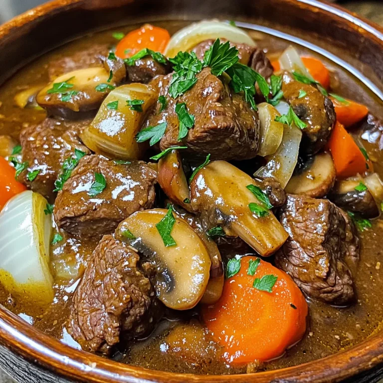 - 2 lbs beef chuck, cut into 1-inch cubes - 8 oz mushrooms, sliced (cremini or button) - 1 large onion, diced - 3 cloves garlic, minced - 4 medium carrots, sliced - 3 cups beef broth - 2 tablespoons tomato paste - 2 teaspoons dried thyme - 2 bay leaves - 1 teaspoon salt - ½ teaspoon black pepper - 3 tablespoons olive oil - 1 tablespoon Worcestershire sauce (optional) - 2 tablespoons cornstarch - Fresh parsley, chopped (for garnish) Gathering these ingredients makes the dish rich and tasty. The beef chuck gives a nice, hearty base. I like using cremini mushrooms for their earthy flavor. A large onion adds sweetness, while garlic brings depth. Don’t skip the carrots; they add color and a slight sweetness. The beef broth provides moisture and flavor. Tomato paste adds richness, and dried thyme gives an herbal touch. The bay leaves add a subtle aroma. Salt and black pepper are essential for seasoning. The olive oil helps to brown the beef and sauté the veggies nicely. Worcestershire sauce is optional but adds umami. Cornstarch thickens the sauce at the end. Finally, parsley adds a fresh finish to each bowl. It’s a delightful way to enhance presentation and flavor. Start by browning the beef cubes. Heat 2 tablespoons of olive oil in a large skillet over medium-high heat. Add the beef cubes in batches. Brown them on all sides. This step adds great flavor. Once browned, transfer the beef to the slow cooker. Next, sauté the vegetables. In the same skillet, add the remaining olive oil. Add the diced onion and minced garlic. Cook until they turn translucent, about 3 to 4 minutes. Then, add the sliced mushrooms and carrots. Cook until they are lightly browned. Transfer this mixture to the slow cooker. Now, it's time to combine the ingredients. In the slow cooker, add the beef broth, tomato paste, thyme, bay leaves, salt, and black pepper. If you want, stir in the Worcestershire sauce. Make sure everything is well mixed. Cover the slow cooker and cook the dish. You can set it on low for 8 hours or on high for 4 hours. Check for tenderness by poking the beef with a fork. It should break apart easily when it's done. To thicken the sauce, remove the bay leaves about 30 minutes before serving. In a small bowl, mix 2 tablespoons of cornstarch with 3 tablespoons of cold water to create a slurry. Stir this back into the slow cooker. Cook for another 30 minutes on high, until the sauce thickens. Before serving, taste the dish and adjust the seasoning if needed. Ladle the bourguignon into bowls. Garnish with freshly chopped parsley. Enjoy it with crusty bread or over mashed potatoes for a hearty meal. The best cut for bourguignon is beef chuck. It has fat and flavor. Fat helps keep the meat moist. You can also use brisket or round. These cuts work well too, but they may not be as tender. You can add more herbs and spices for a richer taste. Try adding rosemary or bay leaves. These herbs will make your dish pop. Using wine is key in this recipe. Red wine adds depth and richness. If you prefer, you can skip the wine and use extra broth. Every slow cooker is a bit different. If your model cooks hot, check the meat sooner. Low settings cook for about 8 hours. High settings cook for around 4 hours. Both methods yield great results, but low cooking is better for flavor. {{image_2}} You can make a tasty vegetarian or vegan version of this dish. Start by substituting the beef with hearty veggies like eggplant or jackfruit. These options mimic the meat's texture well. You can also use plant-based proteins, such as tofu or tempeh. For the broth, switch to a rich vegetable broth. This gives you the same depth of flavor without meat. Mushrooms play a key role in this recipe. You can use shiitake or portobello mushrooms instead of cremini or button mushrooms. Shiitake mushrooms bring a nice, earthy flavor, while portobello adds a meaty texture. Each type of mushroom can change the dish's taste and feel, making it an exciting option to explore. This dish pairs well with many sides. Serve it over rice or pasta for a complete meal. You can also enjoy it with crusty bread to soak up the rich sauce. For a fresh touch, add a side salad or roasted vegetables. These accompaniments enhance the meal and offer a balance to the rich flavors of the bourguignon. After you enjoy your Beef & Mushroom Bourguignon, store any leftovers in an airtight container. Make sure to cool the dish to room temperature first. This helps keep the flavors intact. I recommend eating the leftovers within three days for the best taste. When it’s time to reheat, use the stove or microwave. If using the stove, pour the bourguignon into a pot over low heat. Stir often and cook until hot. If using the microwave, cover the dish and heat for one to two minutes. Stir halfway through to ensure even heating. To freeze the dish, let it cool completely. Then, place it in freezer-safe bags or containers. Make sure to remove as much air as possible to prevent freezer burn. Beef & Mushroom Bourguignon can last up to three months in the freezer. When you’re ready to enjoy it again, thaw it overnight in the fridge. For reheating, you can use the stove or microwave. If using the stove, heat gently over low heat. Stir until hot. If using the microwave, cover and heat in short intervals, stirring often. In the fridge, your Beef & Mushroom Bourguignon lasts for about three days. Keep an eye out for signs of spoilage. If you see any mold or the smell seems off, it’s best to toss it. Always trust your senses when it comes to food safety. Yes, you can make beef bourguignon without wine. Use grape juice or broth instead. These options add flavor without alcohol. You can also use apple cider vinegar or balsamic vinegar. Just reduce the amount a bit. This keeps the taste rich and deep. To speed up the cooking, cut your beef into smaller pieces. Smaller pieces cook faster. You can also sear the beef and sauté the veggies at the same time. This saves time. If you have a Dutch oven, you can cook it on the stove. It takes less time than a slow cooker. I love serving this dish with crusty bread. It soaks up the rich sauce perfectly. Mashed potatoes are another great choice. They add creaminess to the meal. You could also try egg noodles or rice. A simple green salad adds freshness. Yes, you can use an Instant Pot for this recipe. Sear the beef in the pot first. Then, add all the ingredients. Cook on high pressure for about 35 minutes. Let it naturally release for 10 minutes. This method gives you tender beef in less time. This recipe for beef bourguignon combines simple ingredients for a rich taste. You browed beef, sautéed veggies, and mixed them in the slow cooker. Cooking takes time but rewards you with tender meat and deep flavor. Remember, adjust the seasonings to your taste, and explore variations like vegan options. Store leftovers properly to enjoy this dish later. With this guide, you can create a hearty meal that delights everyone. Dive into the kitchen and enjoy the process!