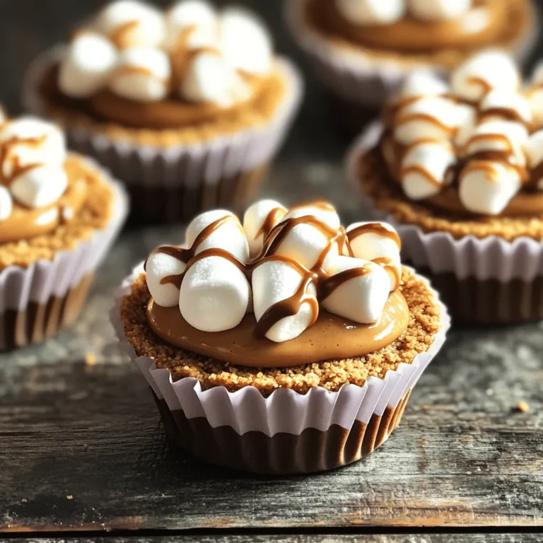 To make Peanut Butter S’mores Cups, you need a few simple ingredients. Each one adds a special touch to the treat. Here’s what you will need: - 1 cup graham cracker crumbs - 1/4 cup granulated sugar - 1/3 cup unsalted butter, melted - 1 cup creamy peanut butter - 1 cup mini marshmallows - 1 cup semi-sweet chocolate chips - 1 teaspoon vanilla extract - Pinch of salt Each ingredient plays a key role. The graham cracker crumbs create a crunchy base. Sugar adds sweetness, while melted butter binds it all together. Creamy peanut butter gives a rich flavor that pairs perfectly with the other ingredients. Mini marshmallows add a soft texture and sweetness. Semi-sweet chocolate chips melt into a gooey layer on top, making each bite delightful. Vanilla extract enhances the overall taste, and a pinch of salt balances the sweetness. You can find most of these items at your local grocery store. Having everything ready will make the process smooth and fun. Enjoy mixing these ingredients to create a treat everyone loves! Start by preheating your oven to 350°F (175°C). This step is key for a great bake. While the oven warms up, line a muffin tin with paper liners. This makes it easy to remove the cups later. In a medium bowl, mix together: - 1 cup graham cracker crumbs - 1/4 cup granulated sugar - 1/3 cup unsalted butter, melted Stir until it looks like wet sand. Use about 1 tablespoon of this mix for each muffin liner. Press it down firmly with a spoon to create a solid crust. Bake this in the oven for about 5 minutes. Let it cool a little before adding the next layers. In another bowl, mix: - 1 cup creamy peanut butter - 1 teaspoon vanilla extract - A pinch of salt Stir until it's smooth. Spoon about 1 tablespoon of this peanut butter mix over each crust. Smooth it out so it's even. Next, add a generous amount of mini marshmallows on top. Melt 1 cup of semi-sweet chocolate chips in a microwave-safe bowl. Heat them in 30-second bursts, stirring each time until they're smooth. Drizzle the melted chocolate over the marshmallows, covering them well. Return the cups to the oven and bake them for another 5 minutes. You want the marshmallows to be golden and gooey. After that, let them cool for at least 10 minutes. Then, transfer them to the fridge for 30 minutes to set. Finally, remove the cups from the muffin tin and enjoy your treat! To melt chocolate, use a microwave-safe bowl. Microwave in 30-second bursts. Stir well between each burst. This method helps avoid burning. You want the chocolate smooth and creamy. If it gets too thick, add a small amount of vegetable oil to loosen it. Always scrape the sides of the bowl to mix in any unmelted bits. This ensures a perfect drizzle over your marshmallows. To store leftover Peanut Butter S’mores Cups, place them in an airtight container. Keep them in the fridge for best freshness. They stay good for about a week. If you want to enjoy them later, let them sit at room temperature for a few minutes before eating. This helps soften them a bit for that perfect bite. You can easily customize these cups to fit your taste. Try different nut butters like almond or cashew for a new twist. Add toppings like chopped nuts or dried fruits for extra crunch. If you like a bit of spice, sprinkle in some cinnamon or sea salt. You can even swap out mini marshmallows for larger ones, or use flavored chocolate chips for added fun. The options are endless! {{image_2}} You can change up the nut butter in this recipe. Almond butter works great too. Cashew butter gives a creamy twist. Sunflower seed butter is perfect for allergies. Each choice adds its own flavor. Just ensure the nut butter is creamy for easy spreading. Want to add more crunch? Sprinkle chopped nuts on top! Walnuts or pecans add nice flavor. You can also use dried fruits, like cranberries or raisins. These toppings add a fun twist. They bring both taste and texture to your Peanut Butter S’mores Cups. For a gluten-free treat, use gluten-free graham crackers. These are widely available now. Check the label to ensure they are certified gluten-free. This keeps your dessert safe for everyone. You still get the same great taste without gluten. Store your Peanut Butter S’mores Cups in an airtight container. Keep them in the fridge. This helps them stay fresh and firm. If you plan to eat them later, make sure they are fully cooled before sealing. These treats will last about five days in the fridge. They taste best when enjoyed fresh, but they still hold up well. Just remember to check for any changes in texture or flavor before eating. If you want to warm them up, use the microwave. Heat for about 10-15 seconds. Keep an eye on them to avoid melting too much. You want the chocolate soft, not a gooey mess. Enjoy them warm for a cozy treat! Yes, you can make Peanut Butter S’mores Cups ahead of time. Prepare them and store them in the fridge. They stay fresh for up to three days. Just make sure to keep them in an airtight container. This way, you can enjoy them whenever you want. If you don’t have graham crackers, use crushed cookies or cereal. Chocolate cookies work great for a richer taste. You can also try vanilla wafers for a different flavor. Just crush them to the same size as graham cracker crumbs. The texture will still be nice and crunchy. Yes, you can freeze Peanut Butter S’mores Cups! First, let them cool completely. Then, wrap each cup in plastic wrap. Place them in a freezer-safe container. They will last for up to two months. When ready to eat, let them thaw in the fridge overnight. Enjoy them chilled or at room temperature! This guide covered how to make delicious Peanut Butter S’mores Cups. We explored ingredients, step-by-step instructions, and tips to make your treats perfect. Whether you want to swap flavors or store leftovers, you have options. Remember, these cups are not only tasty but also fun to customize. Enjoy making these simple desserts with friends and family. Happy cooking!