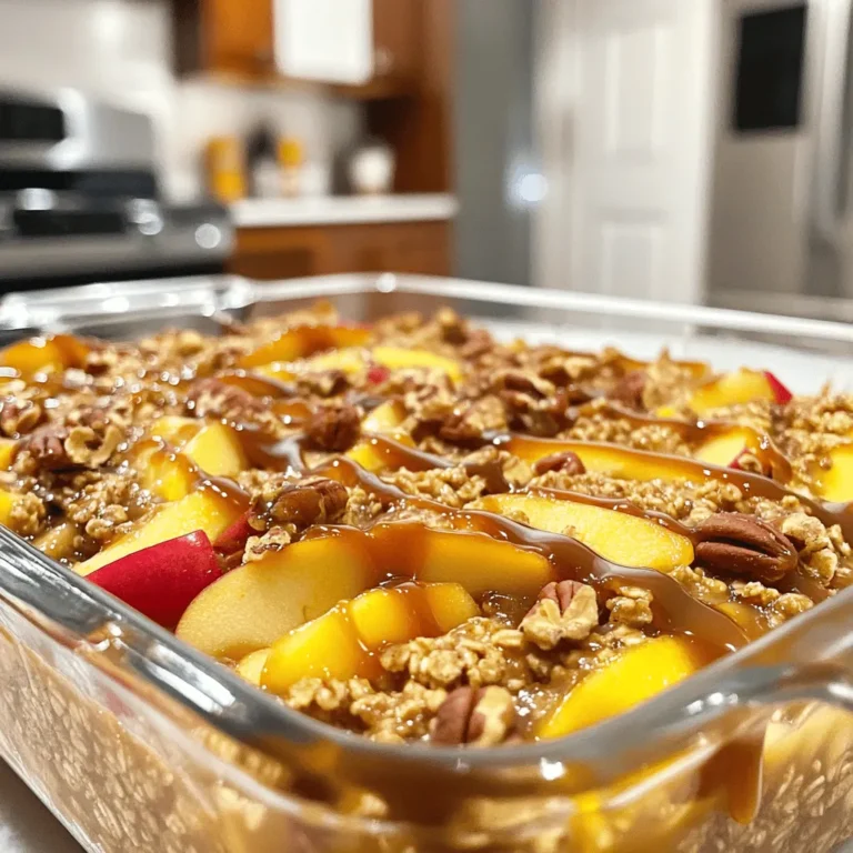 To make the Caramel Apple Oatmeal Bake, you need these key ingredients: - 2 cups rolled oats - 2 cups unsweetened almond milk (or any milk of choice) - 1 large apple, peeled and diced - 1/2 cup brown sugar - 1/4 cup maple syrup - 1 teaspoon vanilla extract - 1 teaspoon ground cinnamon - 1/2 teaspoon nutmeg - 1/4 teaspoon salt - 1/4 cup chopped pecans (optional) - 1/2 cup caramel sauce (store-bought or homemade) - Extra apple slices for topping (optional) Rolled oats are the star here. They give the bake a nice texture. Choose a sweet apple, like Fuji or Honeycrisp, for great flavor. You can tweak the recipe to fit your taste! Here are some ideas: - Add 1/4 cup dried cranberries or raisins for extra sweetness. - Swap pecans with walnuts or almonds for a different crunch. - Mix in 1/2 cup of shredded coconut for a tropical twist. - Use a pinch of allspice for a warm flavor boost. Feel free to get creative! Each option can change the taste and texture. When picking apples, look for firm ones. They should not have bruises. For caramel sauce, you can use store-bought for ease. If you want to make your own, just melt sugar in a pan until it turns golden. Then, mix in cream for a smooth sauce. Great caramel should be rich and not too sweet. This will balance well with the oatmeal bake. First, preheat your oven to 350°F (175°C). This ensures your bake cooks evenly. Grease a 9x9-inch baking dish with non-stick spray or butter. Next, grab a large mixing bowl. Combine the rolled oats, almond milk, diced apple, brown sugar, maple syrup, vanilla extract, cinnamon, nutmeg, and salt. Mix well. You want to coat the oats completely. Pour half of the oat mixture into your greased baking dish. Spread it evenly across the bottom. Drizzle half of the caramel sauce over this first layer of oats. If you like nuts, sprinkle half of the chopped pecans on top. Now, add the remaining oat mixture. Press it down gently with a spatula. Drizzle the rest of the caramel sauce over the top. Finally, sprinkle the remaining pecans. Optionally, add extra apple slices for a nice touch. Bake in your preheated oven for 25-30 minutes. The oats should be set, and the top should turn golden brown. Keep an eye on it towards the end. Each oven is a little different. Once done, let the oatmeal bake cool for about 10 minutes. This helps it hold its shape when you slice it into squares. Enjoy your warm, delicious treat! To make your Caramel Apple Oatmeal Bake shine, focus on your apples. Choose a sweet variety like Honeycrisp or Fuji. These apples add a natural sweetness. Fresh spices also boost the taste. Use fresh ground cinnamon and nutmeg for a strong flavor. Remember to mix the ingredients well. This helps each bite be full of flavor. Serve this bake warm right from the oven. A drizzle of caramel sauce on top adds extra sweetness. I love to add a scoop of vanilla ice cream. It melts slightly and creates a creamy texture. You can also enjoy it with whipped cream or yogurt for a tasty twist. Feel free to sprinkle some nuts on top for a nice crunch! If your bake turns out too dry, try adding more almond milk. Check your oven temperature too; it might run hot or cold. If it’s too wet, let it bake a bit longer. This dish should be golden brown on top. If it sticks to the pan, make sure to grease it well before pouring in the mixture. {{image_2}} You can make this dish healthier with a few easy swaps. Replace brown sugar with coconut sugar. Use a sugar-free caramel sauce for less sweetness. You can also swap almond milk for oat milk or any other milk. For a nut-free version, skip the pecans or use seeds like pumpkin seeds. Change it up with seasonal fruits. In fall, use pears or cranberries for variety. In summer, try peaches or berries for a fresh twist. You can also add bananas for extra sweetness. Each fruit brings new flavors and colors to your oatmeal bake. For added crunch, top your bake with nuts or seeds. Chopped walnuts or almonds work well. You can also sprinkle granola on top before baking. This adds a nice texture and flavor contrast. Drizzle with extra caramel sauce for more sweetness. To keep your Caramel Apple Oatmeal Bake fresh, allow it to cool completely. Then, slice it into squares. Place the squares in an airtight container. Store it in the fridge for up to five days. This way, you can enjoy it for breakfast or a snack later. If you want to freeze your oatmeal bake, first let it cool completely. Then, wrap each square tightly in plastic wrap. Place the wrapped squares in a freezer-safe bag or container. You can freeze them for up to three months. This method makes meal prep easy and convenient. To reheat, simply take out a square from the fridge or freezer. If it's frozen, let it thaw in the fridge overnight. To warm it up, place it in the microwave for about 30 seconds to 1 minute. If you prefer, you can also warm it in the oven at 350°F (175°C) for about 10-15 minutes. Drizzle some caramel sauce on top before serving for extra flavor! Yes, you can easily make this recipe vegan. Just swap regular milk for almond milk or another plant-based milk. Use maple syrup instead of any honey. The rest of the ingredients are already vegan-friendly. Caramel Apple Oatmeal Bake lasts about 3 to 5 days in the fridge. Make sure to store it in an airtight container for best results. You can reheat it in the oven or microwave before serving. You can use many tasty toppings. Try nuts like walnuts or almonds for crunch. Dried fruits, like raisins or cranberries, add sweetness. You can also use yogurt, whipped cream, or extra caramel sauce for added flavor. I do not recommend using instant oats. Instant oats cook faster and will not give the same texture. Rolled oats hold their shape and create a nice bake. Stick to rolled oats for the best outcome. Yes, you can make this dish ahead of time. Prepare it the night before and store it in the fridge. Bake it in the morning for a warm, fresh breakfast. Just remember to add a few extra minutes to the baking time. Caramel apple oatmeal bake combines comforting flavors and smart tips to make every bite count. We explored the main and optional ingredients to guarantee a tasty dish. I shared clear steps and common fixes to help you succeed. You can even customize with healthy swaps or different fruits. This recipe is flexible and perfect for meal prep. Enjoy your delicious creation, and don’t forget to share your results! Your kitchen will be the happiest place with this treat.