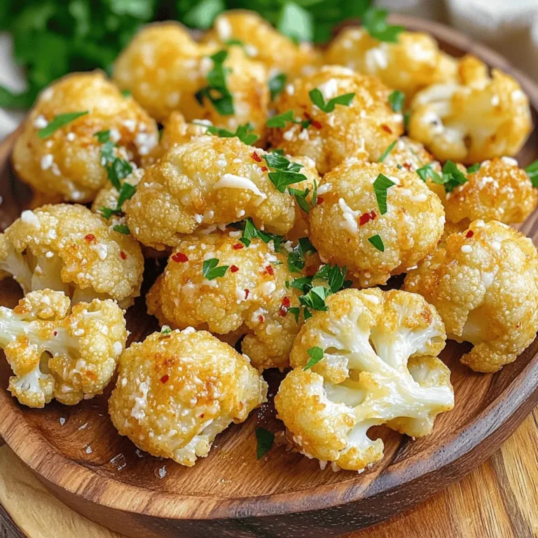 - 1 medium head of cauliflower, cut into florets - 3 tablespoons olive oil - 4 cloves garlic, minced - 1/2 cup grated Parmesan cheese - 1 teaspoon Italian seasoning - Salt and pepper to taste These main ingredients create a tasty base for your dish. The cauliflower offers a great texture. Olive oil adds flavor and helps it crisp up nicely. Garlic brings a strong, savory taste, while Parmesan cheese gives a rich, cheesy flavor. Italian seasoning adds a burst of herbs, making every bite enjoyable. - 1/2 teaspoon red pepper flakes (optional) - Fresh parsley, chopped (for garnish) Red pepper flakes can add a spicy kick if you like heat. Fresh parsley is perfect for garnish. It adds color and freshness, making your dish look great. This recipe serves four. Each serving has about: - Calories: 150 - Protein: 5g - Fat: 10g - Carbohydrates: 12g - Fiber: 4g This dish is a smart choice for a healthy snack or side. It is low in carbs and high in fiber, making it filling and nutritious. You can enjoy it guilt-free! Start by washing your medium head of cauliflower. Cut it into small florets. Make sure they are roughly the same size. This helps them cook evenly. In a large bowl, add the cauliflower florets. Pour in 3 tablespoons of olive oil. Mix well, so every piece is covered. Next, add 4 cloves of minced garlic and 1/2 cup of grated Parmesan cheese. Sprinkle in 1 teaspoon of Italian seasoning. If you like heat, add 1/2 teaspoon of red pepper flakes. Season with salt and pepper. Toss everything until the florets are well coated with the mixture. Preheat your air fryer to 400°F (200°C) for about 5 minutes. Place the coated cauliflower florets in the air fryer basket. Arrange them in a single layer. You might need to do this in batches to get them crispy. Cook the cauliflower for 12-15 minutes. Shake the basket halfway through cooking. This ensures even browning. The florets will turn golden brown and crispy when done. Remove them from the air fryer and place them on a serving platter. Garnish with fresh chopped parsley before serving. To get crispy cauliflower, start with dry florets. Pat them with a towel to remove excess moisture. When you coat them with olive oil, use enough to cover each piece. This helps them crisp up nicely. Don’t overcrowd the air fryer basket; give them space to cook. A single layer works best. Shake the basket halfway through cooking to ensure even browning. You can boost the flavor with simple tweaks. Add more garlic for a stronger taste. A little lemon juice can brighten the dish. If you love heat, toss in more red pepper flakes. Fresh herbs, like thyme or rosemary, add a nice touch too. Experiment with smoked paprika or even a splash of balsamic vinegar for a unique twist. Serve your garlic Parmesan cauliflower as a side dish. It pairs great with grilled chicken or fish. You can also use it as a snack or appetizer. For extra fun, serve it with a dip, like ranch or aioli. Garnish with chopped parsley before serving to add color and freshness. Enjoy your delicious creation with friends and family! {{image_2}} You can switch up the flavors in your Air Fryer Garlic Parmesan Cauliflower. Try adding smoked paprika for a smoky taste. You might also enjoy a sprinkle of garlic powder for extra garlic goodness. Lemon zest can add a bright, fresh touch. If you like heat, consider adding more red pepper flakes or even cayenne pepper. Parmesan is great, but there are many cheese options. You can use Pecorino Romano for a sharper flavor. If you want a creamier texture, try mozzarella or provolone. Nutritional yeast is a tasty choice for a dairy-free option. Mixing cheeses can also create a unique flavor profile that’s fun to explore. Feel free to add more veggies to your dish. Broccoli florets pair well with cauliflower. Bell peppers can add color and sweetness. You can also use Brussels sprouts or zucchini for variety. Just be sure to cut them into similar sizes for even cooking. This way, you get a tasty mix and a colorful plate! Store leftover air fryer garlic Parmesan cauliflower in an airtight container. It stays fresh for up to three days. Make sure it cools down first to keep it crispy. When you want a quick snack, just grab a piece from the fridge. To freeze this dish, place the cooled cauliflower in a freezer-safe bag. Remove as much air as possible before sealing. You can freeze it for up to three months. When you’re ready to eat, let it thaw in the fridge overnight. To reheat, use your air fryer. Preheat it to 375°F (190°C). Place the cauliflower in the basket and heat for about 5-7 minutes. This keeps the cauliflower crispy. You can also use a microwave, but it may get soggy. Enjoy your tasty leftovers! You will know the cauliflower is done when it turns golden brown and crispy. The cooking time is about 12-15 minutes at 400°F. I suggest shaking the basket halfway through cooking. This will help it cook evenly. You can also poke a floret with a fork. If it feels tender, it is ready to serve. Yes, you can use frozen cauliflower. Just thaw it and drain any excess water. This step is key to avoid soggy florets. The cooking time may change slightly. Check them after about 10 minutes. You want them crispy, just like fresh cauliflower. If you don’t have Parmesan cheese, you can try other cheeses. Grated pecorino or nutritional yeast work well. Both will give a nice flavor. You can also use a dairy-free cheese for a vegan option. Just make sure it melts well for the best taste. In this blog post, we explored the ingredients needed for a tasty cauliflower dish. We walked through simple steps to prepare, coat, and air fry the florets. I shared tips for crispiness and flavor, plus variations to make it your own. Finally, I covered how to store and reheat leftovers. Remember, cooking is fun and easy. Use this guide to enjoy your cauliflower, and don’t shy away from making it your own!