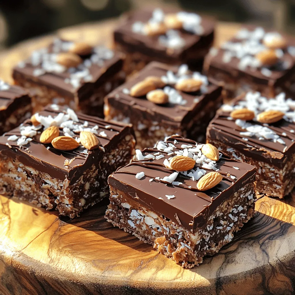 - 1 cup rolled oats - 1 cup almond flour - 1/2 cup unsweetened shredded coconut - 1/2 cup almond butter - 1/3 cup pure maple syrup or honey - 1/4 cup cocoa powder - 1 teaspoon vanilla extract - 1/4 teaspoon sea salt - 1/4 cup dark chocolate chips for topping - Extra shredded coconut for garnish To make these bars, gather all your ingredients. Each one plays a part in the flavor and texture. The rolled oats give a hearty base. Almond flour adds a nutty taste and helps bind everything. The unsweetened shredded coconut brings a touch of sweetness without being too much. Almond butter is a must for creaminess. You can use any nut butter if you prefer. Pure maple syrup or honey sweetens the bars and keeps them moist. Cocoa powder packs a rich chocolate flavor while the vanilla extract adds depth. Sea salt highlights the sweetness and makes all the flavors pop. The dark chocolate chips on top provide a lovely finish. Finally, extra shredded coconut makes for a pretty garnish. - Nuts (e.g., walnuts or pecans) - Seeds (e.g., chia or sunflower seeds) If you want to mix things up, consider adding nuts or seeds. Walnuts or pecans will add crunch. Chia or sunflower seeds offer a boost of nutrition. These add-ins can enhance the flavor and texture of your bars. Feel free to experiment based on what you like! - In a large bowl, combine 1 cup rolled oats, 1 cup almond flour, 1/2 cup shredded coconut, 1/4 cup cocoa powder, and 1/4 teaspoon sea salt. Mix these dry ingredients well. This step is key for even flavor. - In another bowl, whisk together 1/2 cup almond butter, 1/3 cup maple syrup (or honey), and 1 teaspoon vanilla extract. Make this mixture smooth and creamy. - Pour the wet mixture into the dry ingredients. Stir with a spatula or your hands until fully mixed. The mixture should feel moist and sticky. - Line an 8x8 inch baking dish with parchment paper. Leave some paper hanging over the edges for easy removal. - Press the mixture into the dish firmly. Use the back of a spatula or your hands to make it compact and level. This helps the bars hold together. - To melt the chocolate, place 1/4 cup dark chocolate chips in a small bowl. Heat in the microwave in 20-second intervals. Stir in between until it's smooth and melted. - Pour the melted chocolate over the pressed mixture in the baking dish. Spread it evenly using a spatula. - Sprinkle some extra shredded coconut on top for garnish. This adds a nice touch to the look. - Refrigerate the bars for 1 to 2 hours until they are firm. - Once set, lift the bars out using the parchment paper. Cut them into squares or rectangles. Enjoy your tasty treat! To make sure your No Bake Chocolate Coconut Almond Bars are just right, focus on two key steps. - Ensuring the mixture is moist and sticky: When mixing, combine the dry and wet ingredients well. The almond butter and syrup should coat the oats and flour. If the mixture feels dry, add a bit more almond butter or syrup. This helps bind everything together. - Properly pressing the mixture into the dish: Line your baking dish with parchment paper. Press the mixture firmly and evenly into the dish. Use your hands or a spatula to pack it down. A compact layer helps the bars hold their shape when cut. Storing your bars correctly keeps them fresh and tasty. - Recommended storage methods: Place the bars in an airtight container. If you stack them, use parchment paper between layers to prevent sticking. This keeps them looking nice. - Shelf life and freezing tips: In the fridge, the bars last about one week. For longer storage, freeze them. Wrap them tightly in plastic wrap, then place them in a freezer bag. They can last up to three months. When ready to eat, thaw them in the fridge overnight. This keeps the texture just right. {{image_2}} You can easily change the taste of these bars. Try using different nut butters. Peanut butter gives a rich flavor, while cashew butter adds creaminess. You can also mix in extra flavors. A dash of cinnamon can warm up the taste. Espresso powder brings a nice coffee twist. You can adapt these bars to fit various diets. For a vegan option, swap honey for maple syrup. This keeps it plant-based. If you need gluten-free bars, almond flour and oats work well. Make sure your oats are certified gluten-free to avoid cross-contamination. Enjoy these fun twists while still keeping them healthy! To keep your No Bake Chocolate Coconut Almond Bars fresh, I recommend using airtight containers. They help prevent moisture and keep the bars safe from odors. You can also use parchment paper. This allows for easy removal if you stack the bars in the container. Temperature is key. If you store the bars in the fridge, they will stay firm and last longer. They can sit at room temperature for a short time, but I prefer the fridge. This keeps the chocolate from melting and the bars hold their shape better. Want to keep them for longer? Freezing is a great option! You can wrap each bar in plastic wrap and place them in a freezer-safe bag. This helps keep them fresh for up to three months. When you're ready to enjoy a bar, remove it from the freezer. Let it thaw at room temperature for about 15-20 minutes. This helps the texture stay nice and chewy. You can also pop it in the fridge for a slower thaw, which works well too. Enjoy your tasty treat! Yes, you can use honey or agave syrup as sweeteners. Both options work well. They add sweetness and help bind the bars together. Just remember, honey is not vegan, but agave is. If you prefer a lower-glycemic option, try using coconut sugar. These bars can last up to a week in the fridge. Store them in an airtight container to keep them fresh. If you want to enjoy them longer, you can freeze them. They freeze well for up to three months. You can skip the chocolate topping if you prefer a lighter snack. The bars still taste great without it. If you want a different flavor, consider adding a layer of almond butter instead. It adds creaminess and pairs well with the other flavors. Yes, these bars are gluten-free. The main ingredients, oats and almond flour, do not contain gluten. Just make sure to use certified gluten-free oats to avoid cross-contamination. This makes them a perfect snack for those with gluten sensitivity. The recipe showcases simple ingredients to make tasty and healthy bars. You learned how to combine oats, nut butter, and chocolate for a delicious treat. I shared tips on storage, flavor variations, and dietary options. With these steps, you can easily create your own bars. Experiment with different add-ins, and enjoy your homemade snacks!