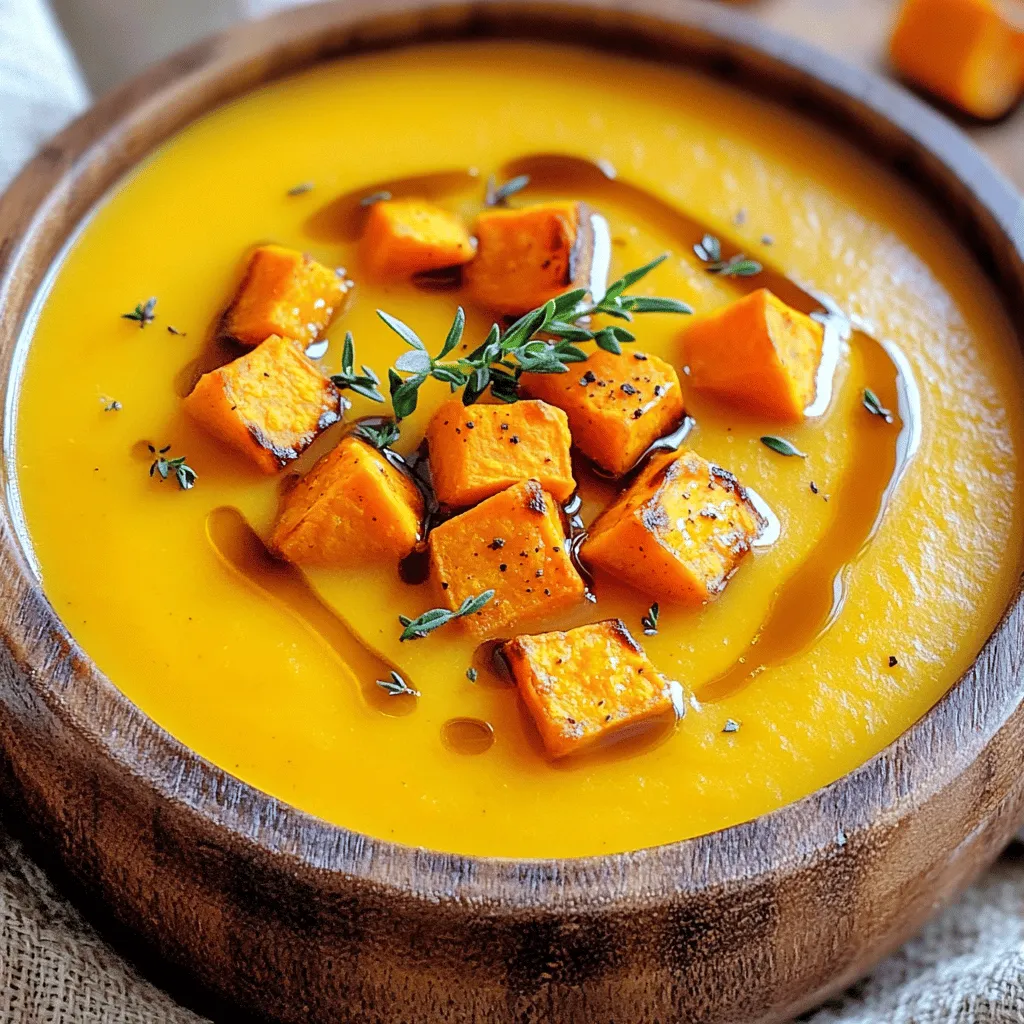 To make Maple Roasted Sweet Potato Soup, you need a few key ingredients. Each one adds to the rich flavor and cozy vibe of the soup. - 3 medium sweet potatoes, peeled and cubed - 2 tablespoons olive oil - 1 teaspoon ground cinnamon - ½ teaspoon nutmeg - Salt and pepper to taste - 1 medium onion, chopped - 2 cloves garlic, minced - 4 cups vegetable broth - 1 cup coconut milk - 2 tablespoons pure maple syrup - Fresh thyme leaves for garnish Sweet potatoes are the star of this dish. They provide that creamy texture and natural sweetness. Olive oil helps to roast them to perfection, while spices like cinnamon and nutmeg bring warmth to the soup. Onion and garlic work as great aromatics. They add a savory depth that balances the sweet. The vegetable broth serves as the base for the soup, making it rich and hearty. Coconut milk gives a creamy finish, and maple syrup adds a lovely touch of sweetness. Don’t forget fresh thyme leaves! They make a great garnish and add a pop of color. Each ingredient plays a role in creating a warm, comforting bowl of soup that you’ll love to share. 1. Start by preheating your oven to 400°F (200°C). This gets it ready for roasting. 2. Next, peel and cube three medium sweet potatoes. Place them in a large bowl. 3. Drizzle in two tablespoons of olive oil. Add one teaspoon of ground cinnamon, half a teaspoon of nutmeg, and salt and pepper to taste. 4. Toss everything until the sweet potatoes are well coated in the oil and spices. 1. Spread the sweet potatoes on a baking sheet in a single layer. 2. Roast them for 25-30 minutes. Flip them halfway through. You want them tender and caramelized. 3. While the potatoes roast, heat a splash of olive oil in a large pot over medium heat. 4. Add one chopped onion and sauté it for about five minutes. The onion should become translucent. 5. Then, add two minced garlic cloves to the pot. Cook for one to two minutes until the garlic smells nice. 6. Once the sweet potatoes are done, add them to the pot with the onions and garlic. 7. Pour in four cups of vegetable broth and bring everything to a simmer. Let it cook for about ten minutes. This helps all the flavors mix well. 1. After simmering, take the pot off the heat. Stir in one cup of coconut milk and two tablespoons of pure maple syrup. 2. Use an immersion blender to blend the soup until it’s smooth and creamy. If you don’t have one, carefully transfer it to a regular blender. 3. Taste the soup. Adjust seasoning if needed. Add more salt, pepper, or maple syrup if you want. 4. Serve the soup hot. Garnish each bowl with fresh thyme leaves for a nice touch. - Dairy-free options: Use almond milk or oat milk instead of coconut milk. They add creaminess and flavor without dairy. - Alternative sweeteners or spices: Try honey or agave syrup instead of maple syrup. You can also use ginger or allspice for a different flavor twist. - Best practices for roasting sweet potatoes: Cut sweet potatoes into even cubes. This helps them cook evenly. Toss them in oil and spices before roasting. Spread them out on the baking sheet. This allows them to get nice and caramelized. - How to achieve a creamy texture: Blend the soup until it's smooth. An immersion blender works best. If you use a regular blender, do it in batches. Adding coconut milk helps make the soup rich and creamy. - Pairing with bread or toppings: Serve with crusty bread or crackers. You can also top the soup with crispy bacon or roasted seeds. Fresh herbs like thyme add color and flavor. - Presentation ideas for a beautiful bowl: Use a shallow bowl for serving. Drizzle a bit of coconut milk on top for a beautiful swirl. Add a few thyme leaves for garnish. This makes the dish look as good as it tastes. {{image_2}} You can make this soup even better with extra spices. Ginger adds warmth and a nice zing. Just a teaspoon can brighten each bite. Curry powder can also give it a unique twist. It adds depth and a hint of spice. You can also try adding fresh herbs. Basil or cilantro can give it a fresh taste. Just chop them fine and stir them in right before serving. You can mix in other veggies too. Carrots or butternut squash can add sweetness. Just roast them the same way as the sweet potatoes. This will create a rich flavor blend. Consider adding a bit of chili for heat if you enjoy spice. Just a pinch can change the whole soup. This soup is great hot, but you can serve it chilled too. It makes a refreshing summer dish. Just let it cool and blend well. You can then add a touch of lemon juice for brightness. This will make it light and tasty. If you want a heartier meal, add proteins. Cooked chicken or beans can make it filling. You can stir them in just before serving. This way, you get a full meal in a bowl. Adding a dollop of yogurt or sour cream also makes it rich and creamy. To store leftovers, let the soup cool to room temperature. Then, pour it into an airtight container. This keeps it fresh. You can store the soup in the fridge for up to four days. For best taste, eat it within two days. The best containers for soup storage are glass jars or plastic containers with tight lids. They help avoid spills and keep the soup's flavor strong. Label your containers with the date. This helps you track how long they've been stored. To freeze the soup, first let it cool completely. Then, pour it into freezer-safe bags or containers. Leave some space at the top. This allows for expansion as it freezes. You can freeze the soup for up to three months. For reheating, take the soup out of the freezer and thaw it overnight in the fridge. You can also use the microwave on low setting. Once thawed, heat it on the stove over medium heat. Stir it often to keep it smooth and creamy. If it’s too thick, add a splash of vegetable broth or coconut milk. To make this soup vegan, you can swap coconut milk for a plant-based milk. Use almond, soy, or oat milk as good choices. Ensure your vegetable broth is vegan too. The maple syrup is already vegan, so you’re all set there! Yes, you can use other potatoes. While sweet potatoes give a rich taste, regular potatoes work too. They may change the flavor a bit. Yukon gold or red potatoes add creaminess. Just remember to adjust cooking times if needed! Leftover soup keeps well in the fridge for about 3 to 5 days. Store it in an airtight container for the best freshness. If you want to keep it longer, freezing is a great option! This post covered how to make a tasty Maple Roasted Sweet Potato Soup. We looked at key ingredients, preparation steps, and tips for cooking. I shared serving ideas and ways to store your soup. You can also customize this recipe with different spices or veggies. In the end, this soup stands out, whether warm or cold. Enjoy making it, and share it with friends!