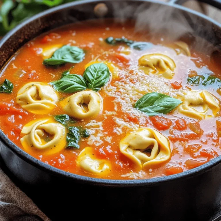 - 2 tablespoons olive oil - 1 medium onion, diced - 3 cloves garlic, minced - 1 can (28 ounces) crushed tomatoes - 4 cups vegetable broth - 1 teaspoon dried oregano - 1 teaspoon sugar - Salt and pepper to taste - 1 package (9 ounces) refrigerated tortellini - 2 cups fresh spinach, roughly chopped - 1 cup heavy cream or coconut milk - ½ cup fresh basil leaves, chopped - Grated Parmesan cheese for serving - Olive oil: You can use other oils like canola or avocado oil if needed. - Onion: Shallots work well if you prefer a milder taste. - Garlic: Fresh garlic is best, but you can use garlic powder in a pinch. - Crushed tomatoes: Diced tomatoes can substitute if that's what you have on hand. - Vegetable broth: Use chicken broth for a non-vegetarian option. - Dried oregano: Italian seasoning can replace oregano for a different flavor. - Sugar: Honey or maple syrup can balance the acidity if you prefer. - Tortellini: Any fresh or frozen tortellini works great. - Spinach: Kale or Swiss chard are nice substitutes for a heartier green. - Heavy cream: Use coconut milk for a dairy-free option. - Basil: Dried basil can be used, but fresh gives better flavor. - Parmesan cheese: Nutritional yeast is a great dairy-free substitute. - Large pot or Dutch oven: This is key for cooking everything in one pot. - Sharp knife: A good knife helps with dicing and chopping. - Cutting board: Use this to protect your counters while prepping. - Wooden spoon: Perfect for stirring your soup as it cooks. - Measuring cups and spoons: Accurate measurements help keep flavors balanced. - Ladle: For serving the soup easily. - Soup bowls: Choose sturdy bowls for a fun meal experience. To make this soup, gather all your ingredients. You need a large pot and a wooden spoon. The prep time is just 10 minutes. Plan for about 30 minutes total to cook the soup. 1. Heat the olive oil in your pot over medium heat. 2. Add the diced onion. Sauté for about 5 minutes, until it's soft and clear. 3. Mix in the minced garlic. Cook for 1-2 minutes until it smells great. 4. Pour in the crushed tomatoes and vegetable broth. Add the dried oregano, sugar, salt, and pepper. 5. Bring this mix to a simmer. Let it cook for 10-15 minutes. This lets the flavors blend. 6. Add the tortellini. Cook them for about 4-5 minutes until they float and feel tender. 7. Stir in the chopped spinach and heavy cream. Mix until the spinach wilts and the soup gets creamy. 8. Take the pot off the heat. Add the fresh chopped basil. Taste and adjust the salt and pepper. 9. Serve hot. Top with extra basil leaves and grated Parmesan cheese, if you want. - When sautéing the onion, look for a soft, translucent look. - The soup should bubble gently when simmering. - Tortellini are done when they float to the top. To achieve a great flavor in your One-Pot Tomato Basil Tortellini Soup, focus on the basics. Start with fresh ingredients. Fresh garlic and onions really boost the taste. When you add crushed tomatoes, make sure to balance their acidity. A teaspoon of sugar works wonders. It can soften the tangy taste. Don't forget to season well with salt and pepper. Taste your soup as it cooks. This will help you find the best flavor. Serve your soup hot for the best experience. A sprinkle of grated Parmesan cheese adds a nice touch. Fresh basil leaves on top give a burst of flavor. Pair it with crusty bread or a light salad. This makes a complete meal. You can also offer a drizzle of olive oil for extra richness. Avoid overcooking the tortellini. They should float and be tender. If they get too soft, they'll break apart in the soup. Also, add spinach at the end. This keeps it bright and fresh. Don't forget to taste as you go. Adjust the salt and pepper to fit your taste. Lastly, make sure to stir in the basil right before serving. This keeps its flavor vibrant and fresh. {{image_2}} You can easily change up the protein in this soup. Adding cooked chicken or sausage boosts flavor and richness. If you want a meat-free option, use beans like cannellini or chickpeas for protein. These swaps keep the soup hearty while keeping it simple. If you need a gluten-free option, use gluten-free tortellini. Many brands offer tasty choices. For a vegan soup, swap the heavy cream with coconut milk. You can also skip the cheese or use a vegan Parmesan. These changes make the soup fit any diet. Boost the flavor with extra herbs and spices. A pinch of red pepper flakes adds warmth. Fresh thyme or parsley can brighten the dish. You can also drizzle some balsamic vinegar before serving for a tangy kick. These small tweaks give your soup a new twist every time you make it. To store your leftover One-Pot Tomato Basil Tortellini Soup, let it cool first. Once it cools, pour the soup into an airtight container. Seal the container tightly to keep out air and moisture. Place it in the fridge if you plan to eat it soon. Leftovers can last up to three days in the fridge. When you're ready to enjoy your soup again, pour it into a pot. Heat it on the stove over medium heat. Stir it often until it warms through. You can also microwave it in a bowl. Cover the bowl to prevent spills. Heat in short bursts and stir in between until hot. If you want to keep the soup longer, freezing is a great option. First, let the soup cool completely. Then, pour it into freezer-safe bags or containers. Leave some space at the top, as the soup will expand when frozen. This soup can last up to three months in the freezer. When you’re ready to eat it, thaw it overnight in the fridge before reheating. One-Pot Tomato Basil Tortellini Soup stays fresh in the fridge for about 3 to 4 days. Make sure to store it in an airtight container. This keeps the soup tasty and safe to eat. If you want to enjoy it later, label the container with the date you made it. Yes, you can use frozen tortellini in this soup. Just add them straight from the freezer. They may take a little longer to cook. Check the package for cooking times. Frozen tortellini will still taste great and help save time. This soup pairs well with many sides. Here are some ideas: - Crusty bread or garlic bread for dipping - A fresh green salad with a light dressing - Grilled cheese sandwiches for a cozy meal - A cheese platter for a fun appetizer These options will enhance your soup experience and make it feel complete. In this article, we explored the key ingredients for One-Pot Tomato Basil Tortellini Soup. You learned about substitutions and the tools you'll need. We went through clear steps to prepare this dish and shared tips to enhance flavor and avoid common mistakes. You also discovered ways to modify the recipe for different diets and how to store your leftovers. Now, you can enjoy a delicious, easy soup! Follow these steps for great results and share your cooking adventures.