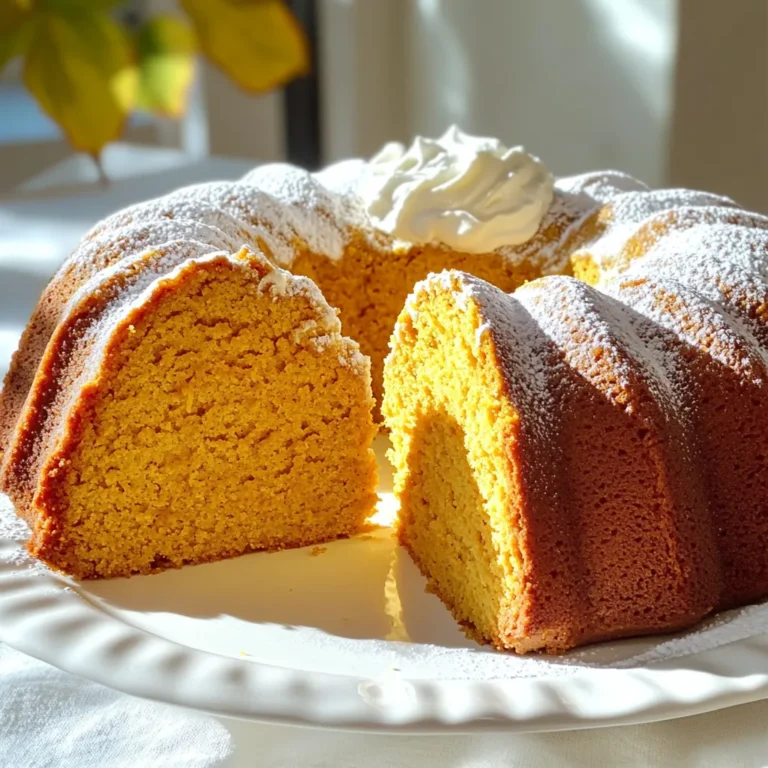- 1 cup unsalted butter, softened - 1 cup cream cheese, softened - 2 cups granulated sugar - 4 large eggs - 2 cups all-purpose flour - 1 teaspoon baking powder - 1 teaspoon baking soda - 1 teaspoon ground cinnamon - ½ teaspoon ground nutmeg - ½ teaspoon ground ginger - 1 cup canned pumpkin puree - 1 teaspoon vanilla extract - ½ teaspoon salt For the best results, use high-quality ingredients. Fresh butter and cream cheese make a big difference. Make sure your eggs are at room temperature. This helps them blend better into the batter. - Powdered sugar for dusting - Vanilla ice cream or whipped cream for serving You can add powdered sugar on top for a sweet touch. If you want to make it even better, serve it with vanilla ice cream or whipped cream. This adds a nice contrast to the pumpkin flavor. With these ingredients, you're set for a delightful baking experience. Each one plays a key role in making your Pumpkin Cream Cheese Pound Cake irresistible. - Preheat your oven to 350°F (175°C). - Grease and flour a 10-inch bundt pan. - In a large bowl, mix 1 cup of softened butter and 1 cup of softened cream cheese. Use an electric mixer on medium speed. Blend until the mix is creamy and smooth. - Gradually add in 2 cups of granulated sugar. Beat until light and fluffy, about 3 to 5 minutes. - Add 4 large eggs, one at a time. Mix well after each egg. Scrape down the bowl as needed. - In another bowl, whisk together 2 cups of all-purpose flour, 1 teaspoon of baking powder, 1 teaspoon of baking soda, 1 teaspoon of ground cinnamon, ½ teaspoon of ground nutmeg, ½ teaspoon of ground ginger, and ½ teaspoon of salt. - Gradually add the dry mix to the butter mixture, alternating with 1 cup of canned pumpkin puree. Start and end with the dry mix. Stir until just combined. - Stir in 1 teaspoon of vanilla extract. - Pour the batter into the prepared bundt pan. Smooth the top with a spatula. - Bake in the oven for 60 to 70 minutes. Check for doneness by inserting a toothpick into the center. It should come out clean. - Let the cake cool in the pan for about 15 minutes. Then remove it and cool completely on a wire rack. - Use softened butter and cream cheese for a smooth batter. - Mix well to avoid lumps. - For best results, keep eggs and cream cheese at room temperature. - Room temperature ingredients blend easily, making a lighter cake. - Dust the cooled cake with powdered sugar for a sweet touch. - Drizzle a glaze made from powdered sugar and milk for shine. - Serve each slice with whipped cream or vanilla ice cream. - This adds flavor and makes it look special. - To prevent a sunken cake, do not overmix the batter. - Bake until a toothpick comes out clean. - For a dry texture, avoid overbaking. - Check the cake before the time is up to ensure moisture. {{image_2}} You can add a twist to your cake by mixing in chocolate chips or nuts. I love using walnuts or pecans for a crunchy bite. They add both taste and texture. You can also swap spices for new flavors. Try adding cardamom or cloves for a warm, spicy kick. Each spice brings a different taste, making each cake special. If you need a gluten-free option, almond flour works great. It gives the cake a moist texture and rich flavor. You can also make a low-sugar version. Use stevia or monk fruit sweetener instead of sugar. This way, you enjoy the cake without the extra sugar. Fall is the best time to use fresh pumpkin puree. It has a bright flavor and makes the cake even better. You can also mix in seasonal flavors like apple or maple. These flavors bring warmth to the cake. They make it perfect for fall gatherings or cozy nights. To keep your Pumpkin Cream Cheese Pound Cake fresh, store it at room temperature. Wrap it in plastic wrap or place it in an airtight container. This method keeps the cake moist and tasty for about three days. If you have leftovers, refrigerate them. Use a tight-lid container for the fridge. This way, you can enjoy the cake for up to a week without losing flavor. For longer storage, freezing is your best option. Wrap the cooled cake tightly in plastic wrap. Then, place it in a freezer-safe bag or container. This will keep it fresh for up to three months. When you’re ready to enjoy it, thaw the cake in the fridge overnight. For the best taste, enjoy the cake within a month or two after freezing. How long does Pumpkin Cream Cheese Pound Cake last? This cake lasts up to five days at room temperature. Store it in an airtight container. It stays fresh and tasty, making it a great treat for guests or family. Can I make this recipe in advance? Yes, you can make this cake a day or two ahead. It tastes even better after the flavors meld together. Just cover it well and store it at room temperature. What should I do if my cake is too dense? If your cake is too dense, check your mixing method. Make sure you beat the butter and cream cheese until fluffy. Also, check that you measured the flour correctly. Too much flour can cause density. Can I use a different pan size? You can use a different pan size, but baking times will change. A smaller pan may need less time, while a larger one may need more. Check for doneness with a toothpick. Is it necessary to use cream cheese? Yes, cream cheese adds moisture and richness. If you skip it, the cake may turn out dry. You could try sour cream as a substitute for a similar effect. Can I substitute pumpkin puree with fresh pumpkin? Yes, you can use fresh pumpkin. Cook and puree the pumpkin until smooth. Make sure it's not too watery, or it will change the cake's texture. What can I use instead of eggs for a vegan version? You can use applesauce or mashed bananas as an egg substitute. Use 1/4 cup for each egg. Flax eggs are another option; mix one tablespoon of flaxseed meal with two and a half tablespoons of water for one egg. This blog post covered how to make a delicious Pumpkin Cream Cheese Pound Cake. We discussed key ingredients and provided simple steps for baking. I shared tips to avoid common issues and variations to explore new flavors. You can also store the cake easily for later enjoyment. Remember, baking is about fun and creativity. Enjoy the process, and don’t hesitate to try your own twists! Your cake can be a hit whether for a holiday or any day of the year.