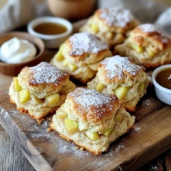 - 2 cups all-purpose flour - 1/3 cup granulated sugar - 1 tablespoon baking powder - 1 teaspoon cinnamon - 1/2 teaspoon salt - 1/2 cup unsalted butter, cold and cubed - 1 large apple, preferably Granny Smith - 1/2 cup heavy cream - 1 large egg - 1 teaspoon vanilla extract - 1/4 cup brown sugar (for topping) - 1 tablespoon milk (for brushing) For these bakery-style apple cinnamon scones, you need fresh and simple ingredients. The all-purpose flour gives the scones a nice base. Granulated sugar adds sweetness, while brown sugar on top adds a crunchy finish. Cinnamon and salt enhance the flavor. Cold butter makes the scones flaky, and the apple adds a juicy bite. Heavy cream and egg blend together to bind the dough. Vanilla extract provides warmth and depth to the taste. When choosing an apple, I recommend Granny Smith. They balance the sweetness and acidity perfectly. Gather these ingredients, and you’re ready to create something special. - Preheat your oven to 400°F (200°C) and line a baking sheet with parchment paper. - In a large mixing bowl, combine the flour, granulated sugar, baking powder, cinnamon, and salt. Mix well. - Incorporate the cold, cubed butter into the dry mixture. Use your fingertips to create coarse crumbs. - Gently fold in the diced apple, being careful not to crush the pieces. - In a separate bowl, whisk together the heavy cream, egg, and vanilla extract. - Pour the wet ingredients into the dry mixture. Stir gently until just combined; do not overmix. - Turn the dough out onto a lightly floured surface. Shape it into a circle about 1-inch thick. - Cut the circle into 8 equal wedges and place them on the prepared baking sheet. - Brush the tops of the scones with milk and sprinkle brown sugar over them for a crispy topping. - Bake for 18-20 minutes or until the scones turn golden brown on top. To get the best texture for your scones, start by cutting cold butter into the flour. Use a pastry cutter or your fingers to work the butter until it looks like coarse crumbs. This keeps the butter cold, which helps the scones rise. Avoid overmixing your dough. Once you add the wet ingredients, mix gently. Stir just until combined. Overmixing can make your scones tough, and we want them light and fluffy. Set your oven to the right temperature. Preheating to 400°F (200°C) ensures your scones bake evenly. An oven thermometer can help you check the temperature. To check if your scones are done, look for a golden-brown color on top. You should see a slight rise, and the scones should feel firm to the touch. Serve your scones on a rustic wooden board for a beautiful look. Dust them lightly with powdered sugar for a sweet touch. Pair them with apple butter or clotted cream in small bowls. This adds elegance and extra flavor. Enjoy with a cup of tea or coffee for a delightful treat! {{image_2}} You can make your apple cinnamon scones even better! - Add nuts: Chopped walnuts or pecans give a nice crunch. - Dried fruits: Raisins or cranberries add sweet bites. - Spices: Try adding nutmeg for a warm twist. You can still enjoy these scones if you have dietary needs. - Gluten-free flour: Use almond flour or a gluten-free blend. - Dairy swaps: Replace heavy cream with coconut milk or almond milk. Use vegan butter for the recipe. Make your scones fit the time of year! - Seasonal fruits: Swap apples for blueberries in summer or cranberries in fall. - Spice changes: Add cloves or allspice for holiday flavors. To store your scones at room temperature, place them in an airtight container. This keeps them soft and fresh. You can also wrap each scone in plastic wrap for extra protection. Enjoy them within three days for the best taste. If you want to keep them fresh longer, store them in the fridge. For longer storage, freeze baked scones. Wrap each one in plastic wrap and then place them in a freezer bag. This method keeps them fresh for up to three months. To reheat, let scones thaw at room temperature. You can warm them in the oven at 350°F for about 10 minutes. This helps restore their crispy edges. You can tell if scones have gone bad by checking for mold or an off smell. If they feel very dry or hard, it’s best to toss them. Always use clean, dry containers to store your scones. This prevents moisture and keeps them fresh longer. Can I make the dough ahead of time? Yes, you can make the dough ahead of time. After mixing, wrap it in plastic wrap. Refrigerate it for up to 24 hours. When you are ready to bake, just shape and cut the scones. What can I substitute for heavy cream? You can use whole milk or half-and-half as a substitute for heavy cream. This will change the texture slightly, but the scones will still be tasty. If you want a richer flavor, use sour cream or yogurt. Can I use a different type of apple? Absolutely! You can use various apples. Fuji, Honeycrisp, or any sweet apple works well. Just make sure they are firm to hold their shape during baking. What is the best way to cut scones? The best way to cut scones is with a sharp knife. Cut the dough into wedges or use a round cutter for circles. Make clean cuts to avoid squishing the dough. This helps them rise evenly. How do I know when the scones are done baking? You will know the scones are done when they are golden brown on top. They should feel firm to the touch. If you insert a toothpick, it should come out clean or with a few crumbs. What drinks pair well with apple cinnamon scones? Apple cinnamon scones pair well with tea, coffee, or apple cider. A warm cup of chai tea adds a nice spice. For a sweet touch, try hot chocolate. How to store leftover scones or reheat them for serving? Store leftover scones in an airtight container at room temperature. They stay fresh for 2-3 days. To reheat, pop them in the oven at 350°F for about 5-8 minutes. This keeps them warm and soft. This blog post provided a clear guide on making delicious apple cinnamon scones. We covered ingredients, step-by-step instructions, and tips for baking success. You learned about flavor variations and storage options to keep your scones fresh. Lastly, I answered some common questions for even better baking. With these insights, you can create delightful scones to enjoy any time. Happy baking!
