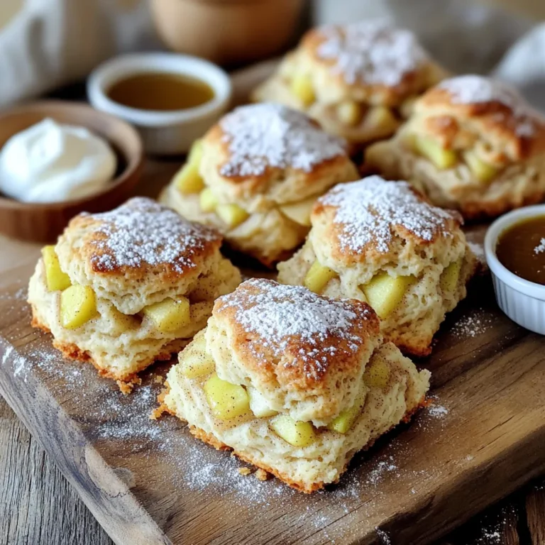 - 2 cups all-purpose flour - 1/3 cup granulated sugar - 1 tablespoon baking powder - 1 teaspoon cinnamon - 1/2 teaspoon salt - 1/2 cup unsalted butter, cold and cubed - 1 large apple, preferably Granny Smith - 1/2 cup heavy cream - 1 large egg - 1 teaspoon vanilla extract - 1/4 cup brown sugar (for topping) - 1 tablespoon milk (for brushing) For these bakery-style apple cinnamon scones, you need fresh and simple ingredients. The all-purpose flour gives the scones a nice base. Granulated sugar adds sweetness, while brown sugar on top adds a crunchy finish. Cinnamon and salt enhance the flavor. Cold butter makes the scones flaky, and the apple adds a juicy bite. Heavy cream and egg blend together to bind the dough. Vanilla extract provides warmth and depth to the taste. When choosing an apple, I recommend Granny Smith. They balance the sweetness and acidity perfectly. Gather these ingredients, and you’re ready to create something special. - Preheat your oven to 400°F (200°C) and line a baking sheet with parchment paper. - In a large mixing bowl, combine the flour, granulated sugar, baking powder, cinnamon, and salt. Mix well. - Incorporate the cold, cubed butter into the dry mixture. Use your fingertips to create coarse crumbs. - Gently fold in the diced apple, being careful not to crush the pieces. - In a separate bowl, whisk together the heavy cream, egg, and vanilla extract. - Pour the wet ingredients into the dry mixture. Stir gently until just combined; do not overmix. - Turn the dough out onto a lightly floured surface. Shape it into a circle about 1-inch thick. - Cut the circle into 8 equal wedges and place them on the prepared baking sheet. - Brush the tops of the scones with milk and sprinkle brown sugar over them for a crispy topping. - Bake for 18-20 minutes or until the scones turn golden brown on top. To get the best texture for your scones, start by cutting cold butter into the flour. Use a pastry cutter or your fingers to work the butter until it looks like coarse crumbs. This keeps the butter cold, which helps the scones rise. Avoid overmixing your dough. Once you add the wet ingredients, mix gently. Stir just until combined. Overmixing can make your scones tough, and we want them light and fluffy. Set your oven to the right temperature. Preheating to 400°F (200°C) ensures your scones bake evenly. An oven thermometer can help you check the temperature. To check if your scones are done, look for a golden-brown color on top. You should see a slight rise, and the scones should feel firm to the touch. Serve your scones on a rustic wooden board for a beautiful look. Dust them lightly with powdered sugar for a sweet touch. Pair them with apple butter or clotted cream in small bowls. This adds elegance and extra flavor. Enjoy with a cup of tea or coffee for a delightful treat! {{image_2}} You can make your apple cinnamon scones even better! - Add nuts: Chopped walnuts or pecans give a nice crunch. - Dried fruits: Raisins or cranberries add sweet bites. - Spices: Try adding nutmeg for a warm twist. You can still enjoy these scones if you have dietary needs. - Gluten-free flour: Use almond flour or a gluten-free blend. - Dairy swaps: Replace heavy cream with coconut milk or almond milk. Use vegan butter for the recipe. Make your scones fit the time of year! - Seasonal fruits: Swap apples for blueberries in summer or cranberries in fall. - Spice changes: Add cloves or allspice for holiday flavors. To store your scones at room temperature, place them in an airtight container. This keeps them soft and fresh. You can also wrap each scone in plastic wrap for extra protection. Enjoy them within three days for the best taste. If you want to keep them fresh longer, store them in the fridge. For longer storage, freeze baked scones. Wrap each one in plastic wrap and then place them in a freezer bag. This method keeps them fresh for up to three months. To reheat, let scones thaw at room temperature. You can warm them in the oven at 350°F for about 10 minutes. This helps restore their crispy edges. You can tell if scones have gone bad by checking for mold or an off smell. If they feel very dry or hard, it’s best to toss them. Always use clean, dry containers to store your scones. This prevents moisture and keeps them fresh longer. Can I make the dough ahead of time? Yes, you can make the dough ahead of time. After mixing, wrap it in plastic wrap. Refrigerate it for up to 24 hours. When you are ready to bake, just shape and cut the scones. What can I substitute for heavy cream? You can use whole milk or half-and-half as a substitute for heavy cream. This will change the texture slightly, but the scones will still be tasty. If you want a richer flavor, use sour cream or yogurt. Can I use a different type of apple? Absolutely! You can use various apples. Fuji, Honeycrisp, or any sweet apple works well. Just make sure they are firm to hold their shape during baking. What is the best way to cut scones? The best way to cut scones is with a sharp knife. Cut the dough into wedges or use a round cutter for circles. Make clean cuts to avoid squishing the dough. This helps them rise evenly. How do I know when the scones are done baking? You will know the scones are done when they are golden brown on top. They should feel firm to the touch. If you insert a toothpick, it should come out clean or with a few crumbs. What drinks pair well with apple cinnamon scones? Apple cinnamon scones pair well with tea, coffee, or apple cider. A warm cup of chai tea adds a nice spice. For a sweet touch, try hot chocolate. How to store leftover scones or reheat them for serving? Store leftover scones in an airtight container at room temperature. They stay fresh for 2-3 days. To reheat, pop them in the oven at 350°F for about 5-8 minutes. This keeps them warm and soft. This blog post provided a clear guide on making delicious apple cinnamon scones. We covered ingredients, step-by-step instructions, and tips for baking success. You learned about flavor variations and storage options to keep your scones fresh. Lastly, I answered some common questions for even better baking. With these insights, you can create delightful scones to enjoy any time. Happy baking!