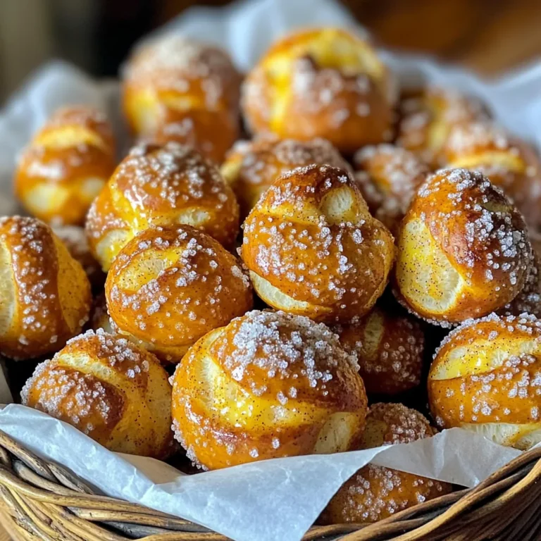 - 1 cup warm water (110°F) - 2 tablespoons granulated sugar - 1 packet active dry yeast (2 1/4 teaspoons) - 3 cups all-purpose flour - 1 teaspoon salt - 1/4 cup baking soda - 1/2 cup butter, melted - 1/2 cup granulated sugar (for coating) - 2 tablespoons ground cinnamon - Coarse sea salt (for sprinkling) For Air Fryer Cinnamon Sugar Pretzel Bites, you need simple, fresh ingredients. Start with warm water. It helps activate the yeast. The sugar feeds the yeast and gives a hint of sweetness. Next, grab a packet of active dry yeast. This will make the dough rise. You also need all-purpose flour. It gives the bites structure. Don't forget the salt! It enhances flavor. Then, baking soda is key for that classic pretzel taste. Butter adds richness. You will use it to coat the cooked bites. For the sweet coating, mix sugar and ground cinnamon. It creates that lovely cinnamon sugar flavor. Finally, coarse sea salt adds a nice touch on top. These ingredients come together to create soft, chewy pretzel bites. They’re perfect for snacking or sharing. - Combine 1 cup of warm water, 2 tablespoons of sugar, and 1 packet of yeast. Let it sit for about 5-10 minutes until it froths. - In a separate bowl, mix 3 cups of flour and 1 teaspoon of salt. - Pour the yeast mix into the flour mix. Stir until a dough forms. Knead the dough on a floured surface for about 5 minutes until smooth. - Place the dough in a greased bowl. Cover it with a damp cloth. - Let the dough rise in a warm place for about 1 hour or until it doubles in size. - Preheat your air fryer to 350°F (175°C). - Boil 6 cups of water and stir in 1/4 cup of baking soda. - Cut the dough into small pieces, about 1 inch each. Drop these pieces into the boiling water for about 30 seconds. Use a slotted spoon to remove them and let them drain. - Place the boiled dough bites on a plate or parchment paper to cool slightly. - In a bowl, mix 1/2 cup of sugar and 2 tablespoons of cinnamon. - Dip each pretzel bite into 1/2 cup of melted butter, then roll them in the cinnamon sugar mixture. - Arrange the pretzel bites in a single layer in the air fryer basket, doing this in batches if needed. - Air fry the pretzel bites for 8-10 minutes or until they turn golden brown. - Once cooked, take them out of the air fryer and sprinkle them with coarse sea salt right away. To make great pretzel bites, start with the right water temperature. The water needs to be warm, around 110°F. This helps the yeast to activate. If the water is too hot, it can kill the yeast. If it's too cold, the yeast won’t grow. Kneading the dough is also key. Knead it for about five minutes. This makes the dough smooth and gives it a nice texture. Don’t skip this step. It helps the dough to rise well. When cooking, do not overcrowd the basket. This lets hot air flow around each pretzel bite. If you pack them too closely, some bites will not cook well. Always check for a golden brown color. This shows they are done. If they need more time, adjust it carefully. Cooking times may vary based on your air fryer. For a fun presentation, serve pretzel bites in a basket lined with parchment paper. This keeps them warm and adds a nice touch. You can make it even better by adding dips. Try melted chocolate for a sweet treat. Creamy yogurt also works well and adds a nice contrast. {{image_2}} You can get creative with your pretzel bites. Try adding fun toppings. A chocolate drizzle adds sweetness. Caramel can make them extra special. You can also play with spices. Nutmeg brings warmth, while cardamom adds a unique twist. These changes can make each batch a new treat. If you need a gluten-free option, no problem! You can swap all-purpose flour for a gluten-free flour blend. This change works well without losing flavor or texture. Just follow the same steps in the recipe. Your gluten-free friends will love these bites! Want smaller snacks? Cut the dough into smaller pieces. This way, you create mini bites that are perfect for sharing. They are easy to grab and enjoy. You can serve them at parties or as a fun treat for kids. It's a great way to enjoy pretzels in a new size! To keep your Air Fryer Cinnamon Sugar Pretzel Bites fresh, store them in an airtight container. They can last at room temperature for 1-2 days. If you want them to last longer, refrigerate the bites. Just remember, refrigerating might change their texture a bit. When it's time to enjoy your pretzel bites again, reheat them in the air fryer. This method keeps them crispy and delicious. If you're in a hurry, you can use the microwave. Just be aware that the texture may not be as good as when they were fresh. Yes, you can prepare the dough a day in advance. Just mix the dough and let it rise. Then, place it in the fridge. This way, you can save time when you want to enjoy these tasty bites. When you are ready to cook, take the dough out and let it warm up before boiling and frying. Look for a golden brown color and a firm texture. The bites should be crispy outside and soft inside. If they are not golden yet, give them a few more minutes in the air fryer. This will help you get that perfect bite. Yes, freeze un-cooked bites or cooked bites in a freezer-safe bag. If you freeze them raw, just boil and fry them when you want to eat. If they are cooked, you can reheat them in the air fryer for a quick snack. Freezing is a great way to keep these treats fresh for later! Making Air Fryer Cinnamon Sugar Pretzel Bites is simple and fun. We started with basic ingredients and followed clear steps. You learned how to prepare, rise, boil, and air fry these tasty treats. Tips helped improve your dough and cooking technique. Now you can enjoy fresh pretzel bites for snacks or parties. Feel free to try different flavors or serve with dips. Remember, they store well for later fun. Enjoy every bite!