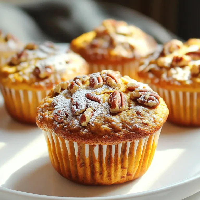 To make your pumpkin pecan muffins, gather these simple ingredients: - 1 cup all-purpose flour - 1 cup whole wheat flour - 1 cup canned pumpkin puree - 1/2 cup brown sugar - 1/2 cup granulated sugar - 1/2 cup vegetable oil - 2 large eggs - 1/2 cup chopped pecans - 1 teaspoon baking soda - 1 teaspoon baking powder - 1 teaspoon ground cinnamon - 1/2 teaspoon ground nutmeg - 1/4 teaspoon ground ginger - 1/4 teaspoon salt - 1/4 cup milk (or plant-based alternative) - Optional: extra pecans for topping Accurate measurements make all the difference in baking. Here are some tips: - Use a dry measuring cup for flour. Fill it, then level it off with a knife. - For brown sugar, pack it into the cup firmly. This ensures the right sweetness. - When measuring liquids, use a liquid measuring cup. Check the measurement at eye level. - Always sift your dry ingredients if the recipe calls for it. This helps avoid lumps. You can easily swap some ingredients based on your needs or preferences: - Use coconut oil instead of vegetable oil for a different flavor. - Substitute honey or maple syrup for granulated sugar for a natural sweetener. - For a gluten-free option, replace all-purpose and whole wheat flour with a gluten-free blend. - Use applesauce instead of eggs for a vegan version. Just use 1/4 cup per egg. - If you don’t have pecans, walnuts or almonds work well, too. First, set your oven to 350°F (175°C). This temperature ensures the muffins bake evenly. While the oven warms up, grab your muffin tin. You can use paper liners for easy cleanup, or lightly grease the tin with oil. This step helps the muffins release easily after baking. In a large bowl, mix the all-purpose flour, whole wheat flour, baking soda, baking powder, cinnamon, nutmeg, ginger, and salt. Use a whisk to combine everything well. This step is crucial for even flavor and texture. Set this bowl aside for now, as we will return to it soon. In a separate bowl, combine the canned pumpkin puree, brown sugar, granulated sugar, vegetable oil, and eggs. Mix these ingredients until smooth. You want a consistent mixture with no lumps. This mix will add moisture and flavor to your muffins. Now, slowly add the dry ingredients to the wet mixture. Stir gently until combined. Be careful not to overmix, as this can make the muffins dense. Next, fold in the chopped pecans and milk. If the batter feels thick, add a little more milk to achieve your desired consistency. Spoon the batter into the prepared muffin cups, filling them about 2/3 full. If you like, sprinkle extra pecans on top for added crunch. Place the muffin tin in the preheated oven and bake for 18-20 minutes. Check for doneness by inserting a toothpick in the center. If it comes out clean, the muffins are ready! Let them cool in the tin for about 5 minutes. Then, move them to a wire rack to cool completely. Enjoy the delightful smell as they cool! To make the best pumpkin pecan muffins, you need to avoid overmixing. Mix the dry and wet ingredients until just combined. This keeps the muffins light and fluffy. Also, be sure to measure your flour correctly. Scoop it into the measuring cup and level it off with a knife. Too much flour can make your muffins dense. You can boost the flavor of your muffins by adding spices. Try a pinch of ground cloves or allspice for a richer taste. You might also add chocolate chips for a sweet twist. If you love nuts, consider using walnuts instead of pecans. Each nut brings its own flavor and crunch, making your muffins unique. Warm muffins look great on a plate. You can dust them with powdered sugar for a fancy touch. A drizzle of maple syrup adds sweetness and a beautiful shine. Serve them with a cup of coffee or tea for a cozy treat. For a fun idea, place them in a cute basket lined with a cloth. This will make your muffins look even more inviting! {{image_2}} You can change the flavors in pumpkin pecan muffins by adding different mix-ins. Try chocolate chips for a sweet touch. Dried cranberries or raisins work well for a fruity twist. If you like a bit of spice, add chopped candied ginger. You can also swap pecans for walnuts or almonds to give a nutty change. These mix-ins can take your muffins to a new level of yum. To make gluten-free pumpkin pecan muffins, use a gluten-free flour blend instead of all-purpose and whole wheat flour. You may also need to add a binder like xanthan gum to help with texture. For a vegan version, substitute eggs with flax eggs or applesauce. Replace the milk with almond or oat milk. These changes ensure everyone can enjoy these tasty muffins. In fall, you might want to add a pinch of clove or allspice to enhance the seasonal flavors. You can also mix in some fresh apple chunks for extra sweetness. As winter approaches, consider adding a dash of cocoa powder for a cozy, warm twist. These seasonal additions can keep your muffins fresh and exciting all year long. To keep your pumpkin pecan muffins fresh, store them in an airtight container. Place parchment paper between layers to avoid sticking. These muffins stay delicious for up to three days at room temperature. If you live in a humid area, refrigerate them to prevent spoilage. When you want to enjoy a warm muffin, preheat your oven to 350°F (175°C). Wrap the muffin in aluminum foil to keep it moist. Heat it for about 10 minutes. You can also use a microwave. Heat the muffin for 15-20 seconds. This method is quick and easy. Freezing these muffins is a great way to save them. First, let the muffins cool completely. Then, wrap each muffin tightly in plastic wrap. Place them in a freezer bag or container. They can stay in the freezer for about three months. When you want to eat one, thaw it in the fridge overnight or at room temperature for a few hours. Reheat as needed. You can tell when the muffins are done by using a toothpick. Insert it into the center of a muffin. If it comes out clean, they are ready. The muffins should be golden brown on top. They should spring back when you gently press them. Yes, you can use fresh pumpkin. Just cook and puree it first. Make sure it’s not too watery, as this can change the batter. Fresh pumpkin adds a lovely, rich taste. You can use walnuts, hazelnuts, or even almonds. Each nut gives a different flavor and crunch. Choose what you like best or what you have on hand. Store leftover muffins in an airtight container. They stay fresh at room temperature for about three days. For longer storage, place them in the fridge for up to a week. Yes! You can make these muffins a day or two ahead. Just cool them and store them properly. They taste great even after a day. You can also freeze them for up to three months. This guide covered essential muffin-making steps, from choosing ingredients to storage tips. You learned to measure with care and explore fun mix-ins. Fluffy muffins come from combining wet and dry ingredients just right. With simple swaps, you can adapt recipes to fit your needs. Storing muffins properly will keep them fresh longer. Use these tips to bake tasty muffins that impress everyone. Now, enjoy your baking journey and share your delicious creations!