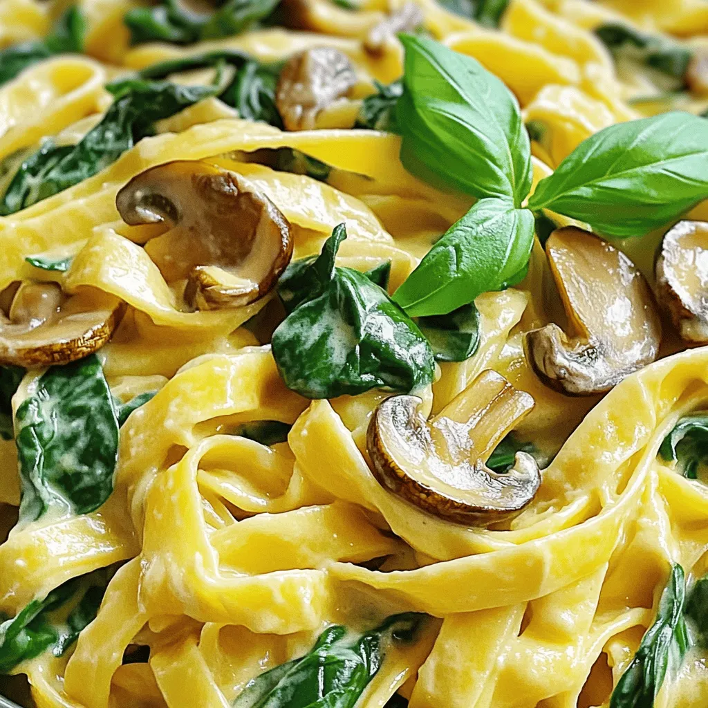 - 8 oz. fettuccine or spaghetti - 2 tablespoons olive oil - 1 small onion, finely chopped - 2 garlic cloves, minced - 8 oz. mushrooms, sliced (button or cremini) - 4 cups fresh spinach, roughly chopped - 1 cup heavy cream or coconut cream for dairy-free option - 1/2 cup vegetable broth - 1/2 cup grated Parmesan cheese (or nutritional yeast for vegan option) - Salt and black pepper to taste - 1/4 teaspoon nutmeg (optional) - Fresh basil or parsley for garnish This dish shines with simple, fresh ingredients. The fettuccine or spaghetti serves as a perfect base. I love using olive oil for its rich flavor. The onion and garlic add depth and aroma to the dish. Mushrooms bring an earthy taste, while spinach offers bright color and nutrients. Heavy cream gives the sauce its creamy texture. If you prefer a dairy-free option, coconut cream works well. The vegetable broth adds a light touch of flavor. Parmesan cheese melts beautifully into the sauce, but nutritional yeast is a great vegan swap. Salt and black pepper enhance flavors, and nutmeg adds warmth. Garnishing with fresh basil or parsley gives a pop of freshness. These ingredients come together to create a rich and flavorful dish you can enjoy any day. To cook the pasta, start with a large pot of salted water. Bring it to a boil. Add 8 oz. of fettuccine or spaghetti. Cook according to the package instructions until it is al dente. This means it should be firm when bitten. Drain the pasta and set it aside. Reserve a little pasta water for later. This helps with the sauce if it gets too thick. In a large skillet, heat 2 tablespoons of olive oil over medium heat. Add the finely chopped onion to the pan. Sauté for about 3-4 minutes until it turns translucent. This adds great flavor. Next, stir in 2 minced garlic cloves. Cook for one minute until it smells good. Then add 8 oz. of sliced mushrooms. Cook them for about 5-6 minutes until they turn golden brown and soft. Now, it's time to add the green goodness. Gradually add 4 cups of roughly chopped spinach. Stir it until it wilts, which takes about 2-3 minutes. After that, pour in 1 cup of heavy cream and 1/2 cup of vegetable broth. Stir well to mix everything. Let it simmer for about 5 minutes. This helps the sauce thicken up a bit. Next, mix in 1/2 cup of grated Parmesan cheese. If you're vegan, use nutritional yeast instead. Season with salt, black pepper, and 1/4 teaspoon of nutmeg if you like. If the sauce is thick, add some reserved pasta water to make it just right. Now, it’s time to bring it all together. Add the drained pasta to the skillet. Toss everything together so the pasta is well coated in the creamy sauce. This is where the magic happens! For the final touch, divide the creamy spinach mushroom pasta onto serving plates. Garnish with fresh basil or parsley for extra color and flavor. Enjoy your dish! - Best practices for sautéing: Start with a hot skillet. Heat olive oil well before adding onions. Stir often to avoid burning. Use medium heat for mushrooms to get them golden brown. - Making a perfect creamy sauce: Add heavy cream slowly and stir well. Let it simmer to thicken. If the sauce is too thick, add pasta water a little at a time. - Suggested seasonings to add: Try adding garlic powder or red pepper flakes for heat. A pinch of lemon zest brightens the dish. Fresh herbs like thyme or oregano add depth. - Cheese alternatives and adjustments: For a vegan option, use nutritional yeast instead of cheese. If you want more creaminess, add a bit of vegan cream cheese. - Ideal cookware for this recipe: Use a large skillet for sautéing vegetables. A pot for boiling pasta should be big enough to prevent sticking. - Useful utensils for best results: A wooden spoon is great for stirring. A slotted spoon helps drain pasta and keep it from getting soggy. {{image_2}} You can easily change this dish to fit your diet. For a vegan option, use coconut cream instead of heavy cream. Swap out Parmesan cheese for nutritional yeast. Both options taste great and keep the dish rich and creamy. If you are gluten-free, use gluten-free pasta. It cooks the same way and tastes delicious. Feel free to play with the veggies. Try adding bell peppers, zucchini, or even kale. Each one adds a unique taste and color. If you want to switch the cream, cashew cream is a good choice. It adds a nice nutty flavor. You can also use Greek yogurt for a tangy twist. Just remember, each change will give your dish a new flair. Pair this pasta with a crisp salad for a fresh touch. A simple arugula salad with lemon dressing works well. You can also serve garlic bread on the side for a cozy feel. For a fun garnish, sprinkle toasted pine nuts or sesame seeds on top. Fresh herbs like basil or parsley add a pop of color and flavor, making each plate look and taste fantastic. To store leftovers, place the creamy spinach mushroom pasta in an airtight container. Make sure it cools down first. This keeps the flavors fresh and safe. The shelf life in the fridge is about 3 to 4 days. Always check for any off smells or changes in color before eating. For freezing, let the pasta cool completely. Then, use a freezer-safe container or bag. Remove as much air as possible to prevent freezer burn. The dish can last up to 2 months in the freezer. To reheat frozen pasta, thaw it overnight in the fridge. You can also reheat it directly from frozen. Use a skillet over low heat, adding a splash of water or broth. Stir gently until warmed through. This helps keep the creamy sauce smooth. Can I use dried spinach instead? Yes, you can use dried spinach. Just remember to rehydrate it first. Soak the dried spinach in warm water for about 15 minutes. Then, drain it well before adding it to the dish. This method helps maintain its flavor and texture. What can I use if I don’t have heavy cream? If you don’t have heavy cream, try coconut cream or a mix of milk and butter. You can also use half-and-half for a lighter option. Each of these alternatives will still give you a rich flavor. Why is my sauce too thick? If your sauce is too thick, add a little reserved pasta water. This water contains starch that helps thin the sauce while keeping it creamy. Start with a tablespoon and stir until you reach your desired consistency. How do I prevent my pasta from sticking? To prevent sticking, avoid overcooking the pasta. Always stir it while cooking. After draining, toss the pasta with a splash of olive oil. This keeps the noodles separate and adds flavor. How to double the recipe To double the recipe, simply double each ingredient. Use a larger pot and skillet to cook everything evenly. This way, you create a big batch for everyone to enjoy. Adjusting for more or fewer servings To adjust servings, scale each ingredient by the number of servings needed. For example, if you want to make it for two, cut the ingredients in half. This method keeps the balance of flavors intact. This pasta recipe is easy to make and full of flavor. We covered all the steps, from cooking the pasta to making a creamy sauce. You learned tips on storage and serving suggestions as well. Whether you are vegan or want to try a new flavor, options exist for you. Remember, cooking is about having fun and being creative. Enjoy your dish and share it with others!