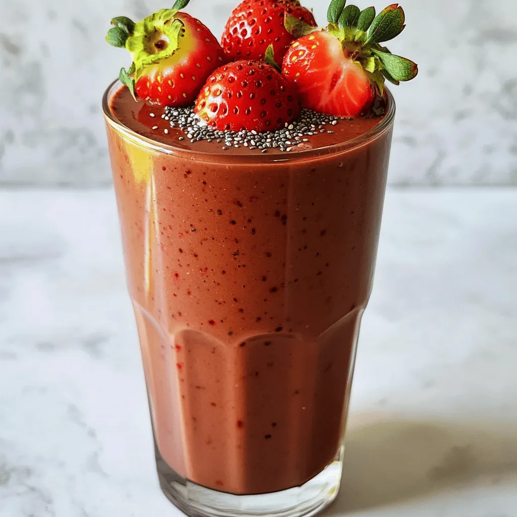 To make a Protein Chocolate Strawberry Smoothie, you need some tasty and healthy ingredients. Here’s what you will gather: - 1 cup fresh strawberries, hulled and halved - 1 ripe banana, sliced - 1 scoop chocolate protein powder - 1 tablespoon almond butter - 1 cup unsweetened almond milk (or milk of choice) - Optional ingredients: - 1 tablespoon chia seeds (for added nutrition) - 1 tablespoon honey or maple syrup (for sweetness) - Ice cubes (for a thicker texture) These ingredients come together to create a smooth and creamy drink. The fresh strawberries add sweetness and color. The ripe banana gives a nice texture and natural sweetness, while the chocolate protein powder adds rich flavor and protein. Almond butter gives healthy fats and adds creaminess. Almond milk is a great base, but you can use any milk you like. If you want to boost the nutrition, consider adding chia seeds. They are small but packed with nutrients. Honey or maple syrup can make your smoothie sweeter if you prefer it that way. Lastly, ice cubes can chill and thicken the smoothie for a refreshing treat. Gather these ingredients, and you’re ready to blend your delicious Protein Chocolate Strawberry Smoothie! 1. Gather ingredients First, collect everything you need. You will need: - 1 cup fresh strawberries, hulled and halved - 1 ripe banana, sliced - 1 scoop chocolate protein powder - 1 tablespoon almond butter - 1 cup unsweetened almond milk (or your favorite milk) - 1 tablespoon chia seeds (optional) - 1 tablespoon honey or maple syrup (optional) - Ice cubes (optional) 2. Add ingredients to the blender Place all your ingredients in the blender. Start with strawberries and banana. Then add the chocolate protein powder and almond butter. Pour in the almond milk next. If you want, toss in chia seeds, honey, and ice cubes. 3. Blend until smooth Blend on high until the mix is smooth and creamy. You might need to stop and scrape the sides. This step helps mix everything well. 4. Adjust sweetness if necessary After blending, taste your smoothie. If it needs more sweetness, add honey or maple syrup. Blend again briefly to mix it in. 5. Serve in a glass or bowl Once your smoothie is ready, pour it into a tall glass or bowl. 6. Optional garnishing If you want to make it pretty, add a few whole strawberries on top. You can also sprinkle some chia seeds for texture. - Choosing ripe strawberries and bananas: Start with ripe strawberries. Look for bright red color and slight softness. For bananas, choose ones that are yellow with a few brown spots. They add great natural sweetness. - Adjusting thickness with ice cubes: If you want your smoothie thicker, add ice cubes. This makes it cold and creamy. You can also freeze your fruits for a thicker texture. - Experimenting with sweetness options: Taste your smoothie before serving. You can add honey or maple syrup for extra sweetness. Try different amounts until you find what you like best. You can even use dates or agave syrup if you prefer. {{image_2}} You can switch up your Protein Chocolate Strawberry Smoothie with different ingredients. Here are a few ideas: - Alternative protein powders: You can use whey protein, which blends well. If you prefer plant-based, try pea or hemp protein. They add unique flavors and nutrients. - Other nut butters: Almond butter is great, but peanut butter gives a rich taste. Cashew butter is another fun option. Each adds its own twist. - Milk alternatives: Instead of almond milk, try coconut milk for a tropical vibe. Whole cow's milk gives a creamy texture. Each choice changes the flavor and feel of your smoothie. These variations make the recipe fun and allow you to customize it to your taste. Experiment with what you like best! Refrigerating the smoothie is simple. After making your Protein Chocolate Strawberry Smoothie, pour any leftover smoothie into a sealed container. This keeps it fresh and tasty. Store it in the fridge for up to 24 hours. If you want to keep it longer, try freezing it. Pour the smoothie into ice cube trays or freezer-safe bags. Seal them tightly to prevent freezer burn. The smoothie can last for up to three months in the freezer. When you want to enjoy it again, just take out what you need. Thaw the smoothies in the fridge overnight. You can also blend the frozen cubes with some almond milk for a quick treat. Remember, smoothies taste best when fresh. Drink them within the recommended times to enjoy the full flavor and nutrition. Can I use frozen strawberries instead of fresh? Yes, you can use frozen strawberries. They work well in smoothies. They also make your drink colder and thicker. If you use frozen fruit, you may want less ice. How can I make this smoothie vegan? To make this smoothie vegan, choose a plant-based protein powder. Use almond milk or oat milk. Replace honey with maple syrup. These swaps keep the smoothie tasty and vegan-friendly. What are the health benefits of protein smoothies? Protein smoothies help build muscles and keep you full. They can aid in recovery after workouts. The fruits give vitamins and energy, while the protein helps repair tissues. Can I add greens like spinach to this recipe? Yes, you can add spinach! It blends well and adds nutrients without changing the taste. Just a small handful can boost your smoothie’s health benefits. You learned how to make a delicious protein chocolate strawberry smoothie. We covered the ingredients, preparation steps, and tips for success. I shared variations to keep things fresh and storage advice for leftovers. Remember, using ripe fruit and adjusting thickness can enhance your drink. Feel free to experiment with flavors and add greens for extra nutrients. Enjoy your smoothie, and don't hesitate to tweak the recipe to suit your taste!