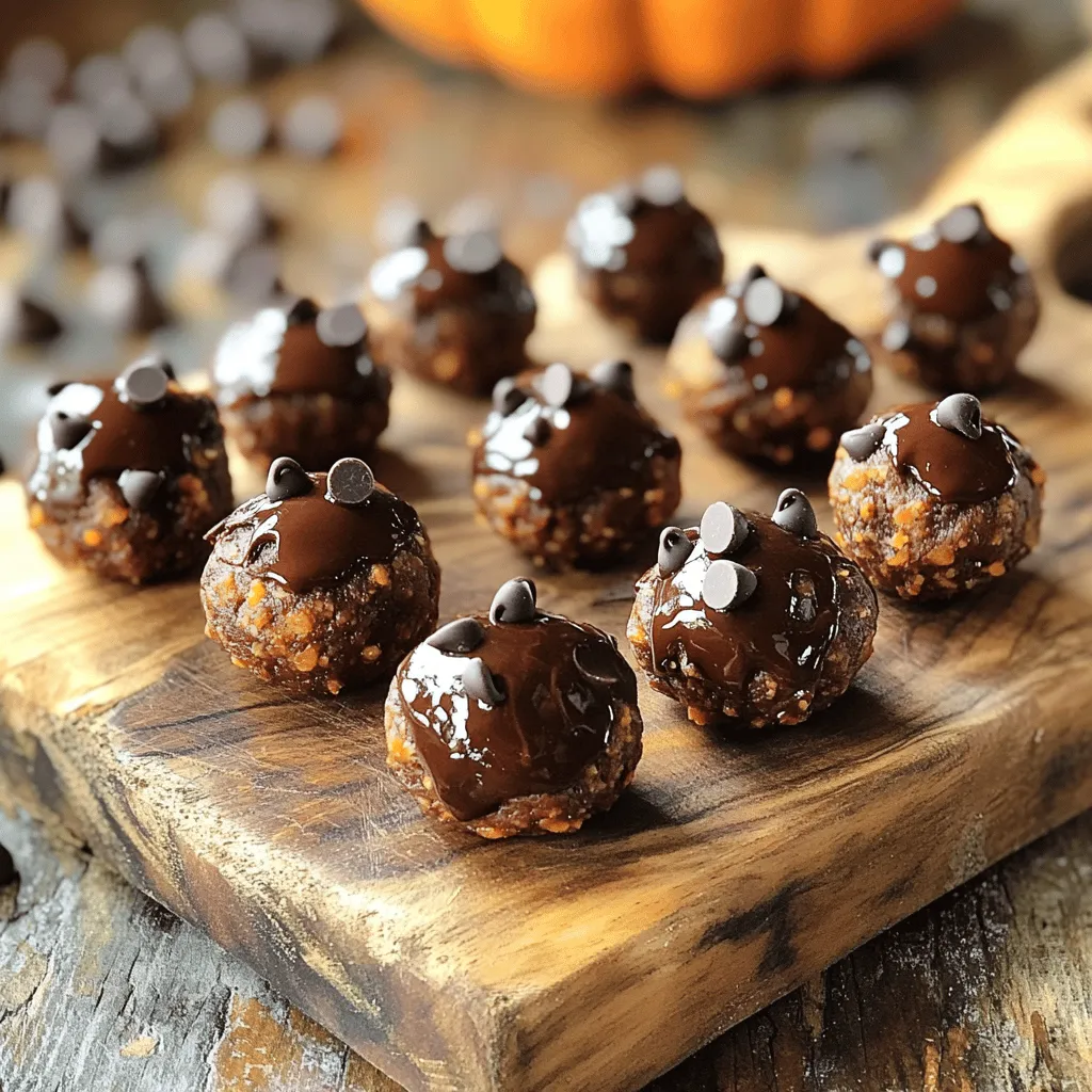 To make No-Bake Chocolate Pumpkin Energy Bites, gather these key ingredients: - 1 cup rolled oats - 1/2 cup canned pumpkin puree - 1/3 cup almond butter (or any nut butter of your choice) - 1/4 cup honey or maple syrup - 1/4 cup unsweetened cocoa powder - 1/2 teaspoon vanilla extract - 1/4 teaspoon pumpkin pie spice - 1/4 cup mini chocolate chips (plus extra for rolling, if desired) - Pinch of salt These ingredients work together to create a delicious and healthy snack. The oats provide a nice texture, while the pumpkin adds moisture and flavor. The nut butter gives healthy fats, and the cocoa powder brings rich chocolate taste. You can enhance these bites with extra flavors. Here are some ideas: - Chopped nuts for crunch - Dried fruits like cranberries or raisins - Coconut flakes for a tropical twist - Flaxseeds or chia seeds for added nutrition Feel free to mix and match these add-ins. This helps you create a version that suits your taste. If you have allergies, you can easily swap some ingredients: - Use sunflower seed butter instead of almond butter for nut-free bites. - Replace honey with agave syrup for a vegan option. - Use gluten-free oats if you need a gluten-free version. By making these swaps, you can enjoy energy bites that fit your dietary needs. Start with a large mixing bowl. Add 1 cup of rolled oats. Next, add 1/2 cup of canned pumpkin puree. Then, scoop in 1/3 cup of almond butter. Mix these ingredients well until they blend together smoothly. Once combined, pour in 1/4 cup of honey or maple syrup. Add 1/4 cup of unsweetened cocoa powder too. Don’t forget 1/2 teaspoon of vanilla extract! Sprinkle in 1/4 teaspoon of pumpkin pie spice and a pinch of salt. Stir thoroughly until everything is mixed well. Finally, fold in 1/4 cup of mini chocolate chips. Make sure they are evenly spread throughout the mixture. Now it’s time to shape the mixture. Scoop out tablespoon-sized portions with your hands. Roll each portion into a ball. This should be easy and fun! If you want, roll the balls in extra mini chocolate chips. This adds a nice touch to the bites. Place them gently on a baking sheet lined with parchment paper. Keep going until you roll all the mixture into bites. Once you’ve rolled all the energy bites, it’s chilling time! Refrigerate them for at least 30 minutes. This helps them firm up nicely. After they chill, transfer the energy bites to an airtight container. Store them in the refrigerator for up to one week. These bites make for a great snack anytime! To get the best texture in your energy bites, use the right oats. Rolled oats work best. They give a nice chewiness without being too soft. If you want a smoother texture, pulse the oats in a blender before mixing. This makes them finer but still holds together well. Make sure to mix all ingredients well. A good mix helps bind everything together. If the mixture feels too dry, add a bit more pumpkin or nut butter. If it's too wet, add a few more oats. Spices can make a big difference in taste. I love adding pumpkin pie spice for a warm flavor. A pinch of cinnamon or nutmeg can also add a nice kick. For a twist, try adding a bit of cocoa powder. This gives a richer chocolate taste. If you want it sweeter, a bit more honey or maple syrup can help. Just remember to taste as you go. Adjust the spices until you find your perfect blend. To make these bites kid-friendly, let your kids help. They can scoop and roll the mixture into balls. You can also switch up the ingredients. Use peanut butter instead of almond butter, if they prefer. For a fun touch, let them roll the bites in extra mini chocolate chips or sprinkles. This makes them more appealing to kids. You can even shape them into fun forms, like hearts or stars, for an extra special treat. {{image_2}} You can switch up the nut butter in this recipe. Almond butter works great, but you can also use peanut butter, cashew butter, or sunflower seed butter. Each nut butter brings its own taste. Peanut butter adds a rich, nutty flavor, while sunflower seed butter is good for those with nut allergies. Experiment to find your favorite! Boost your energy bites with superfoods! Try adding chia seeds, flaxseeds, or hemp seeds. These seeds add healthy fats and fiber. You can also mix in protein powder for an extra protein kick. Spirulina powder is another great option. It gives a vibrant color and loads of nutrients. Just a little goes a long way! You can change the flavor of these bites for different seasons. In spring, add fresh mint or lemon zest. In summer, try using fresh berries. In fall, cinnamon and apple can add warmth. Winter calls for peppermint or gingerbread spice. Each season brings new tastes to explore, keeping your energy bites fun and fresh! To keep your no-bake chocolate pumpkin energy bites fresh, store them in an airtight container. Place them in the fridge right after they chill. This helps maintain their flavor and texture. They stay good for about one week. Always use a clean spoon when taking out bites to avoid contamination. If you want to store these bites for longer, freezing is a great option. Just place them in a freezer-safe bag or container. Make sure to separate layers with parchment paper. This prevents them from sticking together. They can stay in the freezer for about three months. When you're ready to eat, thaw them in the fridge overnight. Check your energy bites for any changes before eating. If you see mold or a change in color, discard them. A sour smell is another sign they may have gone bad. Trust your senses; if something feels off, it’s better to be safe. Keeping an eye on these signs will help you enjoy your treats longer. Yes, you can make these bites vegan. Just swap the honey for maple syrup. Use almond butter or any preferred nut butter. This change keeps the taste while making them vegan. These energy bites last up to one week in the fridge. Store them in an airtight container to keep them fresh. Make sure you don’t leave them out too long. Yes, you can use agave nectar or brown rice syrup. Both options will work well. They add sweetness and keep the texture nice. These energy bites are packed with nutrients. They provide fiber from oats and pumpkin. The nut butter adds protein and healthy fats. Cocoa powder brings in antioxidants. Mini chocolate chips give a tasty touch. We covered key steps to make tasty energy bites. Start with essential ingredients, then mix and roll. Add your favorite flavors to customize them. I shared helpful tips for texture and kid-friendly options. Explore different variations for extra nutrition and seasonal taste. Remember the best storage methods to keep them fresh. These bites are fun to make and easy to enjoy. Dive in and create your own perfect energy snacks!