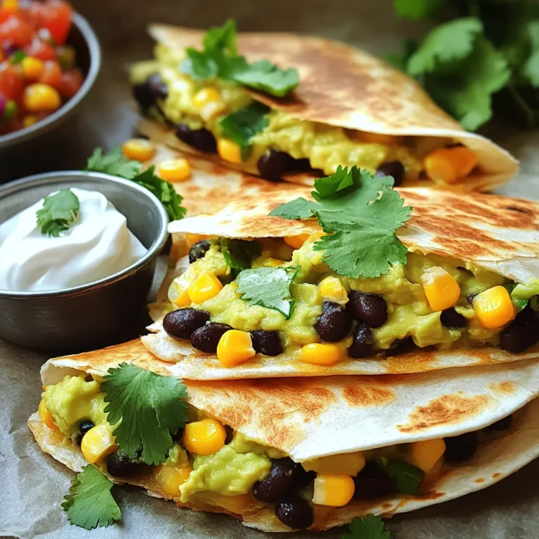 - 2 ripe avocados, mashed - 1 can (15 oz) black beans, drained and rinsed - 1 cup corn kernels (fresh or frozen) - 1 cup shredded cheese (cheddar or Monterey Jack) - 1 small red onion, finely chopped - 2 cloves garlic, minced - 1 teaspoon ground cumin - 1 teaspoon chili powder - Salt and pepper to taste - 4 large flour tortillas - 2 tablespoons olive oil - Fresh cilantro, chopped (for garnish) - Salsa and sour cream (for serving) Using fresh ingredients gives the best taste. Ripe avocados are creamy and rich. Fresh corn adds a sweet crunch. You can use frozen corn if fresh is not available. Canned black beans are quick and easy. Just rinse them well to remove extra salt. Fresh garlic and onions add strong flavor. You can swap ingredients to fit your taste. Use whole wheat tortillas for a healthier option. If you need a dairy-free choice, try vegan cheese. Add peppers for a spicy kick. You can replace black beans with pinto beans. If you want more protein, add cooked chicken or tofu. These swaps keep the dish tasty and fun. To start, grab a mixing bowl. In it, combine the following ingredients: - 2 ripe avocados, mashed - 1 can (15 oz) black beans, drained and rinsed - 1 cup corn kernels - 1 cup shredded cheese - 1 small red onion, finely chopped - 2 cloves garlic, minced - 1 teaspoon ground cumin - 1 teaspoon chili powder - Salt and pepper to taste Mix them well until everything is combined. This filling is where the magic happens. The creamy avocados blend well with the hearty black beans. The corn brings a sweet crunch, while the cheese adds a melty texture. The spices give it a tasty kick. Now, heat a large skillet over medium heat. Add 1 tablespoon of olive oil. Once the oil is warm, place one tortilla in the skillet. Spread one-fourth of the filling on one half of the tortilla. Next, fold the tortilla in half. Use a spatula to press it lightly. Cook for about 2-3 minutes on each side. You want the tortilla to be golden and crispy. The cheese should melt inside. Repeat this step for the remaining tortillas and filling. Add more oil to the skillet if needed. Once cooked, take the quesadillas from the skillet. Let them cool for a minute. Cut each quesadilla into wedges. Garnish with fresh chopped cilantro. Serve them with salsa and sour cream on the side. This adds flavor and freshness to each bite. Enjoy your delicious and easy meal! To get a nice crisp on your quesadillas, use a hot skillet. Heat your skillet before adding oil. Use just enough oil to coat the pan. This keeps the tortillas from sticking. Cook each quesadilla for about 2-3 minutes on each side. When golden brown and crispy, it's ready to serve. Don't rush this step; crispiness makes a big difference. You can prep the filling a day before. Just mix all ingredients and store in the fridge. This saves time when you're ready to cook. You can also assemble quesadillas ahead. Wrap them in plastic wrap and refrigerate. When you're ready, heat the skillet and cook them. They will taste fresh and delicious. Use a large skillet for even cooking. A non-stick pan works best to avoid sticking. A spatula helps flip the quesadillas easily. If you have a quesadilla maker, it’s a great tool too. A sharp knife or pizza cutter is perfect for slicing them. Keep these tools handy for a smooth cooking experience. {{image_2}} If you want to keep it veggie, you can easily add more vegetables. Try spinach, bell peppers, or mushrooms. These add color and nutrition. You can also swap out the cheese for a plant-based version if desired. This makes it friendly for all diets. To add more protein, consider cooked chicken or turkey. Shredded rotisserie chicken works well here. You can also use tofu for a meatless option. Just cube it and sauté it before adding to the quesadilla. This keeps your meal filling and satisfying. Boost the flavor with spices and herbs. Add jalapeños for heat or lime juice for brightness. Fresh herbs like cilantro or parsley can make it more vibrant. You could sprinkle some smoked paprika on top for a unique twist. These enhancements elevate the taste and make each bite exciting. Leftover quesadillas are easy to store. First, let them cool down to room temperature. Then, wrap each quesadilla in plastic wrap or aluminum foil. This keeps them fresh and tasty. You can also put them in an airtight container. Store them in the fridge for up to three days. To reheat your quesadillas, use a skillet for the best result. Heat the skillet over medium heat. Place the quesadilla in the skillet and cook for about 2-3 minutes on each side. This warms them up and keeps them crispy. You can also use the microwave. Heat on high for about 30 seconds. Microwaving makes them soft, but you lose some crispiness. Freezing quesadillas is a great way to save time. After wrapping them, place them in a freezer-safe bag. Squeeze out as much air as possible to prevent freezer burn. You can freeze them for up to three months. When you're ready to eat, thaw them in the fridge overnight. Then reheat them in the skillet for the best taste. Enjoy your easy meal anytime! Yes, you can make these quesadillas gluten-free. Simply swap the flour tortillas for gluten-free tortillas. Many brands offer good options. Check the ingredients for any hidden gluten. You can enjoy the same great taste without the gluten. You can easily change the spice level in these quesadillas. To make them milder, reduce or skip the chili powder. For more heat, add diced jalapeños or a pinch of cayenne pepper. Taste the filling before cooking. Adjust the spices to fit your taste. I love serving quesadillas with salsa and sour cream. They add a nice balance of flavors. You can also try guacamole or pico de gallo. A fresh salad or rice pairs well too. These sides make your meal even better. This blog post explored making delicious Avocado Black Bean Quesadillas. We covered ingredients, fresh versus canned options, and substitutions. You learned step-by-step instructions for the filling and cooking process. I shared tips for crispiness and making ahead. Variations included vegetarian choices and protein options. Lastly, I explained how to store and reheat leftovers. In summary, these quesadillas are fun, easy, and customizable. Experiment with flavors to make them your own. Enjoy your cooking adventure!