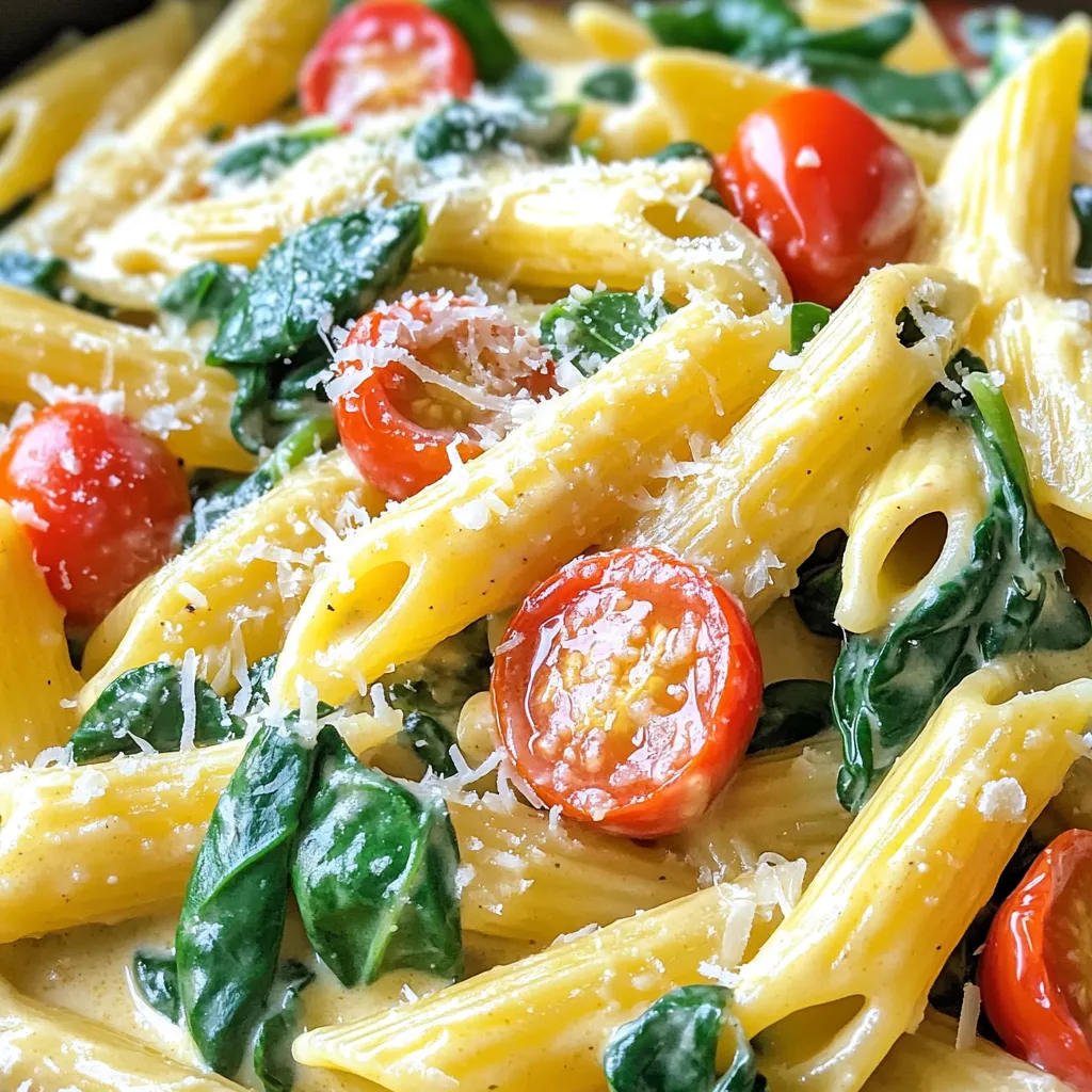 To make this creamy garlic Tuscan pasta, you'll need: - 12 oz penne pasta - 2 cups fresh spinach - 1 cup cherry tomatoes, halved - 1 cup heavy cream - 1 cup chicken or vegetable broth - 1/2 cup grated Parmesan cheese - 4 cloves garlic, minced - 1 teaspoon Italian seasoning - Salt and pepper to taste - 2 tablespoons olive oil Each ingredient plays a role. The penne pasta absorbs flavors well. Fresh spinach adds color and nutrients. Cherry tomatoes bring sweetness and tang. Heavy cream makes it rich and smooth. Broth adds depth. Parmesan gives a nice salty bite. Garlic and Italian seasoning create a warm aroma. Olive oil ties everything together. You might find these items in your pantry: - Salt - Black pepper These staples enhance the flavor. They help balance the creamy texture and bright veggies. Consider these garnishes for added flair: - Fresh basil Basil adds a fresh note. It brightens the dish, making it even more appealing. You can sprinkle it on top before serving. Start by adding the uncooked penne pasta to your slow cooker. Pour in 1 cup of chicken or vegetable broth and 1 cup of heavy cream. This mix will create a rich base. Next, add 4 cloves of minced garlic and 1 teaspoon of Italian seasoning. Stir it well. Make sure the pasta is fully coated. Now, toss in 1 cup of halved cherry tomatoes and 2 cups of fresh spinach. Season this mixture with salt and pepper to your taste. Finally, drizzle 2 tablespoons of olive oil over everything and give it a gentle mix. Cover your slow cooker and choose your cooking time. If you are in a hurry, set it to high for 1 to 1.5 hours. For a more relaxed pace, cook on low for 2 to 3 hours. The pasta should be tender, soaking up the liquid. Stir occasionally if you can. This helps the flavors blend. When the cooking time is up, it’s time for the last touch. Stir in 1/2 cup of grated Parmesan cheese. This will make your pasta creamy and rich. Taste it and adjust the seasoning if needed. Serve the pasta hot. If you like, add fresh basil on top for a lovely finish. Enjoy your meal! To cook pasta well, start with enough liquid. In this recipe, we use chicken or vegetable broth and heavy cream. This mix keeps the pasta moist. Stir the pasta well when you add it. This helps each piece cook evenly. Check the pasta after two hours on low. It should be tender but not mushy. If you cook it too long, it can get soggy. Trust your taste buds; they guide you! To boost flavor, use fresh garlic. Minced garlic adds a strong, rich taste. Italian seasoning brings warmth to the dish. Don't forget to add salt and pepper for balance. You can adjust these to your liking. If you like heat, add a pinch of red pepper flakes. Fresh basil as a garnish gives a nice touch. It adds color and freshness to each bite. One mistake is adding too much liquid. Stick to the amounts in the recipe. Another is not stirring well. Make sure all pasta gets coated with the sauce. Avoid opening the slow cooker too often. This lets heat escape and slows cooking. Lastly, don’t skip the cheese! It makes the pasta creamy and delicious. {{image_2}} You can make this dish vegetarian. Just use vegetable broth instead of chicken broth. This keeps the creamy flavor but changes the protein source. You can also add more veggies like bell peppers or zucchini. They add color and taste. If you want to add protein, chicken or shrimp works well. Cook them separately and add them in at the end. This gives you a heartier meal. You can also use canned beans like chickpeas. They add protein and fiber without meat. Feel free to change up the ingredients. You can swap penne for another pasta shape. Fusilli or farfalle can work great too. Try different cheeses like mozzarella or feta for a twist. For more flavor, add sun-dried tomatoes or olives. Each change makes the dish unique. After enjoying your meal, store leftovers in an airtight container. Let the pasta cool down first. This keeps moisture in check and helps it stay fresh. You can keep it in the fridge for up to 3 days. If you want to keep it longer, consider freezing it. When reheating creamy pasta, add a splash of broth or cream. This helps to moisten the dish. You can use the microwave or a skillet. If using a skillet, warm it on low heat. Stir often to avoid burning. The goal is to bring it back to that creamy texture. To freeze, place the cooled pasta in a freezer-safe bag or container. Remove as much air as possible to prevent freezer burn. This dish can last up to 3 months in the freezer. When ready to eat, thaw it in the fridge overnight. Reheat as mentioned earlier for best results. You can store this dish in the fridge for up to three days. Keep it in an airtight container. Before eating, check for any signs of spoilage. To enjoy it later, reheat it in the microwave or on the stove. Yes, you can use gluten-free pasta! Just choose a type that cooks well, like brown rice or quinoa pasta. Adjust the cooking time as needed. Gluten-free pasta may cook faster, so keep an eye on it. You can use half-and-half or whole milk instead of heavy cream. For a lighter option, try Greek yogurt or coconut milk. Each will give a different taste and texture, so choose what you like best. Absolutely! You can cook it on the stovetop. Just combine all the ingredients in a large pot. Bring it to a boil, then reduce the heat. Cook until the pasta is tender, stirring often. This blog post covered everything about Slow Cooker Creamy Garlic Tuscan Pasta. I shared key ingredients and essential pantry items. You learned to prepare the dish step-by-step, ensuring perfect pasta every time. Tips and tricks helped avoid common mistakes. I also provided variations for all diets and how to store leftovers safely. Remember that cooking is fun and allows you to be creative. Enjoy this creamy pasta dish your way!