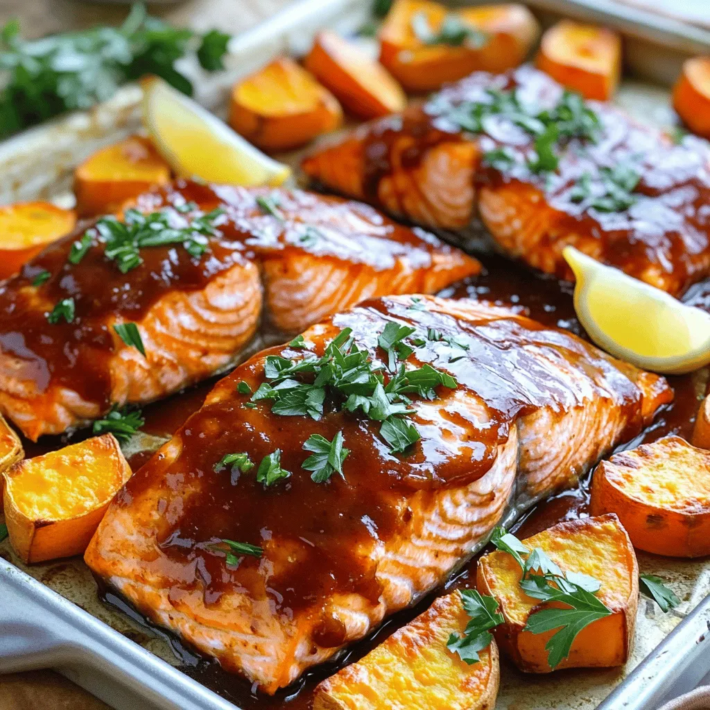 For this tasty dish, you need just a few key ingredients: - 4 salmon fillets - 2 large sweet potatoes, peeled and cubed - 1/4 cup BBQ sauce (choose your favorite) - 2 tablespoons olive oil These ingredients come together to create a delicious meal that is both filling and healthy. To add flavor, you will need: - 1 teaspoon garlic powder - 1 teaspoon smoked paprika - Salt and pepper to taste These spices enhance the taste of the salmon and sweet potatoes, making every bite enjoyable. For a nice touch, consider these additions: - Fresh parsley, chopped (for garnish) - Lemon wedges (for serving) These garnishes not only add color but also a burst of freshness to the dish. Feel free to pair this meal with a side salad or steamed veggies for more nutrition. Start by peeling the sweet potatoes. Next, cut them into cubes about one inch big. This size helps them cook evenly. In a large bowl, add the sweet potato cubes. Pour in the olive oil, garlic powder, smoked paprika, salt, and pepper. Toss everything well until the sweet potatoes are fully coated. Spread them out in a single layer on a large baking sheet. This step allows them to roast nicely. While the sweet potatoes roast, you can prepare the salmon. Take your salmon fillets and place them on a baking sheet. If you have room, use the same sheet pan as the sweet potatoes. Line the sheet with parchment paper for easy cleanup. Brush your favorite BBQ sauce generously over each fillet. Make sure each piece is well coated to get that great flavor. Preheat your oven to 425°F (220°C). Roast the sweet potatoes for 15 minutes first. After that, check them and give them a stir. Place the salmon fillets on the pan. Bake everything together for an additional 12 to 15 minutes. You will know it's done when the salmon flakes easily with a fork and the sweet potatoes are tender. Once cooked, let the sheet pan rest for a few minutes before serving. To get sweet potatoes just right, start by cutting them into even cubes. This helps them cook at the same rate. Toss the cubes in olive oil, garlic powder, smoked paprika, salt, and pepper. Make sure they are well-coated. Spread them out in a single layer on the baking sheet. This allows air to circulate and gives a nice caramelization. Roast them until they are tender and golden brown. This takes about 15 minutes. Choosing the right BBQ sauce can make this dish shine. You can go for a sweet sauce, like honey BBQ, for a nice glaze. A smoky sauce adds depth, while a tangy vinegar-based sauce can brighten the flavor. You can even mix sauces for a unique taste. Just pick your favorite sauce and brush it over the salmon. This adds flavor and keeps the fish moist. To make sure your salmon comes out flaky, start with fresh fillets. Place them on the baking sheet and brush them with BBQ sauce. Bake them in the oven until they are cooked through. This usually takes 12-15 minutes. You can tell the salmon is done when it flakes easily with a fork. Let it rest for a few minutes after baking. This helps the juices settle back in, keeping it tender. {{image_2}} You can switch up the salmon for other fish. Try trout or cod for a lighter meal. Both fish cook well and absorb flavors like salmon. If you want a firmer texture, use halibut. Each fish brings its own taste and charm to the dish. Besides garlic powder and smoked paprika, you can explore different seasonings. Try cinnamon for a sweet twist or cumin for a warm flavor. You can even add chili powder for a kick. Mixing these spices adds variety and makes the sweet potatoes pop. If you want a vegetarian option, use chickpeas instead of salmon. Toss them in BBQ sauce and bake. For a heartier choice, try marinated tofu. It absorbs flavors well and bakes nicely. These options give you the same delicious flavor while keeping it plant-based. After your meal, let the salmon and sweet potatoes cool down. Place them in an airtight container. Store the container in the fridge. This keeps them fresh for about three days. Make sure to separate the salmon and sweet potatoes if possible. This way, each will maintain its texture. To reheat, use your oven for the best flavor. Preheat the oven to 350°F (175°C). Place the salmon and sweet potatoes on a baking sheet. Heat for about 10-15 minutes or until warmed through. You can also use a microwave. Just cover the dish to keep moisture in. Heat in short bursts, checking every minute to avoid drying out. If you want to freeze leftovers, wrap each salmon fillet in plastic wrap. Then, place them in a freezer bag. You can freeze sweet potatoes in a separate bag. They will last about three months. When ready to eat, thaw in the fridge overnight. Reheat in the oven for the best results. Yes, you can use frozen salmon. Just thaw it first. Place it in the fridge overnight. If you are short on time, seal it in a bag and put it in cold water for about 30 minutes. Make sure to pat it dry before adding the BBQ sauce. This helps the sauce stick better. You have many choices! Here are a few ideas: - Steamed broccoli - Grilled asparagus - Mixed green salad - Quinoa or brown rice These sides will add color and nutrition. They also pair well with the sweet and smoky flavors of the dish. Check the color and texture of the salmon. It should be opaque and flake easily with a fork. The internal temperature should reach 145°F (63°C). Use a meat thermometer for accuracy. If you don’t have one, a fork test works great too! Just poke the fish gently, and if it flakes, it's ready. This blog post showed you how to make delicious sheet-pan BBQ salmon. We explored key ingredients, prep steps, and cooking tips. You learned how to pick the right herbs and sides for your meal. I shared options for different fish and ways to store leftovers. Remember, cooking can be fun and creative. Try different flavors and enjoy your tasty meals!