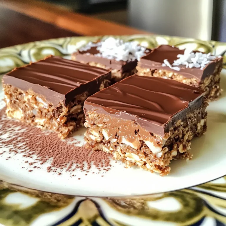 To make these no-bake chocolate coconut bars, gather these items: - 1 cup rolled oats - 1 cup unsweetened shredded coconut - 1/2 cup almond butter (or peanut butter) - 1/2 cup honey or maple syrup - 1/4 cup cocoa powder - 1/2 teaspoon vanilla extract - Pinch of salt - 1/4 cup dark chocolate chips (optional for topping) These ingredients come together to create a tasty treat. Each plays a key role in flavor and texture. You can switch some ingredients if you need to. Here are a few ideas: - Use peanut butter instead of almond butter if you prefer. - Maple syrup can replace honey for a vegan option. - Any nut butter will work in place of almond butter. - If you don’t have cocoa powder, try using carob powder for a different taste. These swaps keep the bars delicious while fitting your needs. Adding toppings can make your bars even better. Here are some fun ideas: - Drizzle with extra melted dark chocolate for richness. - Sprinkle more shredded coconut on top for added texture. - Add chopped nuts for a crunchy bite. - Try sea salt flakes to balance the sweetness. These enhancements can elevate your no-bake chocolate coconut bars to a new level! Start by gathering your dry ingredients. You need rolled oats, shredded coconut, cocoa powder, and a pinch of salt. In a large mixing bowl, combine these ingredients well. Mixing them evenly helps the flavors blend nicely. Make sure there are no clumps. This simple step lays the foundation for your bars. Next, take a smaller bowl. Add almond butter or peanut butter along with honey or maple syrup. Stir until smooth and well mixed. The goal is to create a creamy texture. Then, add vanilla extract to this mixture. This little step adds a nice flavor boost to your bars. Now, it’s time to combine the wet and dry mixtures. Pour the wet mix into the bowl with the dry mix. Use a spatula or your hands to mix everything together. You want a sticky and cohesive dough. Once mixed, prepare an 8x8 inch baking dish. Line it with parchment paper, leaving some paper hanging over the sides. This will help you lift out the bars later. Press the mixture firmly into the dish. Use your hands or a flat object to pack it down evenly. If you want a chocolate topping, melt dark chocolate chips in a microwave-safe bowl. Heat them in 30-second bursts, stirring in between. Once melted, drizzle the chocolate over the pressed mixture. Spread it evenly with a spatula for a smooth finish. This adds a delicious layer to your bars. After that, refrigerate for at least one hour. This helps the bars set, making them easier to cut later. To get the best texture in your no-bake chocolate coconut bars, follow these tips: - Use fresh ingredients: Fresh oats and coconut make a big difference. - Mix well: Ensure the dry and wet ingredients blend evenly. This helps with stickiness. - Press firmly: Pack the mixture tightly in the dish. This keeps your bars from crumbling. - Chill properly: Let the bars set in the fridge for at least an hour. This helps them firm up. Storing your no-bake chocolate coconut bars is simple: - Use airtight containers: Keep them in an airtight container to stay fresh. - Refrigerate: Bars stay best in the fridge. They will last up to a week. - Serve chilled: Enjoy them cold for a refreshing treat. You can also serve them at room temperature. Avoid these common mistakes for perfect bars: - Skipping the salt: A pinch of salt boosts flavor. Don't skip it! - Not packing down: Failing to pack the mixture can lead to crumbly bars. - Overmixing: Mix just enough to combine everything. Overmixing can make the texture off. - Not using parchment paper: Always line your dish with parchment for easy removal. {{image_2}} You can easily add nuts or seeds to your bars. Choose almonds, walnuts, or sunflower seeds. Just chop them into small pieces. Mix them into the dry ingredients before adding the wet ones. This will give your bars a nice crunch. Plus, they add extra flavor and nutrition. Want to change the flavor? Add a few drops of mint or orange extract. This gives your bars a fresh twist. You can also mix in some orange zest for a more intense taste. Just remember to adjust the wet ingredients a bit if you add more liquid flavorings. For a keto version, swap honey for a sugar-free sweetener like erythritol. Use almond butter or sunflower seed butter as your base. To make these bars vegan, simply replace honey with maple syrup or agave nectar. Both options work well without changing the taste. Enjoy these tasty bars while sticking to your dietary goals! To keep your No-Bake Chocolate Coconut Bars fresh, store them in an airtight container. This way, they stay moist and tasty. Place a piece of parchment paper between layers if you stack them. This trick helps prevent sticking. Make sure to seal the container tightly to keep out air and moisture. These bars can last up to a week at room temperature. However, I recommend refrigerating them for the best taste and texture. In the fridge, they can last up to two weeks. The cool storage keeps them firm and prevents melting. If you live in a hot area, always store them in the fridge. For longer storage, you can freeze the bars. Wrap each bar tightly in plastic wrap. Place the wrapped bars in a freezer-safe bag or container. They can last up to three months in the freezer. When you want to eat one, just take it out and let it thaw at room temperature for about 30 minutes. Enjoy a sweet treat anytime! Yes, you can. Almond butter is my favorite, but peanut butter works too. You can also try cashew or sunflower seed butter. Each nut butter adds a unique taste and texture. Just make sure it is creamy. This helps the bars stick together well. To make the bars vegan, use maple syrup instead of honey. Also, choose a plant-based nut butter. Almond butter and peanut butter are great choices. Finally, check that your chocolate chips are dairy-free. This makes the bars completely vegan and delicious. Absolutely! Adding protein powder boosts the nutrition. You can mix in about a quarter cup of your favorite protein powder. This can make the bars more filling and great for snacks. Just remember to adjust the other ingredients if needed. If you want an alternative, try agave syrup or brown rice syrup. Both work well and add sweetness. You can even use date syrup for a richer flavor. Just make sure the texture stays sticky enough to hold the bars together. This blog covered everything you need to know about making delicious bars. We explored the full ingredients list and highlighted some great substitutes. I shared step-by-step instructions to simplify the process and offered tips for achieving the best texture. Variations let you customize your bars, while storage info ensures they stay fresh. Remember, making these bars is easy and fun. You can experiment with flavors and toppings. Enjoy your homemade treat, and share with friends!
