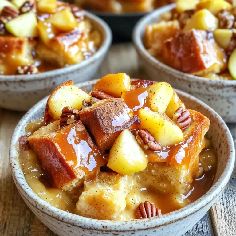 To make this delicious bread pudding, you need the following main ingredients: - 6 cups day-old brioche or challah bread, cubed - 4 large eggs - 2 cups whole milk - 1 cup heavy cream - 1 cup brown sugar, packed - 1 tablespoon vanilla extract - 2 teaspoons ground cinnamon - 1/4 teaspoon nutmeg - 2 apples, peeled, cored, and diced (preferably Granny Smith) - 1/2 cup caramel sauce, plus extra for drizzling - Pinch of salt These items create a rich custard base. The bread soaks up the mix, making each bite heavenly. You can add a few optional ingredients for more flavor and crunch: - 1/2 cup chopped pecans - Whipped cream or vanilla ice cream for serving Chopped nuts give a nice texture. Ice cream or whipped cream adds a creamy touch. If you want a lighter version, consider these substitutions: - Use almond milk or oat milk instead of whole milk - Replace heavy cream with coconut cream or a lower-fat option - Try a sugar substitute like stevia or monk fruit sweetener These swaps can help cut calories but keep the flavor. Don't be afraid to experiment with what you have on hand! Start by gathering all your ingredients. You will need: - 6 cups day-old brioche or challah bread, cubed - 4 large eggs - 2 cups whole milk - 1 cup heavy cream - 1 cup brown sugar, packed - 1 tablespoon vanilla extract - 2 teaspoons ground cinnamon - 1/4 teaspoon nutmeg - 2 apples, peeled, cored, and diced (preferably Granny Smith) - 1/2 cup caramel sauce, plus extra for drizzling - 1/2 cup chopped pecans (optional) - Pinch of salt Make sure your bread is a bit dry. This helps it soak up the custard. Dice your apples into small pieces. This ensures they cook evenly in the pudding. In a large bowl, whisk together these ingredients: - 4 large eggs - 2 cups whole milk - 1 cup heavy cream - 1 cup brown sugar, packed - 1 tablespoon vanilla extract - 2 teaspoons ground cinnamon - 1/4 teaspoon nutmeg - Pinch of salt Whisk until everything is smooth. Next, fold in the cubed bread and diced apples. If you're using pecans, add them too. Let this sit for about 10 minutes. This waiting time allows the bread to absorb the custard mixture well. Now, pour the mixture into a greased 9x13-inch baking dish. Drizzle 1/2 cup of caramel sauce over the top. This adds a sweet touch to your pudding. Bake in a preheated oven at 350°F (175°C) for 45-50 minutes. You want the top to turn golden brown, and the pudding should be set. To check if it's done, insert a toothpick in the center. If it comes out clean, your pudding is ready. Baking times may vary based on your oven. Keep an eye on it. If the top gets too brown, cover it with foil. This will prevent burning while the inside cooks through. Let the pudding cool for a few minutes before serving. Enjoy it warm with more caramel sauce, whipped cream, or ice cream! To get the custard just right, whisk your eggs well. Mix the eggs with milk and cream until smooth. This helps create a silky texture. Use whole milk for creaminess. Heavy cream adds richness, making each bite melt in your mouth. Always let the bread soak for about 10 minutes. This helps the bread absorb the custard fully. If it seems too runny, add more bread cubes. For this recipe, day-old brioche or challah works best. These breads soak up the custard well. They become soft and fluffy while baking. You can also use French bread or even croissants for a twist. Just ensure they are a bit stale. Fresh bread will not absorb the liquid as much. To boost the flavor, add more spices. A pinch of allspice or ginger can add warmth. You can also try a splash of bourbon for a kick. Vanilla extract is a must for sweetness. Don’t skip it! For a nutty taste, mix in chopped pecans. They add crunch and flavor. Using Granny Smith apples gives a nice tartness. This balances the sweetness of the caramel. {{image_2}} You can swap apples for other fruits. Pears add sweetness and tenderness. They work well in this dish. Berries like blueberries or raspberries can bring a fun twist. They add color and a tart flavor. Always choose ripe fruit for the best taste. You can mix fruits too for extra flavor. Try a blend of apples and pears for a unique touch. To make this dish gluten-free, choose gluten-free bread. Look for gluten-free brioche or challah. You can find these at many stores. This change keeps the bread pudding rich and tasty. Use the same amount as the recipe states. Ensure that all other ingredients are gluten-free. This way, everyone can enjoy this treat without worry. For a vegan version, replace the eggs with flax eggs. Mix one tablespoon of ground flaxseed with three tablespoons of water. Let it sit until it thickens. Use almond milk or oat milk instead of whole milk. For cream, try coconut cream or a nut-based cream. Replace heavy cream with full-fat coconut milk. These swaps keep the dish creamy and rich. Don't forget to use vegan caramel sauce for drizzling. Enjoy all the flavors without dairy! To keep your caramel apple cinnamon bread pudding fresh, store it correctly. First, let it cool to room temperature. Next, cover the dish tightly with plastic wrap or aluminum foil. You can also transfer leftovers to an airtight container. This way, the pudding stays moist and tasty. Store it in the fridge for up to three days. If you want to keep it longer, freeze it. Wrap it well in plastic, then place it in a freezer bag. It can last for up to three months in the freezer. When you're ready to enjoy your leftovers, reheating is key. You can use the oven or microwave. If using the oven, preheat it to 350°F (175°C). Place the pudding in a baking dish and cover with foil. Heat for about 20-25 minutes, or until warm. For the microwave, use a microwave-safe bowl. Heat in short bursts of 30 seconds. Check often so it doesn't overcook. Both methods will keep the pudding soft and delicious. To prevent sogginess in your bread pudding, choose the right bread. Day-old brioche or challah works best. They soak up the custard without falling apart. When mixing, let the bread sit in the custard for just 10 minutes. This allows it to absorb the flavors without becoming too soggy. When storing, let it cool completely before covering. This helps avoid extra moisture. Follow these tips to enjoy a perfectly textured dessert every time! Yes, you can use fresh apples in this recipe. I prefer Granny Smith for their tartness. This adds a nice contrast to the sweetness of the caramel. Just peel, core, and dice them. Fresh apples will provide a firm bite. You can tell when bread pudding is done by checking the center. Insert a toothpick into the middle. If it comes out clean, your bread pudding is ready. The top should also be golden brown. It should feel firm but slightly springy. Yes, you can prepare the bread pudding in advance. Assemble it and cover it tightly. Store it in the fridge for up to 24 hours. When ready to bake, let it sit at room temperature for a bit. Then, bake as directed. Day-old brioche or challah works best for this dish. These breads soak up the custard well and stay soft. Other types like white bread or even croissants can also work. Sure! You can use almond milk or oat milk. Just ensure it’s unsweetened for better flavor balance. This swap makes the dish dairy-free but still delicious. To avoid sogginess, don’t soak the bread for too long. Just let it absorb the custard for about 10 minutes. Also, make sure your oven is at the right temperature. A properly baked pudding will hold its shape nicely. Absolutely! You can add more cinnamon or even a pinch of ginger. Nutmeg also enhances the warm flavors. Just remember to taste your custard mixture before baking. Adjust spices as you like! You can top your bread pudding with whipped cream or vanilla ice cream. A drizzle of caramel sauce adds a sweet touch. Chopped pecans or a sprinkle of cinnamon can elevate the look and flavor. This blog covered how to make caramel apple cinnamon bread pudding. We explored the main and optional ingredients, plus healthier choices. I shared step-by-step instructions to ensure your pudding turns out great. Don't forget my tips for perfecting flavor and consistency. You can even try fun variations or store leftovers properly. With this knowledge, you're ready to bake a delicious treat. Enjoy sharing your tasty bread pudding!