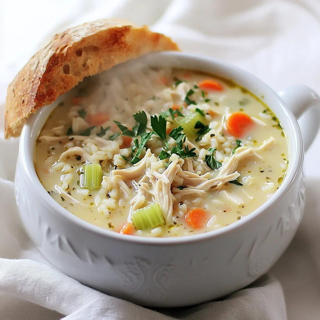 - 1 pound boneless, skinless chicken thighs - 1 cup brown rice (rinsed) - 1 medium onion (chopped) - 3 garlic cloves (minced) - 3 carrots (diced) - 2 celery stalks (diced) - 4 cups low-sodium chicken broth - 1 cup heavy cream (or coconut cream for dairy-free) - 1 teaspoon dried thyme - 1 teaspoon dried rosemary - Salt and pepper to taste - Fresh parsley (chopped, for garnish) The ingredients for Slow Cooker Creamy Chicken and Rice Soup are simple and fresh. You need chicken thighs for a rich flavor. Brown rice gives this soup a hearty feel. Chopped onion and minced garlic add depth to the taste. Dice some carrots and celery for crunch and sweetness. Use low-sodium chicken broth to keep it healthy. Cream makes the soup rich and smooth. If you want a dairy-free option, coconut cream works well. Thyme and rosemary bring a lovely aroma. Don’t forget salt and pepper for seasoning. Fresh parsley is the final touch. It adds color and freshness. You can easily find all these ingredients at your local grocery store. Gathering these ingredients ensures a cozy and delicious meal. Enjoy the process of making this comforting soup! First, gather your ingredients. You will need boneless chicken thighs, brown rice, onion, garlic, carrots, and celery. Chop the onion and dice the carrots and celery into small pieces. This helps them cook evenly. Mince the garlic into tiny bits. Rinse the brown rice under cold water. This removes excess starch and helps it cook better. Set all your chopped and rinsed ingredients aside for the next step. Now it’s time to layer everything in the slow cooker. Start by adding the chicken thighs at the bottom. Then, add the rinsed brown rice, chopped onion, minced garlic, diced carrots, and diced celery on top. Pour in the low-sodium chicken broth. This broth adds flavor and makes the soup hearty. Sprinkle dried thyme and rosemary over the mixture. Add salt and pepper to taste. Cover the slow cooker and choose your cooking time. If you set it on low, let it cook for 6-8 hours. For a quicker option, set it on high for 3-4 hours. The chicken should be tender when done. When cooking is complete, remove the chicken thighs carefully. Use two forks to shred the chicken into bite-sized pieces. Return the shredded chicken back into the pot. Next, stir in the heavy cream or coconut cream for a rich, creamy texture. Let the soup warm on high for about 15 more minutes. Taste the soup and adjust the seasoning if needed. This is your chance to get the flavor just right! To make your soup creamier, add heavy cream towards the end. If you prefer, use coconut cream for a dairy-free option. This change adds richness and smoothness. For the rice, choose brown rice for a nutty flavor. It holds its texture well during cooking. If you want a softer soup, you can use white rice, but keep an eye on the cooking time. To boost flavor, use dried thyme and rosemary. These herbs add warmth and depth. Taste your soup before serving. Adjust salt and pepper to suit your taste. If you like it spicy, consider adding a pinch of red pepper flakes. Serve your soup hot in warm bowls. For a pop of color, sprinkle fresh parsley on top. This adds freshness and looks nice. Pair it with crusty bread for a complete meal. This combo is perfect for dipping! {{image_2}} You can make this soup dairy-free by using coconut cream instead of heavy cream. Coconut cream adds a rich, creamy texture while keeping the soup light. It also brings a hint of sweetness that balances flavors well. To use coconut cream, just replace the cup of heavy cream with an equal amount of coconut cream. Stir it in at the end, just like you would with the heavy cream. If you want a change from chicken, you can swap it with turkey. Turkey thighs work well and give a similar taste. For a veggie option, try adding chickpeas or lentils. They add protein and texture without meat. Just make sure to adjust cooking times. Cook until the veggies are soft and the flavors meld. Adding more veggies brightens the soup and adds nutrition. You can toss in peas or corn for a sweet crunch. Spinach or kale can also add color and nutrients. Just add these veggies in the last hour of cooking. This way, they stay vibrant and do not turn mushy. Feel free to experiment with your favorite vegetables to make this soup your own! After enjoying your soup, save the leftovers. First, let the soup cool down. Then, place it in airtight containers. This keeps it fresh. Use glass or BPA-free plastic containers for storage. These options are safe and sturdy. Store the soup in the fridge for up to three days. To reheat, pour the soup into a pot over medium heat. Stir often to prevent sticking. Heat until the soup is warm throughout. You can also use a microwave. Place the soup in a microwave-safe bowl. Heat in one-minute bursts, stirring in between. This way, you keep the flavor and texture. If you want to freeze the soup, cool it first. Pour the cold soup into freezer-safe containers. Leave some space at the top for expansion. You can freeze it for up to three months. To thaw, move it to the fridge overnight. Reheat it on the stove or in the microwave. This keeps the taste fresh and delicious. Yes, you can use frozen chicken thighs for this soup. Just remember to add about an extra hour to your cooking time if you use frozen meat. This allows the chicken to cook fully and reach the right temperature. Using frozen chicken can save you time and still make a tasty meal. If you want to swap brown rice, try white rice or quinoa. White rice cooks faster, so check it after 2 to 3 hours if you use it. Quinoa adds a nice texture and is a good choice for a nutty flavor. You can also try cauliflower rice for a low-carb option. To make this soup gluten-free, ensure your broth is gluten-free. Use rice instead of noodles, as they are often gluten-free. Check labels on all packaged items to avoid hidden gluten. This way, everyone can enjoy the soup without worry. This creamy chicken and rice soup lasts about three to four days in the fridge. Store it in an airtight container to keep it fresh. If you notice any strange smells or colors, it’s best to toss it. Always reheat the soup to a safe temperature before eating. This recipe is easy and packed with flavor. I shared the ingredients, steps, and tips to make a tasty slow cooker soup. You can adjust flavors and add veggies to suit your taste. Don't forget to garnish for a pretty dish! With these methods, you'll serve a satisfying meal anytime. Enjoy your cooking and make it your own!