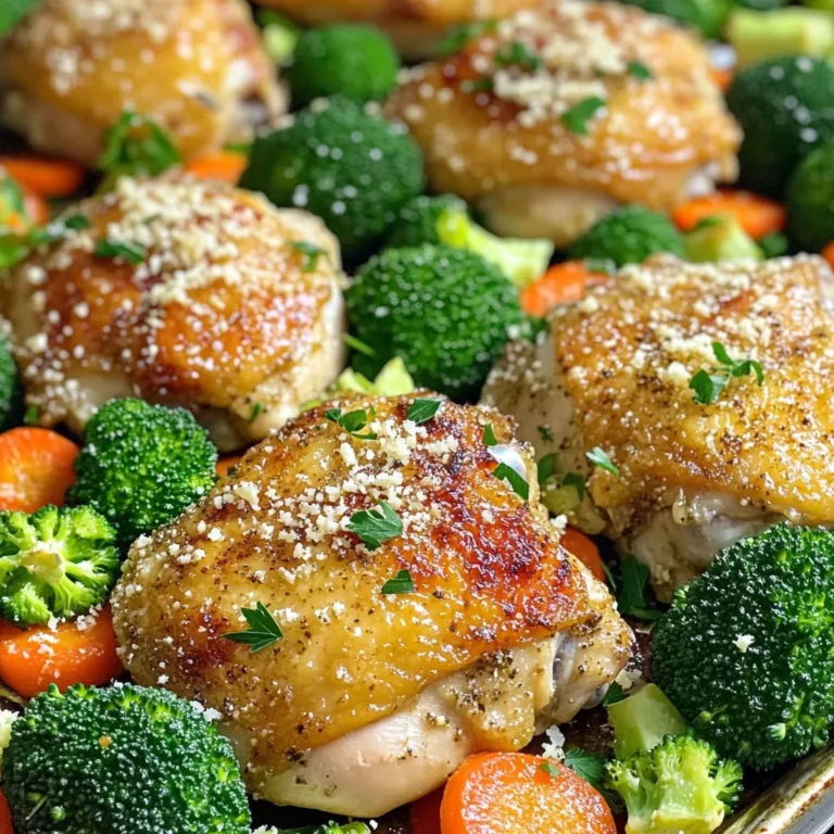 For this dish, you need simple yet tasty ingredients. Here’s what you’ll need: - 4 bone-in, skin-on chicken thighs - 2 cups broccoli florets - 1 cup baby carrots, whole - 1 red bell pepper, sliced These ingredients make your meal both hearty and colorful. The chicken thighs give you rich flavor, while the veggies add crunch and color. The garlic-parmesan marinade is key to great taste. Gather these items: - 4 cloves garlic, minced - 3 tablespoons olive oil - 1 teaspoon dried Italian herbs (oregano, basil, thyme) - Salt and pepper to taste - 1/2 cup grated Parmesan cheese This mix packs a punch. The garlic gives a strong flavor, and the cheese adds a nice, salty touch. The herbs bring freshness to the dish. To finish, you’ll want a little garnish. Use: - Fresh parsley, chopped This sprinkle of parsley not only looks pretty, but it also adds a fresh taste. The bright green color makes your meal pop on the plate. Each ingredient plays a role in making this dish a delight. You’ll love the balance of flavors and textures in every bite! Start by preheating your oven to 400°F (200°C). This gets your oven ready for roasting. Next, grab a large baking sheet. You can line it with parchment paper or lightly grease it with some olive oil. This will help with easy cleanup. In a small bowl, combine the minced garlic, olive oil, dried Italian herbs, salt, and pepper. This mixture is your garlic-parmesan marinade. Stir it well until it blends into a smooth sauce. The garlic adds a nice punch, while the Parmesan gives a rich flavor. Place the bone-in, skin-on chicken thighs on your baking sheet. Pour half of your garlic-parmesan marinade over the chicken. Make sure to coat each piece well for great flavor. In a separate bowl, take your broccoli florets, baby carrots, and sliced red bell pepper. Drizzle the remaining marinade over the veggies and toss them. This ensures they get that tasty garlic-parmesan mix too. Spread the vegetables around the chicken on the baking sheet evenly. This helps them cook well. Finish by sprinkling the grated Parmesan cheese over everything. Now, your dish is ready for the oven! To get juicy chicken, start with bone-in, skin-on thighs. The bones help keep the meat moist. Pat the chicken dry with a paper towel. This helps the skin crisp up. Coat the chicken well with the garlic-parmesan marinade. Let it sit for a few minutes to soak in the flavors. Roast the chicken at 400°F (200°C) until it reaches 165°F (75°C). This ensures it is safe to eat and not dry. For colorful and tasty veggies, I love using broccoli, carrots, and red bell pepper. Broccoli adds crunch and flavor. Baby carrots are sweet and cook evenly. Red bell peppers bring bright color and a bit of sweetness. You can also try zucchini, asparagus, or green beans. Just remember to cut them into similar sizes for even cooking. You can mix up the garlic-parmesan marinade to suit your taste. Add lemon juice for a zesty kick. Try fresh herbs like rosemary or thyme for a herby flavor. For a spicy twist, add red pepper flakes. You can also swap in different cheeses, like feta or cheddar. Get creative and find what you love! {{image_2}} You can swap chicken thighs for other proteins. Try bone-in chicken breasts for a leaner option. If you like pork, use pork chops instead. For a seafood twist, shrimp cooks fast and adds great flavor. Always adjust cooking times based on the protein you choose. The beauty of this dish lies in the veggies. You can use what’s fresh and in season. In spring, add asparagus or snap peas. In summer, zucchini and cherry tomatoes shine. Fall brings squash and Brussels sprouts, while winter is perfect for root veggies. Mixing colors makes your dish pop and boosts flavor. For a vegetarian spin, skip the chicken. Use hearty vegetables like cauliflower or mushrooms as the base. Chickpeas add protein and texture. Coat the veggies in the garlic-parmesan mixture, just like the original recipe. This way, you keep all the delicious flavors and make it plant-based! After your meal, let the chicken and veggies cool down. Place leftovers in an airtight container. You can store them in the fridge for up to three days. If you want them to last longer, consider freezing. When you're ready to eat again, take the leftovers out. You can reheat them in the oven or microwave. For the oven, heat it to 350°F (175°C). Place the food on a baking sheet for about 15 minutes. If using the microwave, heat in 30-second intervals until warm. To freeze, wrap the chicken and veggies tightly in plastic wrap. Then, place them in a freezer bag. This will help keep them fresh. You can freeze them for up to three months. When ready to eat, thaw them in the fridge overnight before reheating. Yes, you can use boneless chicken thighs. Boneless thighs cook faster than bone-in ones. Keep an eye on the cooking time, reducing it to about 25-30 minutes. Always check the internal temperature. It should reach 165°F (75°C) for safety. You can add many vegetables to this dish. Some great options are: - Zucchini - Asparagus - Cauliflower - Potatoes Feel free to mix and match. Just remember to cut them into similar sizes for even cooking. Check the chicken's internal temperature with a meat thermometer. It should be at least 165°F (75°C). The juices should run clear, not pink. If you don’t have a thermometer, cut into the thickest part. If the meat is white and not pink, it’s done. This blog post covered how to make a tasty chicken sheet pan meal. We explored the key ingredients, including chicken, veggies, and marinades. I gave step-by-step instructions to prep, mix, and bake your dish. You also learned tips for perfecting your roast and variations for proteins and veggies. I shared storage info to help keep leftovers fresh. Cooking should be fun and easy. With these guidelines, you can create a delicious meal anytime.