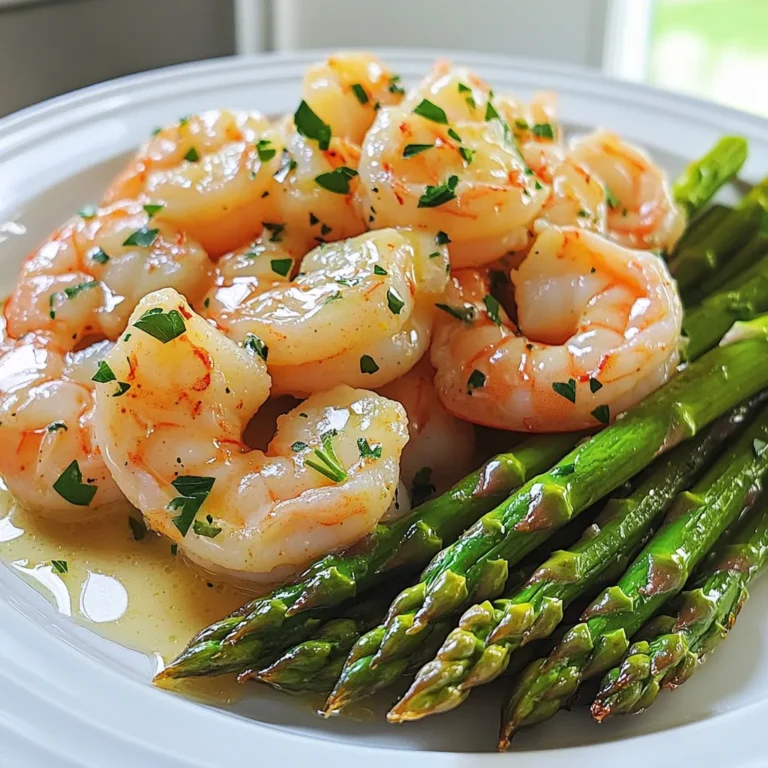 To make Garlic Butter Shrimp & Asparagus, you need a few key ingredients: - 1 lb large shrimp, peeled and deveined - 1 lb asparagus, trimmed - 4 tablespoons unsalted butter, melted - 4 garlic cloves, minced - 1 teaspoon paprika - 1 teaspoon lemon zest - 2 tablespoons fresh lemon juice - Salt and pepper to taste - Fresh parsley, chopped for garnish Using fresh ingredients makes a big difference. Fresh shrimp tastes sweet and tender. Fresh asparagus is crisp and bright. The garlic gives a strong flavor. Fresh lemon juice adds brightness. When you use fresh ingredients, your dish will taste better and look more colorful. To make this dish, you will need some simple tools: - Baking sheet - Parchment paper - Mixing bowl - Spoon or spatula - Knife - Cutting board These tools make prep easy and keep your kitchen tidy. A lined baking sheet helps with cleanup and keeps the shrimp and asparagus from sticking. A good knife and cutting board are key for prepping your ingredients. To make garlic butter shrimp and asparagus, start by gathering your ingredients. You will need: - 1 lb large shrimp, peeled and deveined - 1 lb asparagus, trimmed - 4 tablespoons unsalted butter, melted - 4 garlic cloves, minced - 1 teaspoon paprika - 1 teaspoon lemon zest - 2 tablespoons fresh lemon juice - Salt and pepper to taste - Fresh parsley, chopped for garnish Next, preheat your oven to 400°F (200°C). Lining a baking sheet with parchment paper helps with easy cleanup. 1. In a mixing bowl, combine melted butter, minced garlic, paprika, lemon zest, lemon juice, salt, and pepper. Stir until well mixed. 2. Add the shrimp to the bowl. Toss them until they are fully coated in the garlic butter mix. 3. On the lined baking sheet, spread the trimmed asparagus in a single layer. Drizzle with a bit of olive oil, salt, and pepper. Toss to coat the asparagus. 4. Place the shrimp on top of the asparagus in an even layer. 5. Bake everything in your preheated oven for 10-12 minutes. The shrimp should turn pink and opaque, and the asparagus should be tender-crisp. 6. Once done, take it out of the oven and let it cool for a minute. Garnish your dish with fresh chopped parsley. To get the best shrimp and asparagus, here are some tips: - Use fresh shrimp for the best flavor and texture. - Do not overcook the shrimp. They should be just pink and tender. - Make sure asparagus is fresh and vibrant. Trim any tough ends before cooking. - Use a timer to avoid overbaking. Check at the 10-minute mark. - Feel free to add other spices or herbs for extra flavor. These steps will help you create a delicious and colorful dish that is sure to impress! The prep time for this dish is just 10 minutes. You can gather all your ingredients quickly. The cook time is only 10 to 12 minutes. This makes the total time around 20 minutes. You can have a tasty meal ready in no time! This recipe serves about 4 people. Each person gets a nice portion of shrimp and asparagus. If you need to feed more, you can easily double the recipe. Just make sure your baking sheet has enough space! Garlic butter shrimp and asparagus pair well with several sides. Here are some ideas: - Rice or quinoa for a filling base - A fresh green salad for added crunch - Crusty bread to soak up the garlic butter - Roasted potatoes for a hearty option These sides will complement the flavors and make your meal even better! {{image_2}} When making garlic butter shrimp and asparagus, avoid a few common pitfalls. First, don’t overcook the shrimp. They cook quickly and should turn pink. If they sit too long, they become tough. Second, use fresh garlic. Dried garlic will not give you the same flavor. Lastly, don’t skip the lemon juice. It brightens the dish and enhances the flavors. You can change the flavor with simple swaps. Try adding red pepper flakes for heat. For a smoky flavor, use smoked paprika instead of regular. You can also mix in fresh herbs like dill or basil for a twist. If you like a citrusy kick, add lime juice instead of lemon. Each change adds a unique touch to your shrimp and asparagus. For a quicker meal, prep ahead. Clean and trim the asparagus the day before. You can also marinate the shrimp overnight in garlic butter. This allows the flavors to soak in. On busy nights, use frozen shrimp; just thaw them first. Using parchment paper on the baking sheet makes cleanup fast. These tips keep your time in the kitchen short and sweet. You can switch the shrimp for other proteins. Chicken breast works great. Cut it into small pieces. You can use firm fish, like salmon or cod. These options will soak up the garlic butter well. For a vegetarian twist, try tofu. Press it first to remove extra water. Asparagus is tasty, but feel free to explore. Broccoli florets add nice crunch. Bell peppers bring color and sweetness. Green beans are also a great choice. You can mix and match your favorites. Just remember to cut them into similar sizes for even cooking. Want to add some heat? Try red pepper flakes in the garlic butter mix. You can also use jalapeño for fresh spice. For a fresh taste, add herbs like thyme or basil. They give a lovely twist to the dish. You can mix in a bit of fresh dill for a unique flavor. Yes, you can prep the shrimp and asparagus ahead of time. Mix the garlic butter and coat the shrimp. Store them in the fridge for up to 24 hours. Keep the asparagus separate until you are ready to cook. This helps keep everything fresh and tasty. If you need a swap, chicken or firm tofu works well. Cut chicken into bite-sized pieces. Use the same garlic butter mix. If using tofu, press it to remove excess water. Cook time may vary, so check that it's fully cooked. Store leftovers in an airtight container. They last for 2-3 days in the fridge. Reheat gently in a pan or microwave. Add a splash of lemon juice to brighten the flavors when you serve them again. This blog post highlighted key ingredients, steps, and tips for a great shrimp and asparagus dish. Fresh ingredients and the right tools matter for best results. I shared how to prep, cook, and serve this meal efficiently. You can avoid common mistakes and explore fun variations to suit your taste. Remember, cooking is about enjoying the process. With these tips, you can create a delicious dish that impresses everyone. Happy cooking!