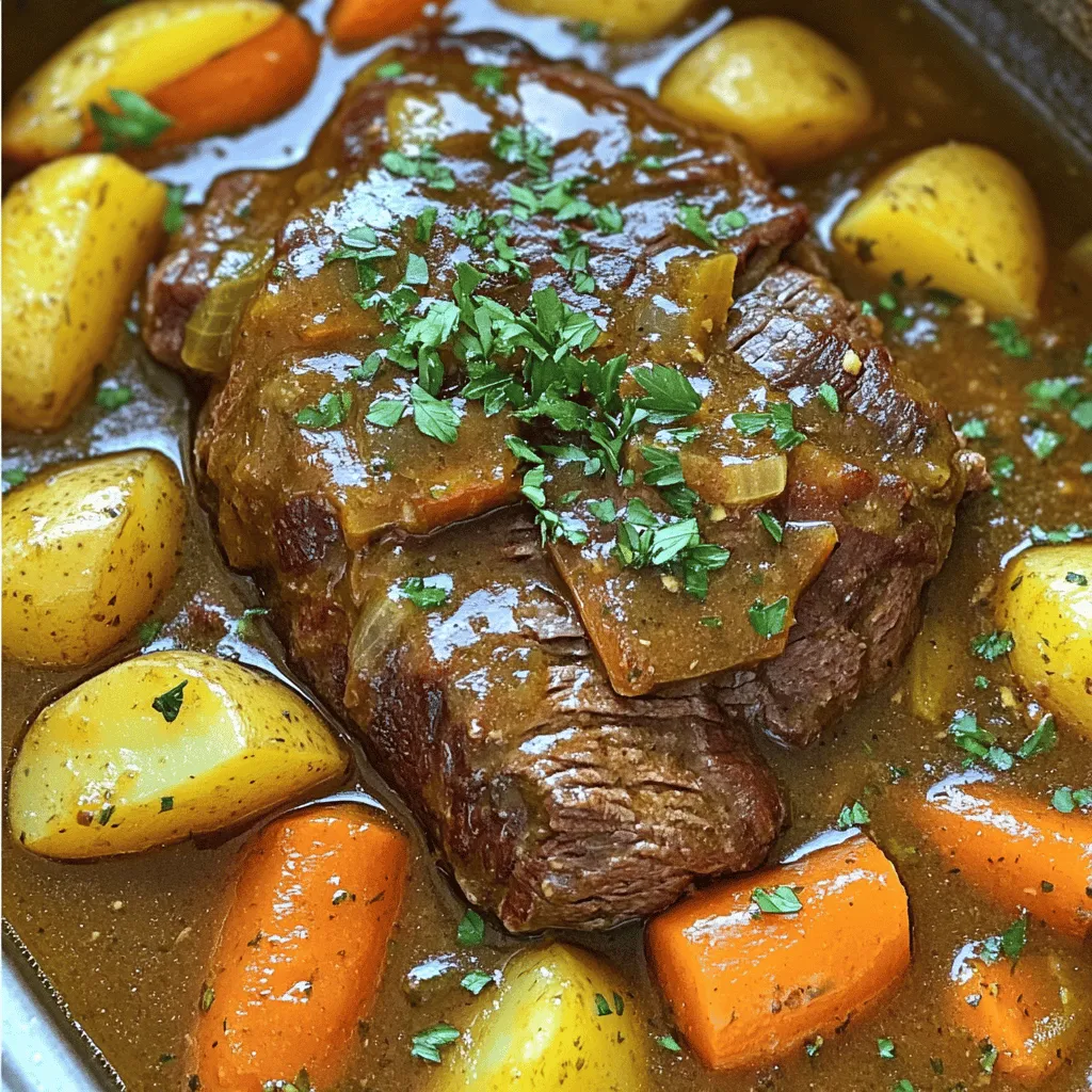 - 3 to 4 pounds chuck roast - 8 cloves garlic, minced - 2 tablespoons fresh rosemary, chopped - 2 tablespoons fresh thyme, chopped The chuck roast is key to the flavor. This cut has enough fat to stay juicy. I love using garlic for its bold taste. Fresh herbs like rosemary and thyme add depth and aroma. - 4 large carrots, peeled and sliced - 3 large potatoes, chopped into chunks - 1 onion, quartered Carrots bring sweetness, while potatoes add heartiness. The onion enhances the overall taste. Layering these veggies adds texture and flavor to the pot roast. - 4 cups beef broth - 1 tablespoon olive oil - 2 tablespoons cornstarch (optional, for thickening) - Salt and pepper to taste - Fresh parsley for garnish Beef broth helps make the dish savory. Olive oil is great for searing the roast. Cornstarch is an option for a thicker sauce. Fresh parsley brightens up the dish when serving. First, take your chuck roast and pat it dry with paper towels. This step helps the roast brown better. Next, generously season all sides with salt and pepper. This simple seasoning will add great flavor to the meat. Now, heat one tablespoon of olive oil in a skillet over medium-high heat. Once the oil is hot, add the roast. Sear it on all sides until it's nicely browned. This should take about four to five minutes per side. Once browned, remove the roast from the skillet and set it aside. In the same skillet, add eight minced garlic cloves along with two tablespoons of chopped rosemary and two tablespoons of chopped thyme. Sauté these for about one minute until they smell fragrant. This step enhances the dish's flavor and adds depth to your pot roast. In your slow cooker, start by placing four large, peeled and sliced carrots, three large chopped potatoes, and one quartered onion at the bottom. This veggie layer will create a flavorful base for the roast. Place the seared roast on top of the vegetables in the slow cooker. Then, pour four cups of beef broth over the roast. Make sure the broth covers the vegetables well. Cover the slow cooker and set it to cook. For tender meat, cook on low for eight to ten hours or on high for four to six hours. If you want to make a thicker gravy, remove the roast and vegetables once they are done. Mix two tablespoons of cornstarch with some of the cooking liquid. Stir it in and cook on high for ten to fifteen minutes until thickened. Then, return the meat and veggies to the pot. To serve, shred the roast using two forks and mix it back into the sauce. Serve it hot, garnished with freshly chopped parsley for a touch of color. Arrange the meat and veggies nicely in a large dish and ladle extra sauce on top. Enjoy this delicious pot roast with family and friends! For a great pot roast, chuck roast works best. It has the right fat content. This fat makes the meat tender and flavorful. You can also use brisket or round roast. Both options offer tasty results. Always choose a cut with nice marbling. This adds flavor and moisture to your dish. To boost flavor, think outside the box. Try adding smoked paprika for a deep taste. You can also mix in bay leaves for extra aroma. If you like heat, add red pepper flakes. For a sweet note, consider a splash of balsamic vinegar. Experiment with your favorite spices to make it your own. Not all slow cookers are the same. Some cook faster than others. If your slow cooker runs hot, check the roast sooner. On low, cook for 6-8 hours. On high, check at 3-5 hours. Always test the meat for tenderness. It should pull apart easily with a fork. Adjust cooking time based on your model for the best results. {{image_2}} You can switch the chuck roast for pork or chicken. Pork shoulder works well with the same spices. It gives a nice, rich flavor. Chicken thighs are also great. They stay moist and tender during cooking. Just remember to adjust the cooking time. Chicken cooks faster than beef or pork. Feel free to mix up the herbs in your pot roast. If you love basil or oregano, add them in. You can also try dill for a fresh twist. Fresh herbs add a bright flavor that enhances the meat. Dried herbs work too, but use less. They are stronger than fresh. Using different vegetables can change the dish. Sweet potatoes can replace regular potatoes for a sweet touch. You can also add parsnips or turnips for a unique flavor. Try seasonal veggies like butternut squash in the fall. Just chop them into similar sizes for even cooking. To keep your Slow Cooker Garlic Herb Pot Roast fresh, follow these steps: - Cool the roast: Let it cool to room temperature before storage. - Use airtight containers: Place leftovers in glass or plastic containers with tight lids. - Refrigerate: Store in the fridge for up to 3 days. This keeps the meat tender and tasty. - Freezing: If you want to keep it longer, freeze in portions. It lasts up to 3 months. When you’re ready to enjoy your leftovers, here’s how to reheat them safely: - Thaw first: If frozen, thaw in the fridge overnight. - Microwave method: Place in a microwave-safe dish. Cover and heat on medium for 2-3 minutes. Stir halfway through to heat evenly. - Stovetop method: Heat in a pot over low heat. Add a splash of broth to keep it moist. Stir until hot. Knowing how long your pot roast lasts is key: - Refrigerated: 3 days is best for the best flavor and safety. - Frozen: It can stay good for up to 3 months. After this, it may lose taste and texture. Always label your containers with dates for easy tracking. It takes about 8 to 10 hours on low heat or 4 to 6 hours on high heat. The time may vary based on the size of your roast. A larger roast needs more time to cook. When the meat pulls apart easily with a fork, it is done. Yes, you can skip searing the roast. Searing adds flavor and color, but it's not necessary. If you want a simpler method, just season the roast and place it directly in the slow cooker. The pot roast will still be tasty. Pot roast pairs well with many sides. You can serve it with: - Mashed potatoes - Roasted vegetables - Green beans - A fresh salad These sides balance the richness of the meat and add color to your meal. Yes, you can use frozen vegetables. Just add them in the slow cooker with the roast. Frozen vegetables will cook down during the long cooking time. They may have a softer texture, but they will still taste great. This blog post covered how to make a great pot roast. We discussed the main ingredients, step-by-step instructions, and useful tips. Remember to choose the right cut of meat and adjust cooking times based on your slow cooker. You can even change up the herbs and veggies. Store leftovers well to keep them fresh. Enjoy your pot roast with your favorite sides. Happy cooking!