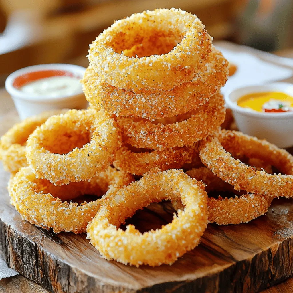 - 2 large onions, sliced into 1/2-inch rings - 1 cup buttermilk: This helps make the onion rings tender and flavorful. - 1 cup all-purpose flour: This provides a nice base for coating. - 1 cup breadcrumbs: Panko works best for extra crunch. - 1 teaspoon paprika: Adds a mild, smoky flavor. - 1 teaspoon garlic powder: Gives a rich and savory taste. - 1 teaspoon onion powder: Enhances the onion flavor. - 1/2 teaspoon cayenne pepper: Adjust for spice level. - Salt and pepper: To taste for seasoning. - Olive oil spray: Helps achieve a crispy texture. - Types of breadcrumbs: You can use regular or seasoned breadcrumbs. - Additional spices: For a custom flavor, try adding Italian herbs or chili powder. - Air fryer: The key tool for a crispy finish. - Mixing bowls and utensils: For mixing and coating. - Dredging trays: Helps organize the coating process. First, soak the onion rings in buttermilk for at least 30 minutes. This step is key. It softens the onions and adds great flavor. After soaking, slice your onions. Aim for 1/2-inch thick rings. Uniform rings help them cook evenly. Next, let's create the seasoned flour mixture. In a bowl, mix together 1 cup of flour, 1 teaspoon of paprika, 1 teaspoon of garlic powder, 1 teaspoon of onion powder, and 1/2 teaspoon of cayenne pepper. Add salt and pepper to taste. Stir it well until combined. Now, get another bowl for the breadcrumbs. I prefer Panko for extra crunch. Take the soaked onion rings and let the excess buttermilk drip off. Dredge each ring in the seasoned flour first. Make sure each ring is well-coated. This adds a nice flavor layer. Next, dip the floured rings back into the buttermilk. Then coat them with breadcrumbs. Press gently to help the crumbs stick. Now it's time for the air fryer! Preheat it to 375°F (190°C). Spray the basket with olive oil spray to avoid sticking. Place the coated onion rings in a single layer. Don't overcrowd them. You may need to cook in batches for the best results. Before cooking, lightly spray the tops of the rings with olive oil. This helps achieve that golden crispy look. Cook them for about 10-12 minutes. Flip the onion rings halfway through to ensure even cooking. They should look golden brown and crispy when done. Once cooked, take them out and let them cool a bit before serving. Enjoy your zesty onion rings! To make crispy onion rings, use Panko breadcrumbs. They add extra crunch and texture. Regular breadcrumbs can work, but Panko offers the best results. Avoid overcrowding the basket. When you pack too many onion rings, they steam instead of crisp. Cook in batches if needed. Give each ring space to breathe. For a flavor boost, adjust spices. Add more paprika for a smoky taste. If you love heat, increase the cayenne pepper. You can also add zest with citrus or herbs. A touch of lemon zest brightens the flavor. Fresh herbs like parsley or dill can add a nice twist, too. Pair your onion rings with tasty dipping sauces. Ranch dressing, spicy mayo, or classic ketchup work well. For plating, use a large platter. Arrange the rings in a circle. Add small bowls for sauces in the center. This makes for an eye-catching display. Enjoy your crispy flavor sensation! {{image_2}} You can spice things up with your onion rings. For a kick, add more cayenne pepper. This will give your rings a nice heat. If you love cheese, try adding grated cheese to your breadcrumbs. This makes cheesy onion rings that are rich and tasty. If you need gluten-free options, use almond flour instead of all-purpose flour. It will still give you a great crunch. For a vegan twist, swap buttermilk with plant-based milk. Use a flaxseed egg as a binder for the breadcrumbs. These options make the onion rings suitable for everyone. You can bake your onion rings in the oven as an alternative. Preheat your oven to 425°F (220°C). Place the rings on a baking sheet and spray them lightly with olive oil. Bake for about 20-25 minutes, flipping halfway through. If you prefer deep frying, heat oil to 350°F (175°C). Fry the onion rings in batches until they are golden and crispy. This method gives a classic taste but adds more oil. Each method brings a unique flavor and texture to the onion rings. To store leftover onion rings, place them in an airtight container. Keep them in the fridge right away. This helps maintain their flavor and freshness. When you want to eat them again, reheat in the air fryer. Set the temperature to 350°F (175°C) for about 5-7 minutes. This method keeps them crispy. Avoid using the microwave, as it makes them soggy. You can freeze onion rings for later use. For uncoated rings, slice your onions and freeze them on a baking sheet first. Once frozen, transfer them to a zip-top bag. For cooked rings, let them cool completely. Then, place them in a single layer in a bag. When you're ready to eat, you can reheat them from frozen. Cook in the air fryer at 375°F (190°C) for about 10-12 minutes until they are hot and crisp. In the fridge, your onion rings stay fresh for about 3-4 days. For the best flavor, enjoy them within this time. If you freeze them, they last 2-3 months. Always check for any signs of spoilage, like off smells or changes in texture, before eating. Proper storage helps you enjoy that zesty flavor for longer. Soak the onion rings in buttermilk for at least 30 minutes. This step helps to soften the onions and boosts their flavor. The buttermilk also adds a nice tang that pairs well with the crispy coating. If you have more time, soaking for an hour can make them even better. Yes, you can use yellow or sweet onions for this recipe. Yellow onions offer a classic flavor that works well. Sweet onions, like Vidalia, add a mild sweetness. Both types will create tasty onion rings. Just slice them into 1/2-inch rings to ensure they cook evenly. Set your air fryer to 375°F (190°C). Cook the onion rings for 10-12 minutes. Flip them halfway through for even cooking. Keep an eye on them to ensure they turn golden brown and crispy. If you like them extra crispy, you can cook a bit longer, but check often to avoid burning. In this post, we explored how to make onion rings. We discussed key ingredients like onions, buttermilk, and spices. You learned the importance of kitchen tools like an air fryer and mixing bowls. We covered steps for preparation, breading, and cooking, ensuring crispy results. You also discovered tips for flavor and storage. Now, you can create tasty onion rings at home. Experiment with variations and enjoy every bite!
