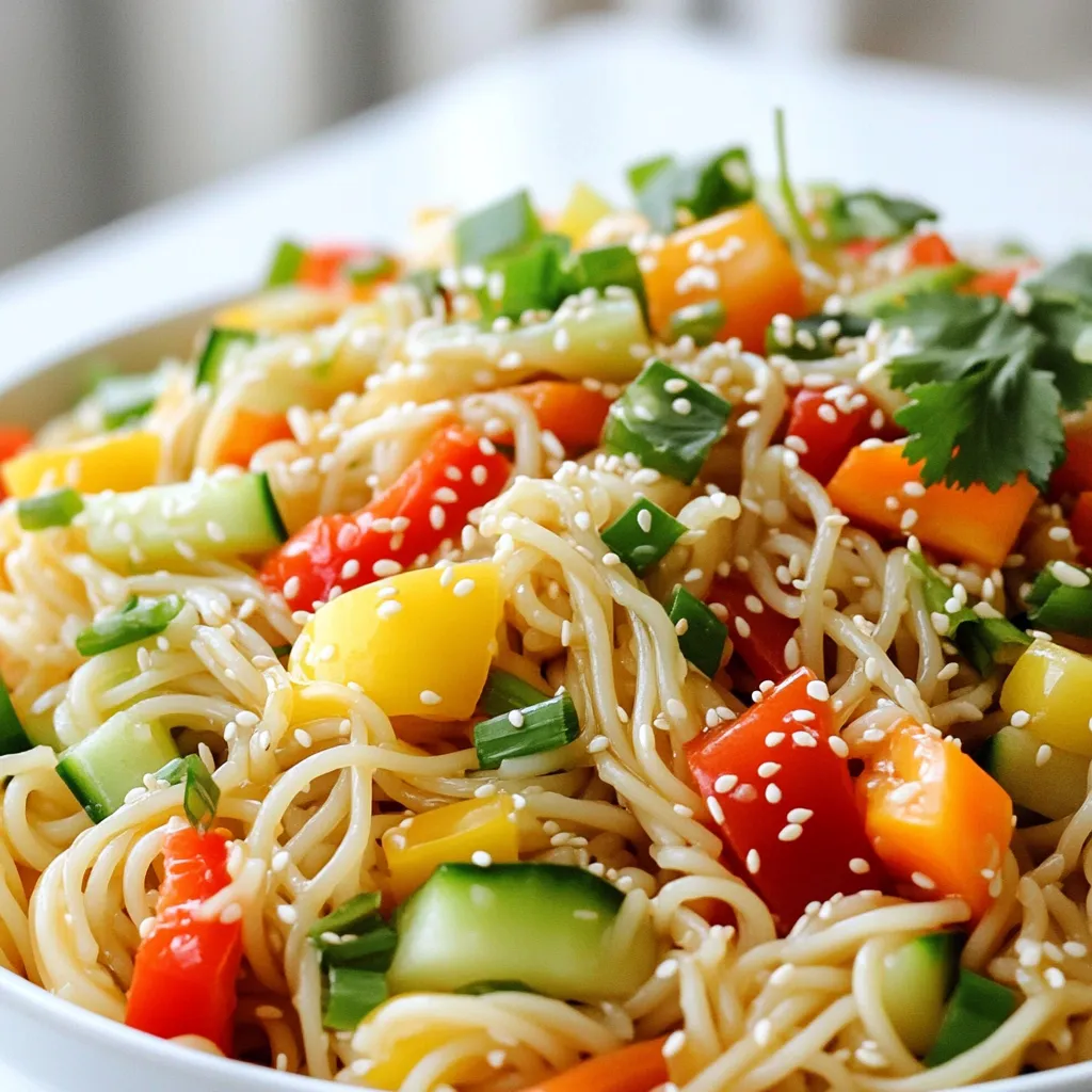 - 200g rice noodles - 2 tablespoons sesame oil - 1 tablespoon fresh ginger, grated - 2 cloves garlic, minced - 1 cup bell peppers (red and yellow), thinly sliced - 1 cup carrots, julienned - 1 cup cucumber, julienned - ¼ cup green onions, chopped - 2 tablespoons soy sauce (or tamari for gluten-free) - 1 tablespoon honey or maple syrup - 1 tablespoon rice vinegar - 2 tablespoons sesame seeds - Fresh cilantro for garnish (optional) Gathering the right ingredients is key. Start with 200g of rice noodles. These noodles are light and soak up the flavors well. You need 2 tablespoons of sesame oil for that rich, nutty taste. Next, grab 1 tablespoon of fresh ginger, grated, and 2 cloves of minced garlic. These add a zest that wakes up the dish. For color and crunch, you'll need 1 cup of thinly sliced bell peppers, 1 cup of julienned carrots, and 1 cup of julienned cucumber. Don't forget ¼ cup of chopped green onions for a pop of flavor. For the sauce, mix 2 tablespoons of soy sauce (or tamari if you need it gluten-free), 1 tablespoon of honey or maple syrup for sweetness, and 1 tablespoon of rice vinegar for a tangy kick. Finally, sprinkle 2 tablespoons of sesame seeds on top and use fresh cilantro as a garnish if you like. These ingredients will make your salad fresh and tasty. Enjoy the process of gathering and prepping! First, fill a large pot with water and bring it to a boil. Once it’s bubbling, add the rice noodles. Cook them according to the package instructions, usually about 4 to 6 minutes. When they are soft, drain the noodles in a colander. Rinse them under cold water to stop cooking. This helps keep them firm and prevents sticking. Grab a small bowl and add sesame oil, grated ginger, and minced garlic. Whisk them together until they blend well. Next, add soy sauce, honey or maple syrup, and rice vinegar. Keep whisking until the dressing is smooth. This mix gives the salad its bright flavor. In a large mixing bowl, combine your thinly sliced bell peppers, julienned carrots, cucumber, and chopped green onions. Add the cooled rice noodles to this colorful mix. Toss them gently to combine, making sure the veggies and noodles are mixed well. Now, pour your dressing over the noodle and vegetable mix. Toss everything together gently. You want to coat the noodles and veggies evenly. After that, sprinkle sesame seeds on top and toss lightly again. If you need to, taste and adjust the seasoning. Finally, transfer the salad to a serving bowl or plate. If you like, garnish it with fresh cilantro. Enjoy your quick and tasty sesame ginger noodle salad! To make the best sesame ginger noodle salad, cook the rice noodles just right. Follow the package instructions closely. Rinse the noodles in cold water after cooking. This stops the cooking. It also keeps them from sticking. A good rinse helps the dressing mix well. Add fresh ginger to give your salad a zing. Use a microplane to grate it finely. This way, its flavor spreads evenly. Don't skip the sesame oil. It adds depth and richness. Feel free to switch up the veggies based on what you have. You can use zucchini or snap peas instead of bell peppers. If you want a bit of heat, add some sliced jalapeños. For a crunch, try adding radishes or cabbage. If you need a gluten-free option, use tamari instead of soy sauce. You can also replace honey with maple syrup for a vegan choice. This salad is great for meal prep. Cook the noodles and chop the veggies ahead of time. Store them separately in the fridge. When ready to eat, mix the noodles and veggies with the dressing. You can also prepare the dressing in advance. Keep it in a jar in the fridge. Shake it well before you use it. This way, you save time on busy days. Enjoy your quick and tasty noodle salad anytime! {{image_2}} You can make your sesame ginger noodle salad more filling by adding protein. Grilled chicken works well and adds a nice smoky flavor. Simply slice the chicken and toss it in with the noodles. Tofu is a great option too, especially if you want a vegan dish. Use firm tofu for the best texture. Cube it and pan-fry until golden before adding it to the salad. Shrimp is another tasty choice. Cook it quickly and mix it in for a seafood twist. If you need a gluten-free version, no worries! Just swap regular soy sauce for tamari. Tamari gives the same great flavor but without gluten. You can also use rice noodles, which are naturally gluten-free. Make sure to check the labels on all your ingredients to ensure they are gluten-free. Feel free to mix and match the veggies in your salad. Broccoli florets add a nice crunch and a pop of green. Snap peas can bring a sweet crunch, while shredded red cabbage gives color and texture. You could even add edamame for extra protein and a pop of color. The key is to use your favorite vegetables, so your salad is both tasty and fun to eat! To store your sesame ginger noodle salad, place it in an airtight container. This keeps the flavors fresh. Make sure to cool the salad first before sealing it. You can refrigerate it for up to three days. After that, the noodles may become soggy. When prepping for the week, store the dressing separately. This helps keep the noodles and veggies crisp. You can chop the vegetables ahead of time. Keep them in the fridge in sealed bags. This way, you save time when you are ready to eat. If stored correctly, the salad lasts about three days in the fridge. After this time, the taste and texture may change. Always check for freshness before eating. If it looks or smells off, it’s best to toss it out. Yes, you can use other noodles. Try soba, udon, or even spaghetti. Each type gives a unique taste and texture. Just cook them according to package directions. To spice it up, add chili flakes or sriracha to the dressing. You can also mix in fresh sliced jalapeños. Start with a little, then taste and adjust. Yes, this recipe is vegan. It uses no animal products. The honey can be swapped for maple syrup to keep it plant-based. You can make this salad ahead of time. Just keep the dressing separate until serving. This keeps the noodles and veggies fresh and crunchy. This salad pairs well with grilled chicken, shrimp, or tofu. You could also serve it alongside spring rolls for a tasty meal. Enjoy your meal with a side of fresh fruit for dessert. In this post, I covered how to make a tasty sesame ginger noodle salad. You learned about the key ingredients and step-by-step instructions. I also shared tips for meal prep, options to add protein, and ways to customize it. This dish is simple yet full of flavor. You can easily adapt it to fit your needs. Enjoy making this healthy salad that keeps well and tastes great. Try it out and make it your own!