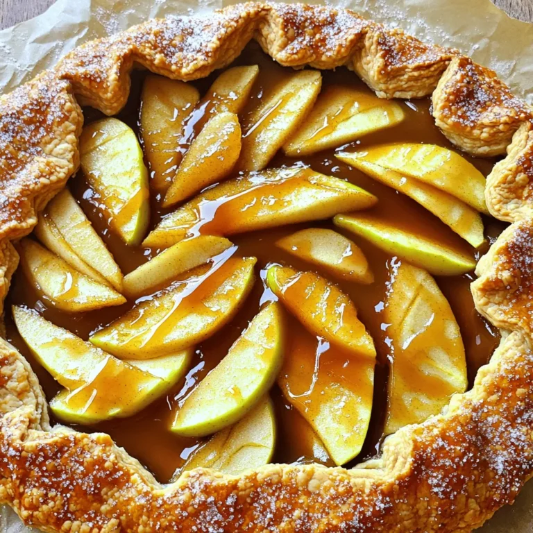 - 2 large apples (Granny Smith or Honeycrisp) - 1 tablespoon lemon juice - 1/4 cup brown sugar - 1 teaspoon cinnamon - 1 sheet refrigerated pie crust or homemade pie dough - 1/4 cup caramel sauce - 1 egg (for egg wash) - 1 tablespoon coarse sugar - Pinch of salt When making a caramel apple galette, you want the best apples. Granny Smith adds tartness, while Honeycrisp gives sweetness. Choose one or mix both for a fun twist. You will also need lemon juice to keep the apples bright. Brown sugar and cinnamon add warmth and depth to your filling. The pie crust is important, too. You can use store-bought for speed or make your own for a personal touch. Caramel sauce will bring that sweet, gooey goodness. Don’t forget the egg wash! It helps the crust shine and adds a lovely crunch. Coarse sugar on top makes it sparkle. Gather these ingredients, and you are ready to create a delightful dessert. Each component plays a role in making this dish delicious and fun. With these simple items, you can impress friends and family. - Preheat the oven to 400°F (200°C). - Prepare the baking sheet with parchment paper. - Toss sliced apples with lemon juice, brown sugar, cinnamon, and salt. - Allow the mixture to sit for 15 minutes. This helps the apples become soft and flavorful. - Roll out pie crust into a 12-inch circle. Use a lightly floured surface for ease. - Arrange the apple mixture in the center of the crust and drizzle with caramel. Leave a 2-inch border. - Fold and pleat the edges of the pie crust. This gives it a lovely rustic look. - Brush the crust with egg wash and sprinkle with coarse sugar. This adds shine and crunch. - Bake for 25-30 minutes or until the crust is golden brown. The apples should be tender and juicy. Best apple varieties for baking: You want apples that hold their shape. Granny Smith and Honeycrisp are great choices. These apples are both tart and sweet. They give the galette a nice balance of flavors. Importance of letting the apple mixture sit: Letting the apple mixture sit is key. This step helps the apples soften and absorb the flavors. The lemon juice, sugar, and cinnamon blend well when they sit. It makes the apples taste even better. How to achieve a golden crust: For a golden crust, brush it with beaten egg. This egg wash gives it a nice shine and color. Sprinkle coarse sugar on top for a sweet crunch. Bake it until golden brown, which takes about 25 to 30 minutes. Avoiding soggy bottom crust: To avoid a soggy crust, use parchment paper. It helps the crust cook evenly. You can also bake the galette on the lower rack. This way, the heat hits the bottom first. Ideal accompaniments like vanilla ice cream: Serve your galette warm with a scoop of vanilla ice cream. The cold ice cream melts slightly on the warm galette. It adds a creamy touch that everyone loves. Presentation tips for serving: For a lovely presentation, drizzle extra caramel sauce on top. You can also add a dusting of powdered sugar for a fancy look. Place the galette on a nice plate to impress your guests. {{image_2}} You can play with the flavors of the caramel apple galette. Adding nuts like walnuts or pecans gives a nice crunch. Dried fruits, such as raisins or cranberries, add sweetness. Just mix them in when you toss the apples. You can also swap spices. Nutmeg adds warmth and depth. A splash of vanilla extract can enhance the sweetness of the apples. Try these to find your favorite twist! The crust can make a big difference. You can use store-bought pie crust for a quick option. It saves time and still tastes great. But making homemade pie dough gives a fresh touch. It’s fun and lets you control the ingredients. If you need a gluten-free option, there are great alternatives. Look for gluten-free pie crusts in stores. They work well and still hold the filling nicely. Caramel sauce is key for this dessert. You can use store-bought caramel for ease. However, a homemade caramel sauce can elevate the dish. It tastes richer and adds a special touch. Think about toppings too. Whipped cream is classic and adds creaminess. Flavored ice creams, like caramel or cinnamon, can make the dessert even more exciting. Experiment with what you love! To store leftover caramel apple galette, let it cool first. Wrap it in plastic wrap or foil. Place it in the fridge. This keeps it fresh. Leftovers last for about 3 days. To freeze slices, cut the galette into pieces. Wrap each slice in plastic wrap. Then, place the slices in a freezer-safe bag. This way, they won’t stick together. You can freeze them for up to 2 months. When you’re ready to eat, take out a slice. Let it thaw in the fridge overnight. This helps maintain the taste and texture. To reheat, use your oven for the best results. Preheat it to 350°F (175°C). Place the slice on a baking sheet. Heat for about 10 minutes. This keeps the crust crispy. You can also serve it warm or at room temperature. Enjoy it with some extra caramel drizzled on top! Can I use canned apple pie filling? Yes, you can use canned apple pie filling. It saves time and is easy. Just make sure to drain it well. Fresh apples give better flavor, but canned works in a pinch. How can I modify this recipe for dietary restrictions? For gluten-free options, use a gluten-free pie crust. You can also use maple syrup instead of brown sugar for a natural sweetener. For a vegan version, use a plant-based egg wash and a vegan pie crust. What to do if the crust is soggy? If your crust turns soggy, try pre-baking it for a few minutes. This helps create a barrier. You can also sprinkle a bit of flour or cornstarch under the apple filling to absorb extra moisture. How to tell when apples are done baking? Apples are done when they are tender and juicy. You can poke them with a fork. The crust should be golden brown. This takes about 25-30 minutes in the oven. What drinks pair well with caramel apple galette? Delicious drink options include warm apple cider or a nice cup of chai tea. You could also enjoy it with a glass of sweet white wine. Each drink complements the flavors well. Can it be served cold, or is it better warm? Serving warm is best for caramel apple galette. The warm filling and crust create a cozy treat. If you have leftovers, you can enjoy them cold, but warm is tastier. In this blog post, we covered how to make a warm and delicious caramel apple galette. You learned about the ingredients, step-by-step instructions, and tips for the perfect bake. We also explored variations, storage ideas, and common questions. This treat is simple but packed with flavor. Whether you're using Granny Smith or Honeycrisp apples, the result is sure to impress. Enjoy making this dessert and share it with friends and family!