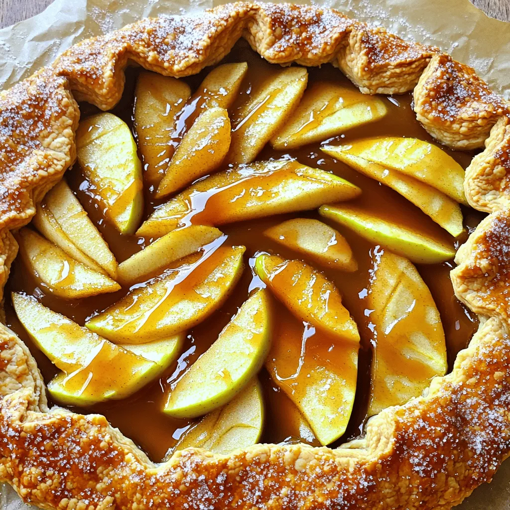 - 2 large apples (Granny Smith or Honeycrisp) - 1 tablespoon lemon juice - 1/4 cup brown sugar - 1 teaspoon cinnamon - 1 sheet refrigerated pie crust or homemade pie dough - 1/4 cup caramel sauce - 1 egg (for egg wash) - 1 tablespoon coarse sugar - Pinch of salt When making a caramel apple galette, you want the best apples. Granny Smith adds tartness, while Honeycrisp gives sweetness. Choose one or mix both for a fun twist. You will also need lemon juice to keep the apples bright. Brown sugar and cinnamon add warmth and depth to your filling. The pie crust is important, too. You can use store-bought for speed or make your own for a personal touch. Caramel sauce will bring that sweet, gooey goodness. Don’t forget the egg wash! It helps the crust shine and adds a lovely crunch. Coarse sugar on top makes it sparkle. Gather these ingredients, and you are ready to create a delightful dessert. Each component plays a role in making this dish delicious and fun. With these simple items, you can impress friends and family. - Preheat the oven to 400°F (200°C). - Prepare the baking sheet with parchment paper. - Toss sliced apples with lemon juice, brown sugar, cinnamon, and salt. - Allow the mixture to sit for 15 minutes. This helps the apples become soft and flavorful. - Roll out pie crust into a 12-inch circle. Use a lightly floured surface for ease. - Arrange the apple mixture in the center of the crust and drizzle with caramel. Leave a 2-inch border. - Fold and pleat the edges of the pie crust. This gives it a lovely rustic look. - Brush the crust with egg wash and sprinkle with coarse sugar. This adds shine and crunch. - Bake for 25-30 minutes or until the crust is golden brown. The apples should be tender and juicy. Best apple varieties for baking: You want apples that hold their shape. Granny Smith and Honeycrisp are great choices. These apples are both tart and sweet. They give the galette a nice balance of flavors. Importance of letting the apple mixture sit: Letting the apple mixture sit is key. This step helps the apples soften and absorb the flavors. The lemon juice, sugar, and cinnamon blend well when they sit. It makes the apples taste even better. How to achieve a golden crust: For a golden crust, brush it with beaten egg. This egg wash gives it a nice shine and color. Sprinkle coarse sugar on top for a sweet crunch. Bake it until golden brown, which takes about 25 to 30 minutes. Avoiding soggy bottom crust: To avoid a soggy crust, use parchment paper. It helps the crust cook evenly. You can also bake the galette on the lower rack. This way, the heat hits the bottom first. Ideal accompaniments like vanilla ice cream: Serve your galette warm with a scoop of vanilla ice cream. The cold ice cream melts slightly on the warm galette. It adds a creamy touch that everyone loves. Presentation tips for serving: For a lovely presentation, drizzle extra caramel sauce on top. You can also add a dusting of powdered sugar for a fancy look. Place the galette on a nice plate to impress your guests. {{image_2}} You can play with the flavors of the caramel apple galette. Adding nuts like walnuts or pecans gives a nice crunch. Dried fruits, such as raisins or cranberries, add sweetness. Just mix them in when you toss the apples. You can also swap spices. Nutmeg adds warmth and depth. A splash of vanilla extract can enhance the sweetness of the apples. Try these to find your favorite twist! The crust can make a big difference. You can use store-bought pie crust for a quick option. It saves time and still tastes great. But making homemade pie dough gives a fresh touch. It’s fun and lets you control the ingredients. If you need a gluten-free option, there are great alternatives. Look for gluten-free pie crusts in stores. They work well and still hold the filling nicely. Caramel sauce is key for this dessert. You can use store-bought caramel for ease. However, a homemade caramel sauce can elevate the dish. It tastes richer and adds a special touch. Think about toppings too. Whipped cream is classic and adds creaminess. Flavored ice creams, like caramel or cinnamon, can make the dessert even more exciting. Experiment with what you love! To store leftover caramel apple galette, let it cool first. Wrap it in plastic wrap or foil. Place it in the fridge. This keeps it fresh. Leftovers last for about 3 days. To freeze slices, cut the galette into pieces. Wrap each slice in plastic wrap. Then, place the slices in a freezer-safe bag. This way, they won’t stick together. You can freeze them for up to 2 months. When you’re ready to eat, take out a slice. Let it thaw in the fridge overnight. This helps maintain the taste and texture. To reheat, use your oven for the best results. Preheat it to 350°F (175°C). Place the slice on a baking sheet. Heat for about 10 minutes. This keeps the crust crispy. You can also serve it warm or at room temperature. Enjoy it with some extra caramel drizzled on top! Can I use canned apple pie filling? Yes, you can use canned apple pie filling. It saves time and is easy. Just make sure to drain it well. Fresh apples give better flavor, but canned works in a pinch. How can I modify this recipe for dietary restrictions? For gluten-free options, use a gluten-free pie crust. You can also use maple syrup instead of brown sugar for a natural sweetener. For a vegan version, use a plant-based egg wash and a vegan pie crust. What to do if the crust is soggy? If your crust turns soggy, try pre-baking it for a few minutes. This helps create a barrier. You can also sprinkle a bit of flour or cornstarch under the apple filling to absorb extra moisture. How to tell when apples are done baking? Apples are done when they are tender and juicy. You can poke them with a fork. The crust should be golden brown. This takes about 25-30 minutes in the oven. What drinks pair well with caramel apple galette? Delicious drink options include warm apple cider or a nice cup of chai tea. You could also enjoy it with a glass of sweet white wine. Each drink complements the flavors well. Can it be served cold, or is it better warm? Serving warm is best for caramel apple galette. The warm filling and crust create a cozy treat. If you have leftovers, you can enjoy them cold, but warm is tastier. In this blog post, we covered how to make a warm and delicious caramel apple galette. You learned about the ingredients, step-by-step instructions, and tips for the perfect bake. We also explored variations, storage ideas, and common questions. This treat is simple but packed with flavor. Whether you're using Granny Smith or Honeycrisp apples, the result is sure to impress. Enjoy making this dessert and share it with friends and family!
