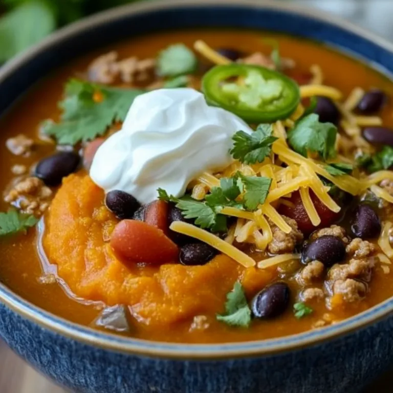 - 1 pound ground turkey - 1 can (15 oz) pumpkin puree - 1 can (15 oz) black beans, rinsed and drained The main ingredients give this chili its unique taste. Ground turkey is lean and provides protein. Pumpkin puree adds creaminess and a hint of sweetness. Black beans bring fiber and a hearty texture to the dish. - 1 can (15 oz) diced tomatoes (with juices) - 1 can (4 oz) green chilies, diced - 2 cups chicken broth (low sodium) These ingredients add depth and flavor. Diced tomatoes bring acidity that balances the sweetness of pumpkin. Green chilies add a mild heat. Chicken broth helps create a rich, savory base for the chili. - 2 tablespoons chili powder - 1 tablespoon cumin - 1 teaspoon smoked paprika - 1 teaspoon salt - ½ teaspoon pepper Spices are key to making this chili pop. Chili powder gives it a classic chili flavor. Cumin adds warmth and earthiness. Smoked paprika provides a delicious smoky note. Adjust the salt and pepper to suit your taste. To start, heat olive oil in a large skillet over medium heat. Add the diced onion and minced garlic. Sauté these until the onions turn soft and clear, about 3 to 4 minutes. This step builds a great base flavor. Next, add the ground turkey to the skillet. Break it up with a spatula as it cooks. Brown the turkey until it is no longer pink. If there is excess fat, drain it off. This keeps your chili lean and tasty. Now, grab your slow cooker. Combine the sautéed turkey, pumpkin puree, black beans, diced tomatoes, green chilies, and diced green bell pepper. Pour in the chicken broth, and add chili powder, cumin, smoked paprika, salt, and pepper. Mixing these ingredients well is key for flavor. Cover the slow cooker. Cook on low for 6 to 8 hours or on high for 3 to 4 hours. Cooking on low lets the flavors blend well, while high cooks it faster. Either way, you will end up with a warm, hearty dish. Before serving, taste the chili. Adjust the seasonings if you want more flavor. You can add more salt, pepper, or spices as needed. For presentation, serve the chili in bowls. Top each serving with a dollop of sour cream, a sprinkle of shredded cheese, and some fresh cilantro or sliced jalapeños. These toppings add color and flavor, making your dish shine. To enhance the flavor of your chili, focus on seasoning. Start with fresh spices. Use chili powder, cumin, and smoked paprika to add depth. Taste your chili before serving. Adjust the salt and pepper as needed for a balanced flavor. For ingredient selection, fresh produce makes a difference. Use ripe tomatoes and firm peppers. Canned beans should be low-sodium for better control over salt. Choose a quality pumpkin puree, as it is the base of your chili. Check the label for 100% pumpkin with no fillers. When choosing a slow cooker, consider size. A 6-quart model works well for this recipe. It gives enough space for all ingredients. Look for a model with a timer for easier cooking. Adjust cook times based on your settings. For low heat, aim for 6 to 8 hours. If you use high heat, check at 3 to 4 hours. The chili should be hot throughout and flavors should meld together. For toppings, sour cream adds creaminess. Shredded cheese gives a nice flavor. Fresh cilantro brightens the dish. Sliced jalapeños add heat for spice lovers. Pair your chili with corn bread or a fresh salad. A light beer or apple cider complements the flavors. These sides enhance your meal and make it more satisfying. {{image_2}} You can swap out ground turkey for other meats. Lean ground beef or chicken works well. If you want a lighter option, try ground chicken. For a vegan twist, use lentils or chickpeas instead of turkey. They add protein and fiber. You can also use a plant-based meat substitute. Just ensure it's seasoned well, as it may need flavor. Want to boost the taste? Add more veggies! Try corn, carrots, or zucchini. They add nutrition and color. You can even toss in some chopped spinach at the end for a fresh touch. If you like heat, increase the spice. Add more chili powder or toss in fresh jalapeños. A dash of cayenne pepper can give it a nice kick too. Adjust to fit your taste! Switch up the beans or squashes based on the season. In fall, use kidney beans or butternut squash. They add a lovely texture and flavor. You can also explore other fall flavors. Try adding cinnamon or nutmeg for warmth. These spices can enhance the pumpkin and make the chili cozy and inviting. To keep your pumpkin turkey chili fresh, follow these tips: - Refrigeration: Store the chili in airtight containers. Place it in the fridge within two hours of cooking. It stays fresh for about 3 to 5 days. - Freezing Instructions: For longer storage, freeze the chili. Use freezer-safe bags or containers. Leave some space for expansion. It can last up to 3 months in the freezer. When it's time to enjoy leftovers, here are some easy ways to reheat: - Microwave: Place a bowl in the microwave. Heat in 1-minute bursts, stirring in between. This keeps it from overheating. - Stovetop: Pour the chili into a pot over medium heat. Stir occasionally until it’s hot. This method helps maintain the best flavor and texture. It’s important to know how long your chili lasts: - In the fridge: The chili can be kept for 3 to 5 days. - In the freezer: It can last up to 3 months. Signs of spoilage: Always check for off smells, changes in color, or mold. If you notice any of these, it’s best to toss the chili. Enjoy your cooking! Yes, you can use chicken instead of turkey. Ground chicken works well in this recipe. It offers a lean protein option, similar to turkey. You can use breast meat for a lighter dish. Both options keep the chili tasty and healthy. Yes, this chili is gluten-free. Most of the ingredients, like pumpkin and beans, are naturally gluten-free. Just check the labels on canned goods. Some brands may add gluten. Always look for gluten-free labels on chicken broth and diced tomatoes. Absolutely! Adding more vegetables can make this chili even better. Try bell peppers, zucchini, or corn for more taste. You can also toss in some spinach or kale for extra nutrients. Just chop them up and mix them into the slow cooker. This blog post covered the key ingredients and steps for a delicious chili. We explored the main ingredients like ground turkey, pumpkin puree, and black beans. I shared tips for cooking and storing your chili to maintain its flavor and texture. Remember, you can customize your chili with different ingredients to fit your needs. With these steps, I hope you feel ready to make your own perfect chili at home. Enjoy cooking and experimenting with this cozy dish!