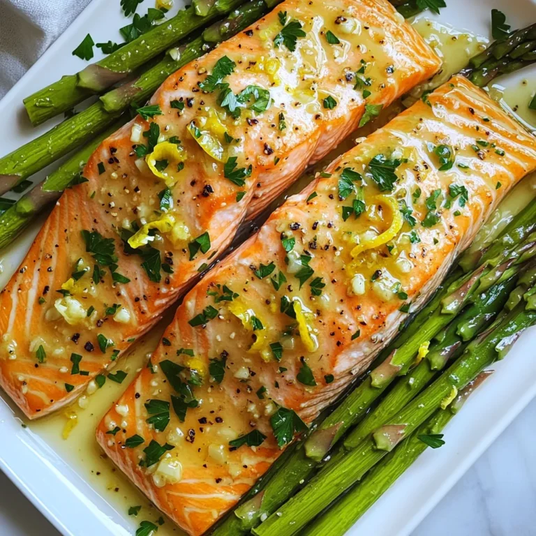 - 2 salmon fillets (6 oz each) - 1 bunch asparagus, trimmed - 3 cloves garlic, minced Salmon is the star of this dish. It provides healthy fats and protein. Choose fresh salmon for the best flavor. Asparagus adds a nice crunch and vibrant color. Garlic gives a lovely aroma and taste. - 1 lemon, zested and juiced - 2 tablespoons olive oil - 1 teaspoon dried thyme - 1 teaspoon paprika - Salt and pepper to taste The marinade is key to this recipe. It brightens up the salmon and asparagus. Lemon zest and juice bring a fresh tang. Olive oil adds richness. Thyme and paprika give depth. Adjust salt and pepper to your liking. - Fresh parsley, chopped (for garnish) Garnishing with parsley makes the dish pop. It adds color and a fresh taste. You can also use other herbs if you like. Enjoy your meal looking as good as it tastes! - Preheat the oven: Set your oven to 400°F (200°C). This high heat helps the salmon and asparagus cook well. - Prepare the marinade: In a small bowl, mix together the minced garlic, lemon zest, lemon juice, olive oil, dried thyme, paprika, salt, and pepper. This mix adds flavor and moisture to the salmon. - How to marinate the salmon: Place the salmon fillets in a shallow dish. Pour half of the marinade over the salmon. Make sure the fillets are well coated. Let them sit for about 15-20 minutes. This time allows the flavors to soak into the fish. - Arranging asparagus and salmon: On a large baking sheet, lay out the trimmed asparagus in a single layer. Drizzle the remaining marinade over the asparagus and toss gently. Season it lightly with salt and pepper. After that, make space by pushing the asparagus to one side and place the marinated salmon fillets skin side down on the sheet. - Baking temperature and time guidelines: Place the baking sheet in the oven and bake for about 15-20 minutes. The salmon should be cooked through and flake easily with a fork. The asparagus will be tender and vibrant. To adjust flavors in the marinade, you can play with the lemon juice. Want it zestier? Add more lemon juice or zest. If you like it a bit sweet, try adding honey. You can also swap the thyme for rosemary or dill. Each herb brings a new taste to the dish. To ensure perfect salmon texture, watch the cooking time closely. Salmon cooks fast, so check it at 15 minutes. The fish should flake easily with a fork when done. Overcooking can lead to dry fish, so pull it from the oven when it's almost done. It will keep cooking a bit after you take it out. For the best accompaniments, consider serving with rice or quinoa. These grains soak up the flavors well. You can also add a fresh salad on the side. A simple green salad with a light vinaigrette adds a nice crunch. If you want a richer side, try garlic mashed potatoes. They complement the salmon and asparagus perfectly. {{image_2}} You can switch up the veggies in this dish. Broccoli, green beans, or bell peppers work well. You can even add cherry tomatoes for a burst of flavor. Each veggie brings a unique taste and texture. Just remember to adjust the cooking time. Thicker veggies may need more time to cook. Want to try something different? You can use other fish like trout or cod. Chicken breasts also work great with this marinade. If you prefer meat, try thin pork chops. Just ensure they have even cooking times. This way, you keep the meal simple and tasty. Feel free to mix up the spices! A pinch of crushed red pepper gives a nice kick. Fresh herbs like dill or basil add a lovely note. You can also try a splash of soy sauce for a twist. These changes can really elevate your dish. Experimenting with flavors makes cooking fun! To store leftovers safely, let the dish cool first. Place the salmon and asparagus in an airtight container. You can keep it in the fridge for up to three days. Make sure to separate the salmon from the asparagus if you want to keep them fresh longer. This way, they won’t get mushy. For reheating, the oven works best. Preheat it to 350°F (175°C). Place the salmon and asparagus on a baking sheet. Heat for about 10-15 minutes. Check that the salmon is warm all the way through. You can also use a microwave. If you do, cover the food with a damp paper towel. This keeps it from drying out. Use glass or BPA-free plastic containers. These types keep food fresh and safe. Look for containers with tight lids to avoid spills. You can also use silicone bags for easy storage. They are great for keeping food fresh and are eco-friendly. You should marinate salmon for 15 to 20 minutes. This time is just right to let the flavors soak in. If you marinate it too long, the fish can become mushy. The acid from the lemon juice can change the texture. So, keep it simple and don’t rush. Yes, you can use frozen salmon. Just make sure to thaw it first. Frozen salmon can taste just as good as fresh. To thaw, place it in the fridge overnight. If you need it fast, seal it in a bag and run cold water over it. Once thawed, follow the same steps for marinating and cooking. You can serve many sides with this dish. Here are a few great options: - Rice: Plain white or brown rice works well. - Quinoa: For a nutty flavor and extra protein. - Mashed Potatoes: Creamy and comforting. - Salad: A fresh green salad adds crunch. - Bread: A slice of crusty bread is always nice. Choose any of these sides to make a complete meal. Enjoy your cooking! This blog post highlighted how to make lemon garlic salmon with asparagus. We discussed the main ingredients, including salmon and asparagus, along with key marinade components. You learned about preparation, marination, and baking steps. Tips on perfecting the flavors and cooking techniques followed. We also covered variations in vegetables and proteins and provided storage information. Cooking this dish can be easy and enjoyable. I encourage you to try it and make adjustments as needed!