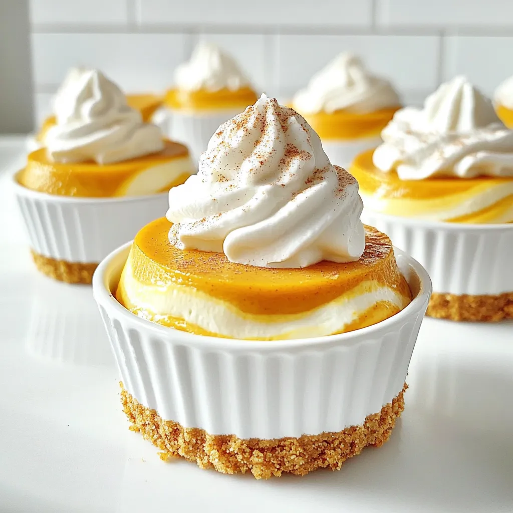- 1 cup graham cracker crumbs - 1/4 cup melted unsalted butter - 2 teaspoons sugar - 8 oz cream cheese, softened - 1/2 cup powdered sugar - 1/2 cup canned pumpkin puree - 1 teaspoon pumpkin pie spice - 1 teaspoon vanilla extract - 1/2 teaspoon cinnamon - Whipped cream for topping - Extra pumpkin pie spice for garnish The first step to making pumpkin spice cheesecake cups is gathering your ingredients. You need simple items that blend well together. Start with graham cracker crumbs. They will form the base of your cheesecake. Mix them with melted butter and sugar. This gives your crust a rich flavor. For the cheesecake filling, use softened cream cheese. It should be soft to mix easily. Add powdered sugar to sweeten the cream cheese. Then, mix in canned pumpkin puree for that classic fall taste. Next, include pumpkin pie spice. This spice mix adds warmth and depth. Don't forget vanilla extract and a touch of cinnamon. These flavors create a lovely blend in each cup. Finally, you’ll need whipped cream for topping. It adds a light and fluffy finish. You can also sprinkle extra pumpkin pie spice on top. This gives a nice touch and makes it look pretty. With these ingredients, you are ready to create a delightful treat that is sure to impress! - In a medium bowl, mix 1 cup graham cracker crumbs, 1/4 cup melted unsalted butter, and 2 teaspoons sugar. Stir until the crumbs are coated. - Take small cups or jars. Divide the crumb mix evenly among them. Press down slightly to form a crust layer. - In a large bowl, beat 8 oz cream cheese and 1/2 cup powdered sugar until smooth and creamy. - Add 1/2 cup canned pumpkin puree, 1 teaspoon pumpkin pie spice, 1 teaspoon vanilla extract, and 1/2 teaspoon cinnamon. Beat until everything is well combined and smooth. - Spoon or pipe the pumpkin cheesecake mixture over the graham cracker crust in each cup. - Place the cups in the fridge for at least 2 hours to set. Before serving, top each cup with whipped cream and a sprinkle of extra pumpkin pie spice. To get the best texture for your cheesecake, start with the cream cheese. - Softening cream cheese: Take your cream cheese out of the fridge. Let it sit at room temperature for about 30 minutes. This helps it mix smoothly. If you're in a hurry, you can cut it into small cubes. Microwave it for about 10 seconds. This will soften it quickly. - Avoiding lumps in the mixture: Once the cream cheese is soft, beat it well. Use an electric mixer on low speed at first. Gradually increase the speed until it is smooth. Make sure to scrape the bowl's sides. This helps to mix everything evenly and avoids lumps. To make your pumpkin spice cheesecake even better, you can adjust the flavors. - Adjusting spice levels: If you love spices, add a little extra pumpkin pie spice. You can also increase the cinnamon for a warm flavor. Start with small amounts. Taste as you go to find your perfect balance. - Adding additional flavorings if desired: Want to get creative? You can mix in a bit of maple syrup for a sweet touch. A splash of bourbon or rum can also add depth to the flavor. Just remember, a little goes a long way! {{image_2}} You can change the crust for fun. Instead of graham crackers, try using cookie crumbs. Chocolate cookies add a rich flavor. Nut crusts work well too. Ground almonds or walnuts make a tasty base. For a gluten-free treat, use gluten-free cookie crumbs. You can even try oats mixed with butter for a different feel. Want to switch things up? Try a chocolate pumpkin spice cheesecake. Just add melted chocolate to the filling. This twist gives a rich taste that pairs well with pumpkin. You can also swap the spices. Instead of pumpkin pie spice, use ginger or nutmeg. This gives your cups a unique flair and new taste. Store your pumpkin spice cheesecake cups in the fridge. Make sure they are covered. They stay fresh for up to five days. If you want to enjoy them later, save some for the week. You can freeze these cups before or after assembly. If you freeze them before, just add the whipped cream later. If you freeze after, let them thaw in the fridge overnight. For best texture, enjoy them within three months. You can make these cheesecake cups a day in advance. Prepare the crust and filling as directed. Then, assemble the cups and refrigerate them. They will stay fresh overnight. This makes it easy to serve at parties or gatherings. Just add the whipped cream and spices right before serving. Yes, you can use fresh pumpkin. Start by roasting a small pumpkin. Cut it in half and remove the seeds. Bake it cut side down until soft. Once cool, scoop the flesh into a bowl and mash it. Use this fresh pumpkin in place of canned pumpkin puree. It gives a nice, fresh flavor. Garnishes add a fun touch to your cheesecake cups. Here are some ideas: - Crushed graham crackers for crunch - Chopped nuts, like pecans or walnuts - A drizzle of caramel sauce - Fresh mint leaves for color - Cinnamon sticks for a rustic look These garnishes will enhance the visual appeal and flavor of your cups. In this blog post, I shared how to make delicious pumpkin cheesecake cups. We covered the key ingredients, from grahams and cream cheese to pumpkin and spices. I gave step-by-step instructions for creating the crust and filling, plus tips for perfect texture and flavor variations. Lastly, we discussed storage options to keep your treats fresh. These cups are easy to make and fun to enjoy. Try them out! You’ll impress everyone with your baking skills.