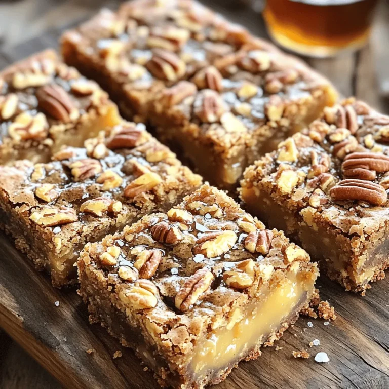 - 1 cup unsalted butter - 1 cup brown sugar, packed - 1/2 cup granulated sugar - 2 large eggs - 1 teaspoon pure vanilla extract - 2 cups all-purpose flour - 1 teaspoon baking powder - 1/2 teaspoon baking soda - 1/4 teaspoon salt - 1/2 cup maple syrup - 1 cup pecans, chopped - Flaky sea salt, for sprinkling on top (optional) Each ingredient plays a key role in flavor and texture. You can use margarine instead of butter, but it won't have the same rich taste. If you need a nut-free option, swap pecans for sunflower seeds. You may also replace all-purpose flour with a gluten-free blend, but check the ratio on the package. For sweetness, use coconut sugar as a substitute for brown sugar. Choosing high-quality ingredients is vital. Use unsalted butter for better control over salt levels. Opt for real maple syrup instead of imitation to get the best flavor. Fresh eggs give a nice lift. When picking pecans, look for whole, unbroken nuts for a crunchier bite. For a finishing touch, flaky sea salt adds a delightful contrast to the sweet blondies. Start by preheating your oven to 350°F (175°C). This step is key for even baking. Next, grab a 9x13 inch baking pan. You can grease the pan with butter or line it with parchment paper. Make sure to leave some overhang. This helps with easy removal later. Now, let’s make brown butter. Place 1 cup of unsalted butter in a medium saucepan over medium heat. Stir it often as it melts. Keep cooking until it turns golden brown. You should smell a nutty scent, which takes about 5-7 minutes. When done, remove the pan from heat and let it cool a bit. In a large mixing bowl, combine 1 cup of brown sugar and 1/2 cup of granulated sugar. Pour in the cooled brown butter and whisk well until smooth. Next, add in 2 large eggs and 1 teaspoon of pure vanilla extract. Whisk again until everything is mixed well. In a separate bowl, whisk together 2 cups of all-purpose flour, 1 teaspoon of baking powder, 1/2 teaspoon of baking soda, and 1/4 teaspoon of salt. Gradually mix these dry ingredients into the wet mixture. Be careful not to overmix, just combine until you see no dry flour. Finally, stir in 1/2 cup of maple syrup and 1 cup of chopped pecans. Mix gently until the nuts are spread evenly through the batter. Pour the batter into your prepared baking pan. Spread it out evenly with a spatula. If you like, sprinkle a pinch of flaky sea salt on top for added flavor. Bake in your preheated oven for 20-25 minutes. You want the edges to be golden and a toothpick inserted in the center should come out with a few moist crumbs. Once baked, let the blondies cool in the pan for at least 10 minutes. After that, use the parchment paper to lift them out. Place them on a wire rack to cool completely. When you are ready to serve, cut them into squares. For a nice touch, dust them with powdered sugar. Pair with a scoop of vanilla ice cream for a sweet treat! To make brown butter, start with unsalted butter. Melt it in a medium saucepan over medium heat. Stir the butter often. Watch closely as it cooks. After about 5-7 minutes, it will turn golden brown. The smell should be nutty and sweet. Remove it from the heat right away to avoid burning. Let it cool slightly before using it in your recipe. One mistake is overcooking the butter. If it burns, the flavor will be bitter. Another mistake is overmixing the batter. Mix just until the dry and wet ingredients combine. This keeps your blondies soft and chewy. Also, remember to measure your ingredients carefully. Too much flour can make them dense. You can add chocolate chips for extra sweetness. A mix of dark and milk chocolate works well. Try adding a pinch of cinnamon for warmth. You can also use walnuts instead of pecans if you prefer. A sprinkle of flaky sea salt on top enhances the sweet flavors. Each option brings a new twist to your blondies! {{image_2}} You can make these blondies nut-free easily. Just skip the pecans. The blondies will still be rich and tasty. You can add sunflower seeds for a nice crunch instead. They will add texture without the nut flavor. Want to mix it up? You can add chocolate chips. Dark, milk, or white chocolate chips work great. Just stir in one cup before you pour the batter into the pan. This adds sweetness and a new depth of flavor. You can also try adding spices like cinnamon or a pinch of nutmeg for warmth. If you need a gluten-free option, use a gluten-free flour blend. Make sure it measures cup for cup like all-purpose flour. You can also use maple syrup instead of granulated sugar for a tasty twist. This keeps the blondies sweet and adds that maple flavor. After baking, let the blondies cool in the pan for at least 10 minutes. Use the parchment paper to lift them out. Place them on a wire rack to cool completely. Once cooled, cut them into squares. Store them in an airtight container. They can last for up to one week at room temperature. For extra freshness, you can refrigerate them. Just remember to bring them back to room temp before serving. These blondies freeze well, making them a great treat for later. First, let them cool completely. Wrap each square tightly in plastic wrap. Then, place them in a freezer-safe bag or container. Label the bag with the date. You can freeze them for up to three months. When you want a blondie, just take it out to thaw. To enjoy your blondies warm, you can reheat them. Place a square on a microwave-safe plate. Heat it for about 10-15 seconds. This warms them up nicely without drying them out. You can also warm them in an oven at 350°F for about 5-10 minutes. They taste best when warm, paired with a scoop of vanilla ice cream! Blondies are a sweet treat, similar to brownies. They have a rich, buttery flavor. Instead of cocoa, they use brown sugar. Blondies are chewy and often include nuts, like pecans. They are great for any gathering or as a snack. Yes, you can use different nuts! Walnuts or almonds work well in this recipe. If you prefer no nuts, just leave them out. The blondies will still taste delicious and sweet. You can tell when the blondies are done by looking at the edges. They should be golden brown. Insert a toothpick into the center. If it comes out with a few moist crumbs, they are ready. If it comes out wet, bake for a few more minutes. Yes, you can make these blondies ahead of time! They stay fresh for a few days. Just store them in an airtight container. For best taste, eat them within three days. You can also freeze them for up to a month. In this post, we covered key ingredients, made brown butter, and shared baking tips for blondies. I included variations to fit different diets and storage tips to keep them fresh. Remember, quality ingredients and careful prep lead to great results. I hope this guide makes your baking fun and easy. Now you can enjoy delicious blondies any time!