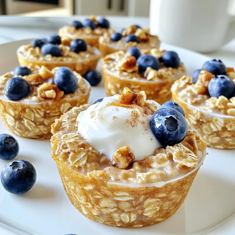 - 2 cups rolled oats - 1/2 cup almond milk - 1/4 cup pure maple syrup - 1/4 cup unsweetened applesauce - 1 tablespoon ground cinnamon - 1 teaspoon baking powder - 1/2 teaspoon salt I love using rolled oats for this recipe. They give the oatmeal cups a great texture. Almond milk makes it creamy and adds a nice flavor. Pure maple syrup brings a sweet, rich taste that pairs perfectly with cinnamon. Unsweetened applesauce adds moisture without extra sugar. Ground cinnamon gives warmth and spice. Baking powder helps the cups rise, making them fluffy. The salt balances the sweetness and enhances all the flavors. - 1/2 cup chopped walnuts or pecans - 1/2 cup fresh or frozen blueberries Adding nuts gives a nice crunch. Walnuts or pecans both work well. They also add healthy fats and protein. Blueberries are a fun way to add sweetness and color. They burst with flavor as you bite into the cups. You can mix and match the add-ins based on what you like. - Muffin tin - Mixing bowls - Whisk You will need a muffin tin to shape the cups. A good mixing bowl helps combine the ingredients well. A whisk is great for mixing the wet ingredients until smooth. These simple tools make the process easy and fun. First, preheat your oven to 350°F (175°C). This step is key. A proper temperature helps the oatmeal cups bake evenly. Next, grease your muffin tin or line it with muffin liners. This makes it easy to remove the cups later. In a large mixing bowl, combine 2 cups of rolled oats, 1 teaspoon of baking powder, 1 tablespoon of ground cinnamon, and 1/2 teaspoon of salt. Stir well. You want to mix these dry ingredients thoroughly. This ensures every cup has the same great flavor. In another bowl, whisk together 1/2 cup of almond milk, 1/4 cup of pure maple syrup, 1/4 cup of unsweetened applesauce, and 1 teaspoon of vanilla extract. Whisk until fully combined. This mixture adds moisture and sweetness to the cups. Pour the wet mixture into the bowl with the dry ingredients. Mix gently until just combined. If you want to add optional nuts or blueberries, fold them in now. Chopped walnuts or pecans, and fresh or frozen blueberries add great texture and taste. Evenly distribute the mixture into your muffin tin. Fill each cup to the top for a nice rise. Bake in the preheated oven for 25-30 minutes. They are ready when the tops are golden brown. A toothpick inserted into the center should come out clean. Once baked, remove the oatmeal cups from the oven. Let them cool in the muffin tin for about 10 minutes. This helps them firm up. After that, transfer them to a wire rack to cool completely. Enjoy the delicious smell while they cool! To bake perfect Maple Cinnamon Oatmeal Cups, start with the right oven temperature. Set your oven to 350°F (175°C). This heat helps the oatmeal cups rise and brown evenly. Use an oven thermometer if you're unsure. It ensures accuracy. Checking for doneness is key. After 25 minutes, look for a golden-brown color on the tops. Insert a toothpick in the center of a cup. If it comes out clean, your oatmeal cups are ready. If not, bake for a few more minutes. Serve your oatmeal cups warm for the best taste. A dollop of yogurt on top adds creaminess. Drizzle extra maple syrup for a sweet touch. You can also sprinkle with more cinnamon or nuts for added crunch. Get creative with toppings! Try adding fresh fruit, like sliced bananas or strawberries. Nuts or seeds can also enhance texture. This is your chance to make each cup unique. Preparing oatmeal cups in advance is easy. You can mix the ingredients the night before. Store them in the fridge until you're ready to bake. This saves time in the morning. If you want to freeze them, bake as usual. Let them cool completely. Then, store in an airtight container. They last for up to three months in the freezer. Just reheat in the microwave or oven when you're ready to enjoy. {{image_2}} You can change the flavor of your oatmeal cups easily. Try adding different spices like nutmeg or ginger. These spices add warmth and a nice twist. You can also swap almond milk for coconut milk or oat milk. Each type of milk brings its own taste. To make these oatmeal cups even healthier, reduce sugar by using a sugar substitute. You can use stevia or monk fruit sweetener. These will cut calories without losing sweetness. You can also add more fruits or seeds. Chopped apples, bananas, or chia seeds boost flavor and nutrition. If you follow a vegan diet, this recipe is already perfect for you. Just use plant-based milk and you’re set. To make it gluten-free, just use gluten-free rolled oats. This way, everyone can enjoy these tasty oatmeal cups. To keep your maple cinnamon oatmeal cups fresh, store them in the fridge. Use an airtight container to prevent them from drying out. They will stay tasty for about five days. If you want to keep them longer, freezing is a great option. To freeze, place the cooled oatmeal cups in a single layer on a baking sheet. Freeze them for about an hour until firm. After that, transfer them to a freezer-safe bag. Be sure to remove as much air as possible. They can stay in the freezer for up to three months. When you’re ready to eat, thaw them overnight in the fridge. To reheat, simply take the oatmeal cup from the fridge or freezer. If it's frozen, let it thaw first. You can use the microwave for quick warming. Heat for about 30 seconds, then check if it’s warm. If you want a crisp top, you can bake them at 350°F for about 10 minutes. This helps keep the texture just right. Yes, you can use quick oats. However, they absorb more liquid. This can make your oatmeal cups softer. If you prefer a firmer texture, stick with rolled oats. Rolled oats give a nice chewiness. Quick oats may also cook faster, so keep an eye on the baking time. To make these cups gluten-free, use certified gluten-free oats. Many brands offer this option. Make sure to check the label. You can also use almond milk or coconut milk. These milks are often gluten-free and add great flavor. Double-check any other added ingredients for gluten. These oatmeal cups last about 5 days in the fridge. Store them in an airtight container. You can also freeze them for up to 3 months. Just wrap each cup in plastic wrap. This keeps them fresh. Thaw them overnight in the fridge before reheating. Yes, you can use honey or agave syrup. These options work well but will alter the flavor a bit. Honey adds a floral note, while agave is milder. If you want less sweetness, try using mashed banana. It adds natural sugar and moisture. You can add many things for extra flavor. Try dried fruits like cranberries or raisins. Nuts like almonds or pecans add crunch. Spices such as nutmeg or ginger can also enhance the taste. For a touch of sweetness, add a few chocolate chips. Top with yogurt or fresh fruit for a tasty finish. This blog post covered how to make delicious oatmeal cups. You learned about the key ingredients like rolled oats and almond milk, plus healthy add-ins like nuts and berries. I shared step-by-step instructions to bake these tasty treats and offered tips on storing and serving them. In conclusion, experimenting with flavors can make your oatmeal cups unique. Try different spices and toppings to match your taste. Enjoy these healthy snacks at any time of day!