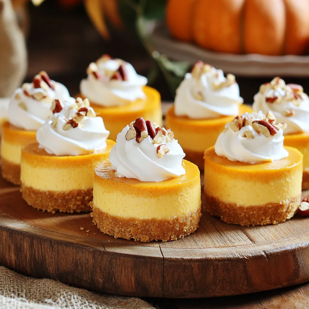 To make these pumpkin spice cheesecake bites, you need the following main ingredients: - 1 cup pumpkin puree - 8 oz cream cheese, softened - 1/2 cup granulated sugar - 1/4 cup brown sugar - 2 large eggs - 1 teaspoon vanilla extract - 1 teaspoon ground cinnamon - 1/2 teaspoon ground nutmeg - 1/2 teaspoon ground ginger - 1/4 teaspoon ground cloves - 1 cup graham cracker crumbs - 1/4 cup unsalted butter, melted Each ingredient plays a key role. The pumpkin puree gives it a rich flavor, while cream cheese adds creaminess. The sugars help sweeten the bites, and the spices bring warmth and depth. You can make these bites even better with some tasty toppings. Here are a few ideas: - Whipped cream for a light touch - Crushed pecans for a crunchy finish These options add visual appeal and flavor. A dollop of whipped cream makes them look fancy. Crushed pecans give a nice crunch that pairs well with the creamy filling. You can adjust the recipe based on what you have. Here are some great swaps: - Use Greek yogurt instead of cream cheese for a lighter option. - Swap granulated sugar with honey or maple syrup for a natural sweetener. - Use gluten-free graham cracker crumbs if you need a gluten-free version. These substitutions can help you tailor the bites to your taste. Feel free to experiment and make them your own! Start by preheating your oven to 325°F (160°C). This helps your bites bake evenly. Next, line a mini muffin tin with paper liners. You can also spray it with non-stick cooking spray. In a medium bowl, mix 1 cup of graham cracker crumbs with 1/4 cup of melted butter. Stir until the crumbs feel like wet sand. Now, take about 1 tablespoon of this mix and press it into each muffin cup. This makes the crust. Bake the crusts for 5 minutes and let them cool slightly. In a large bowl, beat 8 oz of softened cream cheese until it is smooth. This is key for a creamy texture. Add in 1/2 cup granulated sugar, 1/4 cup brown sugar, and 1 cup of pumpkin puree. Crack in 2 large eggs and mix in 1 teaspoon of vanilla extract. Sprinkle in your spices: 1 teaspoon ground cinnamon, 1/2 teaspoon ground nutmeg, 1/2 teaspoon ground ginger, and 1/4 teaspoon ground cloves. Beat the mixture until everything is well combined and creamy. Spoon or pipe the cheesecake filling into your cooled crusts. Fill each cup about 3/4 full. Place the muffin tin back in the oven. Bake for 20-25 minutes. The edges should be set but the centers will jiggle a little. After baking, take them out and let them cool at room temperature for about 10 minutes. Then, refrigerate the bites for at least 2 hours. This helps them firm up nicely. Once chilled, carefully remove the cheesecake bites from the tin. Enjoy them with whipped cream and crushed pecans on top for an extra treat! To make the best pumpkin spice cheesecake bites, texture matters. Start with softened cream cheese. This keeps the filling smooth. Mix it well until there are no lumps. When you add eggs, mix just until combined. Overmixing can make your bites tough. Aim for a creamy, light filling that melts in your mouth. Presentation can make your bites even more tempting. Use mini muffin liners for easy serving. After chilling, top each bite with whipped cream. A sprinkle of crushed pecans adds great flavor and crunch. Arrange the bites on a pretty platter. You can also add a drizzle of caramel sauce for extra flair. Mixing ingredients correctly is key. Always use room temperature ingredients. This helps them blend better. When adding dry spices, make sure they are evenly distributed. Use a spatula to scrape down the sides of your bowl. This ensures all ingredients mix well. A smooth batter means better bites! {{image_2}} You can easily adjust ingredients to fit different diets. For a dairy-free option, use vegan cream cheese. Replace eggs with flaxseed meal or applesauce for a vegan twist. If you want a gluten-free treat, swap graham cracker crumbs for gluten-free cookies. These changes keep the taste while fitting your needs. Add a twist to your bites with different spices. In spring, try adding lemon zest and a hint of cardamom for a fresh taste. In summer, mix in some fresh berries or a hint of mint. For winter, include a touch of peppermint extract to bring a festive feel. Each season offers a chance to explore new flavors. You can serve these bites in many fun ways. Use a mini tartlet shell instead of muffin tins for a fancy look. You could also layer the cheesecake filling with chocolate or caramel sauce for a unique dessert. For a more casual treat, serve them in small cups or jars. Each style offers a new way to enjoy these delicious bites. To keep your Pumpkin Spice Cheesecake Bites fresh, place them in an airtight container. This helps prevent them from drying out. You can stack them if you use parchment paper between layers. Keep them in the fridge for the best taste and texture. You can store these cheesecake bites in the fridge for up to five days. After that, they may lose their creaminess. If you notice any changes in smell or texture, it’s best to toss them. If you want to save some for later, freezing is a great option. Place the cheesecake bites in a single layer on a baking sheet. Freeze them for about two hours until firm. After that, transfer them to a freezer-safe bag. They can last up to three months in the freezer. When you're ready to enjoy them, thaw them in the fridge overnight. Yes, you can make these bites a day before. Just follow all steps, then chill them. This extra time helps the flavors blend. They will taste even better on the next day. Store them in the fridge in an airtight container. Yes, you can easily make this recipe gluten-free. Use gluten-free graham cracker crumbs for the crust. Most brands offer tasty options. Check the labels to ensure they are certified gluten-free. The rest of the ingredients are naturally gluten-free. To reduce the sweetness, cut back on the granulated and brown sugars. You can use half the amount. Another option is to add more spices. The pumpkin and spices will still shine through, even with less sugar. Taste as you mix to find your perfect balance. In this post, we covered how to make Pumpkin Spice Cheesecake Bites. We discussed main ingredients, optional toppings, and ingredient swaps. I shared clear steps for preparing the crust and filling, along with baking tips. You can also explore variations and storage methods. With these insights, you can create tasty bites for any occasion. They’re perfect for fall gatherings or a sweet treat. Enjoy sharing your delicious creation with friends and family!