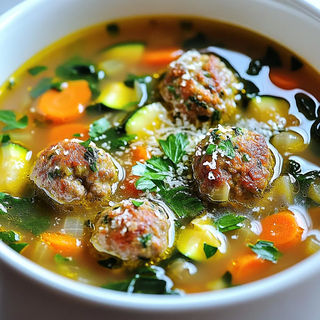 - 1 lb ground beef - 1/2 lb ground pork (optional) - 6 cups chicken or vegetable broth - 1 can diced tomatoes (14 oz) - 1/2 cup breadcrumbs - 1/4 cup grated Parmesan cheese - 1 large egg - 2 cloves garlic, minced - 2 cups fresh spinach - 1 cup carrots, diced - 1 cup zucchini, diced - 1 teaspoon Italian seasoning - Salt and pepper to taste Gathering the right ingredients makes all the difference in this soup. For the main part, I like to use ground beef for its rich flavor. If you want, add ground pork for extra taste. The broth is key, so use either chicken or vegetable broth for depth. Don’t forget the diced tomatoes, which add a nice touch. For the meatballs, breadcrumbs help bind everything together. Parmesan cheese gives a nice salty kick. The egg holds it all in place, while garlic adds a fragrant note. Then, we have our veggies. Fresh spinach adds color and nutrients. Diced carrots bring sweetness, and zucchini gives a nice texture. Italian seasoning ties it all together with flavor. Adjust salt and pepper based on your taste. This list of ingredients makes a hearty soup that warms the soul. - In a large bowl, combine: - 1 lb ground beef - 1/2 lb ground pork (optional) - 1/2 cup breadcrumbs - 1/4 cup grated Parmesan cheese - 1/4 cup fresh parsley, chopped - 1 large egg - 2 cloves garlic, minced - 1 teaspoon Italian seasoning - Salt and pepper to taste Mix all ingredients until they blend well. I usually use my hands for this step. Form small meatballs, about 1 inch in size. You should make around 20 to 25 meatballs. Set them aside on a plate. In your slow cooker, pour in: - 6 cups chicken or vegetable broth - 1 can (14 oz) diced tomatoes (with juice) Stir these ingredients gently to mix them. Now, carefully add the meatballs you formed, making sure not to break them. Next, chop up: - 1 cup carrots, diced - 1 cup zucchini, diced Add the diced vegetables to the slow cooker and stir gently. Cover the slow cooker. Set it to cook on low for 6 to 8 hours or high for 3 to 4 hours. This slow cooking makes the meatballs tender and lets the flavors meld. About 30 minutes before serving, stir in: - 2 cups fresh spinach - 1/2 cup small pasta (like ditalini or orzo) This step ensures the pasta and spinach cook nicely without getting mushy. Before serving, taste the soup and adjust the salt and pepper as needed. To ensure a tender meatball, use a mix of ground beef and pork. The pork adds moisture and flavor. If you only want beef, that works too! Use lean beef for a healthier option. Make sure not to overmix the meat when forming the meatballs. This keeps them soft. You can add more vegetables to boost the soup's taste. Try bell peppers, green beans, or peas. These add texture and color. For herbs, add fresh basil or thyme. A sprinkle of red pepper flakes can spice things up if you like heat. For the best pairing, serve this soup with crusty bread. It soaks up the broth well. Garnish each bowl with grated Parmesan cheese. A few parsley leaves add a nice touch. This makes the dish look inviting and delicious. {{image_2}} You can swap ground beef for turkey or chicken. This change makes the soup lighter. Turkey has a mild taste, while chicken adds a nice flavor. If you want a vegan option, try using lentils or chickpeas for meatballs. You can also blend veggies into the mix for added nutrition. Want to change the pasta? You can use any small pasta. Or try rice for a different twist. If you like heat, add red pepper flakes or hot sauce. For a milder soup, skip the spices or use sweet bell peppers. These choices let you make the soup just how you like it. For gluten-free diets, switch to gluten-free breadcrumbs. This keeps the meatballs soft and tasty. You can also check your broth. Some brands have gluten, so read labels carefully. This way, everyone can enjoy a warm bowl of soup without worries. To keep your soup fresh, follow these steps: - Let the soup cool down to room temperature. - Transfer it into an airtight container. - Store it in the fridge for up to three days. If you want to save it longer, use freezer-safe containers. Make sure to leave some space at the top. This allows for expansion as it freezes. Freezing soup is a great way to save it! Here’s how: - Portion the soup into freezer-safe bags. - Remove as much air as you can before sealing. - Label the bags with the date you froze them. When you want to eat it, thaw it in the fridge overnight. To reheat: - Pour the soup into a pot. - Heat it over medium until hot. Stir occasionally to prevent sticking. How long does the soup last? In the fridge, it lasts about three days. In the freezer, it can last for three months. For reheating, the safest way is on the stove. Heat it over medium heat until it bubbles. You can also use the microwave, but stir it often for even heating. Always check the temperature before serving! You can store this soup for about three to four days. Keep it in an airtight container in the fridge. If you want to save it longer, freeze it. It can last up to three months in the freezer. Just make sure to let it cool before you store it. When you are ready to eat, thaw it overnight in the fridge. Then, reheat it on the stove or in the microwave. Yes, you can make this soup ahead of time. It tastes great after sitting for a day. The flavors blend well, making it even tastier. Prepare the soup and let it cool. Then, store it in the fridge or freeze it. If you freeze it, remember to leave some space in the container for the soup to expand. When you're ready to serve, just reheat it as mentioned before. Serve this soup with some crusty bread or garlic toast. A fresh salad is also a great side. You can add a sprinkle of extra Parmesan on top for more flavor. If you want, serve some breadsticks for a fun touch. You can also pair it with a light drink like sparkling water or iced tea. Each of these options will enhance your meal nicely. You learned how to make a tasty Slow Cooker Italian Meatball Soup. We covered the main ingredients, how to prepare meatballs, and storage tips. You can adjust the soup to fit your taste, too. Remember to try different meats or spices for extra flavor. This soup is flexible and perfect for quick meals or cozy nights. Enjoy creating your own version today!