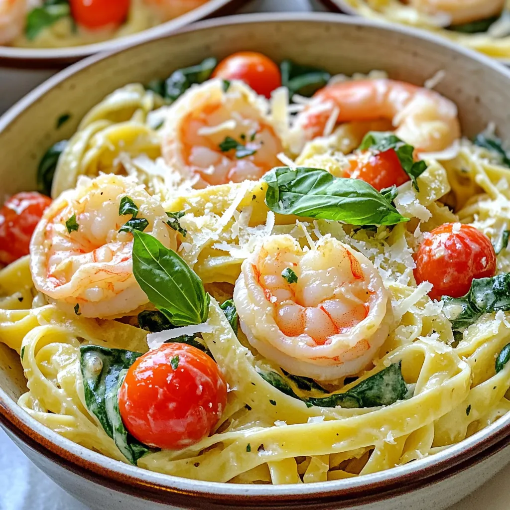 To make this creamy delight, gather these key ingredients: - 8 oz fettuccine or spaghetti - 1 lb large shrimp, peeled and deveined - 2 tablespoons olive oil - 3 cloves garlic, minced - 1 medium onion, finely chopped - 1 cup cherry tomatoes, halved - 2 cups fresh spinach - 1 cup heavy cream - 1 teaspoon Italian seasoning - 1/2 cup grated Parmesan cheese - Salt and pepper to taste - Fresh basil for garnish These ingredients come together to create a rich and flavorful dish. The shrimp gives a nice protein boost, while the pasta makes it hearty. Fresh spinach and tomatoes add color and nutrients, making this meal both tasty and healthy. While the dish is great as is, you may want to add some garnishes for extra flair: - Extra grated Parmesan cheese - Crushed red pepper flakes for heat - Lemon zest for brightness - Chopped parsley for freshness These toppings can enhance the look and flavor of your pasta. They offer a fun way to adjust the taste to suit your mood. If you don't have some ingredients, here are easy substitutes: - Pasta: Use penne or rigatoni instead of fettuccine or spaghetti. - Shrimp: Try chicken or tofu for a different protein. - Heavy cream: Coconut milk or cashew cream can work for a lighter option. - Spinach: Kale or arugula can add a different texture and taste. These swaps keep the dish exciting and adaptable. You can make Creamy Tuscan Shrimp Pasta your own with these simple changes. Start by boiling water in a large pot. Add a pinch of salt to the water. Once the water boils, add 8 ounces of fettuccine or spaghetti. Cook the pasta according to the package instructions until it is al dente. This usually takes about 8 to 10 minutes. After cooking, reserve half a cup of the pasta water. Then, drain the pasta and set it aside in a bowl. In a large skillet, heat 2 tablespoons of olive oil over medium heat. Once the oil is hot, add 1 pound of peeled and deveined shrimp. Make sure the shrimp are in a single layer for even cooking. Season them with salt and pepper. Cook for about 2 to 3 minutes on each side. When they turn pink and opaque, they are ready. Remove the shrimp from the skillet and set them aside on a plate. In the same skillet, add 3 minced garlic cloves and 1 finely chopped medium onion. Sauté these for about 2 minutes. The onion should become soft and translucent. Next, add 1 cup of halved cherry tomatoes. Cook for another 3 to 4 minutes, until the tomatoes are soft. Then, mix in 2 cups of fresh spinach. Stir until the spinach wilts. Pour in 1 cup of heavy cream and add 1 teaspoon of Italian seasoning. Stir everything together and let it simmer for 3 to 5 minutes, which helps the sauce thicken. Now it’s time to bring it all together. Return the cooked shrimp to the skillet. Add 1/2 cup of grated Parmesan cheese. If the sauce is too thick, pour in a splash of the reserved pasta water until you reach the desired thickness. Toss in the cooked pasta and mix until every strand is coated with the creamy sauce. Taste for seasoning and add more salt or pepper if needed. To cook perfect pasta, start with a large pot of salted water. Use about one tablespoon of salt for every four quarts of water. Bring it to a rolling boil before adding your fettuccine or spaghetti. Stir the pasta often to prevent sticking. Cook until it is al dente, which means firm but not hard. Reserve half a cup of pasta water before draining. This water can help thicken your sauce later. To boost flavor, use fresh ingredients. Fresh garlic and onions create a rich base. Sauté them until the onions are translucent. Cherry tomatoes add sweetness and color. Spinach gives a nice green touch and boosts nutrition. Don’t forget the Italian seasoning! It brings a lovely herby flavor. Lastly, finish with fresh basil and more Parmesan for extra taste. For an inviting presentation, serve the pasta in shallow bowls. Drizzle with olive oil and sprinkle with fresh basil. Adding extra cherry tomatoes on top can give a nice pop of color. Serve with a side salad or garlic bread for a complete meal. Enjoy with a glass of white wine for a delightful dinner! {{image_2}} You can easily make this dish vegetarian. Replace shrimp with mushrooms, zucchini, or bell peppers. Use the same steps. Sauté your veggies until tender. They will add great flavor and texture. You still get that creamy sauce with spinach and tomatoes. Enjoy a tasty meat-free meal! If you want a different seafood, try scallops or crab. Both options work well in this dish. Cook scallops the same way as shrimp. They add a sweet flavor. For crab, add it to the sauce near the end. This keeps it tender and juicy. The creamy sauce will still shine through. To make this dish lower in calories, swap heavy cream for Greek yogurt. You can also use whole wheat pasta for added fiber. Reduce the amount of cheese, or use a lighter cheese. This way, you still enjoy the flavor while cutting calories. It's a great option for a healthier meal! To store your leftover creamy Tuscan shrimp pasta, let it cool first. Once cool, place it in an airtight container. Make sure to seal it well. Leftovers can last up to three days in the fridge. Label the container with the date to track freshness. When you are ready to eat again, reheating is easy. Use a microwave-safe dish. Add a splash of water or extra cream to keep it moist. Heat in the microwave for about 1-2 minutes. Stir halfway through to ensure even heating. You can also reheat it in a skillet over low heat. Stir occasionally until warm. If you want to save it for later, freezing works well. Place the cooled pasta in a freezer-safe container. Use freezer bags for flat storage, which saves space. Make sure to remove as much air as possible. This pasta can last up to three months in the freezer. When ready to eat, thaw it in the fridge overnight before reheating. To make this dish gluten-free, swap out regular pasta with gluten-free pasta. There are many options available, like rice or corn pasta. These alternatives cook similarly, so you can follow the same instructions. Just check the cooking time on the package, as it may differ. Yes, you can prepare this dish ahead of time. Cook the pasta and make the sauce separately. Store them in airtight containers in the fridge. When you're ready to eat, just reheat the sauce and toss in the pasta. This saves time and still tastes fresh. Creamy Tuscan shrimp pasta goes well with several side dishes. Here are a few ideas: - Garlic bread for a crunchy bite. - A fresh green salad with a light vinaigrette. - Roasted vegetables to add some color and nutrients. - Steamed asparagus or broccoli for a healthy touch. Each side adds a nice balance to the meal and enhances the flavors. This post covered how to make creamy Tuscan shrimp pasta from the ground up. We explored key ingredients, cooking steps, and helpful tips. You learned variations for different diets and how to store the dish. Cooking this meal can impress family or friends. Remember, the secret lies in the sauce and perfect pasta. With practice, you can master this dish and make it your own. Enjoy creating and tasting your new favorite pasta!