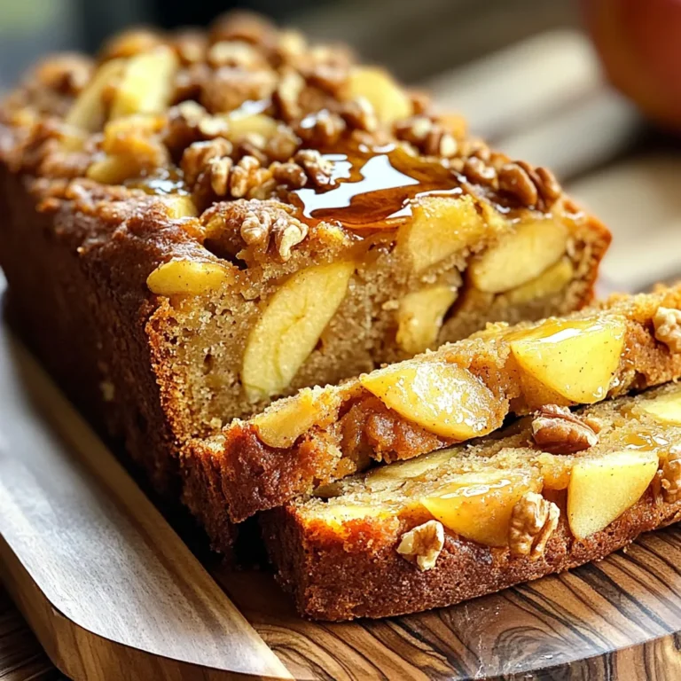 - 2 cups all-purpose flour - 1 teaspoon baking powder - 1 teaspoon baking soda - 1/2 teaspoon salt - 1 teaspoon ground cinnamon - 1/2 teaspoon nutmeg - 1/2 cup unsalted butter, softened - 1 cup brown sugar, packed - 2 large eggs - 1 teaspoon vanilla extract - 1 1/2 cups peeled and diced apples (about 2 medium apples) - 1 cup walnuts, chopped - 1/2 cup plain Greek yogurt (or sour cream) - 1/4 cup maple syrup The key to a moist Apple Walnut Loaf lies in its ingredients. The flour gives it structure, while the baking powder and baking soda help it rise. A mix of spices, like cinnamon and nutmeg, adds warmth and depth. Butter brings richness, and brown sugar offers a hint of caramel flavor. Eggs bind everything and add moisture. The apples provide juicy bites, while walnuts add crunch. Greek yogurt or sour cream keeps the loaf tender and moist. Finally, maple syrup adds a touch of sweetness and flavor that ties it all together. - Additional chopped walnuts - Extra maple syrup - Whipped cream or vanilla ice cream Toppings can elevate your loaf. Add chopped walnuts for extra texture. Drizzle with maple syrup for sweetness. Serve with whipped cream or ice cream for a dessert twist. These simple options make the loaf even more delightful. - Preheat your oven to 350°F (180°C). - Grease a 9x5-inch loaf pan or line it with parchment paper. - In a medium bowl, whisk together the flour, baking powder, baking soda, salt, cinnamon, and nutmeg. Set this aside. - In a large mixing bowl, cream together the softened butter and brown sugar until light and fluffy. This takes about 3-4 minutes. - Beat in the eggs one at a time. Mix well after each egg. Stir in the vanilla extract. - Gradually add the flour mixture to the creamed mixture. Alternate with the Greek yogurt and maple syrup. Begin and end with the flour mixture, mixing until just combined. - Gently fold in the diced apples and chopped walnuts with a spatula. Make sure they spread evenly throughout the batter. - Pour the batter into the prepared loaf pan and smooth the top. - Bake in the preheated oven for 55-65 minutes. Check with a toothpick to see if it comes out clean. - Use Greek yogurt or sour cream: These ingredients keep the loaf moist. They add creaminess, making the texture rich and tender. - Alternate wet and dry ingredients: This method helps prevent lumps. It ensures even mixing and keeps the batter smooth. - Adjust spices for personal preference: You can add more cinnamon or nutmeg. Feel free to experiment until you find your ideal blend. - Choose the right apple variety for baking: Use tart apples like Granny Smith. They add a nice contrast to the sweetness of the sugar. - Use room temperature ingredients: This helps the batter mix well. Cold ingredients can make the loaf dense. - Test doneness with a toothpick: Insert a toothpick into the center. If it comes out clean, your loaf is ready. This simple test ensures a perfectly baked treat. {{image_2}} You can switch out walnuts for pecans. Pecans give a sweet and buttery taste. If you want a nut-free loaf, simply omit the nuts. You won't lose any moisture or flavor. The loaf will still taste great without them. Add some raisins or cranberries to your batter. They bring a nice chew and sweetness to each bite. You can also try different apple varieties. Try using Granny Smith for tartness or Honeycrisp for sweetness. Each apple type will change the loaf's flavor a bit. If you want a gluten-free version, swap out all-purpose flour. Use almond flour or coconut flour instead. Remember, these flours absorb more moisture. You may need to adjust the liquid in your recipe. This way, you keep your loaf moist and delicious. To keep your Apple Walnut Loaf fresh, store it properly. You can keep it at room temperature for up to three days. Wrap it in plastic wrap or foil. This keeps it moist and prevents it from drying out. If you live in a warm area, use the fridge. Refrigeration can extend its life to about one week. Just remember to wrap it well to maintain moisture. Freezing is a great way to save your loaf for later. To freeze, let the loaf cool completely. Wrap it tightly in plastic wrap, then in aluminum foil. This method protects it from freezer burn. You can freeze it for up to three months. When you want to enjoy your loaf again, thaw it slowly. Place it in the fridge overnight. If you need it quickly, you can leave it on the counter for a few hours. Just remember, thawing in the microwave can make it dry. Enjoy your delicious treat whenever you please! Apple Walnut Loaf can last for about 3 days at room temperature. To keep it fresh, wrap it tightly in plastic wrap. You can also store it in the fridge for up to a week. This helps to keep it moist and tasty. Just remember to let it warm up a bit before serving for the best flavor. Yes, you can use many types of apples. For baking, I love using Granny Smith apples. They add a nice tartness. Honeycrisp apples are also great because they are sweet and crisp. You can mix and match different apples for more flavor. The key is to choose apples that hold their shape when baking. If you run out of brown sugar, you can use white sugar. Just add a bit of molasses. For every cup of white sugar, mix in one tablespoon of molasses. You can also use coconut sugar for a different flavor. It will not be as sweet but gives a nice caramel taste. Yes, you can make this loaf vegan. Instead of eggs, use flax eggs. To make one flax egg, mix one tablespoon of ground flaxseed with three tablespoons of water. Let it sit for a few minutes. Swap out the butter for coconut oil or vegan butter. Use plant-based yogurt to keep it creamy. This apple walnut loaf combines simple ingredients and clear steps for success. You learned how to mix, bake, and store your delicious creation. Remember, using Greek yogurt keeps it moist, while the right apples boost flavor. Don't hesitate to experiment with variations and toppings. Enjoy this tasty treat, ensuring it fits your taste and needs. Happy baking!