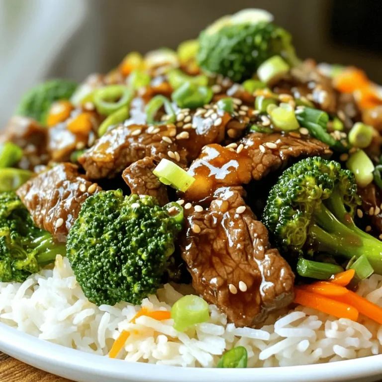 - 1 lb flank steak, thinly sliced against the grain - 2 cups broccoli florets - 1 cup carrots, julienned - ½ cup soy sauce (low sodium preferred) - 2 tablespoons oyster sauce - 1 tablespoon sesame oil - 2 teaspoons cornstarch - 2 cloves garlic, minced - 1 teaspoon ginger, grated - ½ cup beef broth - Cooked jasmine rice - Sliced green onions - Sesame seeds Gather these ingredients before you start. Flank steak adds a nice texture. Fresh broccoli and carrots provide color and crunch. Low-sodium soy sauce keeps the dish balanced. Oyster sauce adds a rich umami flavor. Sesame oil gives a lovely nutty taste. Use cornstarch to help the beef crisp up. Fresh garlic and ginger add great aroma and depth. Beef broth ties the sauce together and brings moisture. Serve over fluffy jasmine rice. Garnish with green onions and sesame seeds for a beautiful touch. Enjoy your takeout fakeout! First, take a bowl and add ½ cup soy sauce, 2 teaspoons cornstarch, and 1 tablespoon sesame oil. Mix these well. Next, add 1 pound of thinly sliced flank steak to this mix. Make sure every piece is coated. Cover the bowl and place it in the fridge for at least 30 minutes. This step is key for tender and flavorful beef. In another bowl, combine the remaining ½ cup soy sauce, 2 tablespoons oyster sauce, 2 cloves minced garlic, 1 teaspoon grated ginger, and ½ cup beef broth. Stir well until everything blends. This sauce will add depth to your dish. Set it aside for later use. Heat 1 tablespoon of vegetable oil in a large skillet over medium-high heat. Once hot, add 2 cups of broccoli florets and 1 cup of julienned carrots. Stir-fry them for about 3-4 minutes. You want them tender but still crisp. After cooking, remove the vegetables from the skillet and set them aside. In the same skillet, add another tablespoon of vegetable oil. Heat it until shimmering. Carefully add the marinated beef in a single layer. Let the beef sear without stirring for about 2 minutes. This helps it get crispy. After that, stir-fry for an additional minute until it's fully cooked. Now, reduce the heat to medium. Return the cooked broccoli and carrots to the skillet. Pour the sauce mixture over the beef and veggies. Mix everything well. Let it cook for another 2 minutes. This allows the sauce to thicken slightly. To serve, plate the crispy beef and broccoli over a bed of cooked jasmine rice. For a nice touch, garnish with sliced green onions and sesame seeds. Enjoy your homemade takeout-style meal! To get that perfect crisp on your beef, start with flank steak. Slice it thin against the grain. This helps tenderize it. Marinate it with soy sauce, cornstarch, and sesame oil for at least 30 minutes. This not only adds flavor but also aids in crispiness. When frying, use hot oil. Heat vegetable oil until it shimmers. Place the beef in a single layer. Let it sear for two minutes without stirring. This step locks in the crunch. For crispy vegetables, timing is key. Cook broccoli and carrots for just 3-4 minutes. Stir-fry them over high heat. You want them tender but still bright and crunchy. Remove them from the skillet as soon as they are ready. This keeps them crisp and fresh. Don't overcrowd the pan. If needed, cook in batches. To boost flavor, consider adding more seasonings. Extra garlic and ginger can enhance the taste. You can also try a splash of rice vinegar for zing. For a spicy kick, add red pepper flakes. Mix sauces well before adding them to the pan. This ensures even flavor distribution. Garnishing with sliced green onions and sesame seeds adds a nice crunch and visual appeal. {{image_2}} You can easily swap the flank steak for chicken or tofu. Chicken breast works well as a lean option. Simply slice it thinly and marinate like the beef. For a plant-based choice, use firm tofu. Press it to remove excess water, then cut it into cubes. Marinate and fry it until golden. Switch up the veggies based on what you like or have on hand. Bell peppers add sweetness. Snap peas bring a nice crunch. You can also use zucchini or mushrooms. Just remember to cut them into uniform sizes for even cooking. If you need a gluten-free version, use tamari instead of soy sauce. For a low-carb meal, skip the rice and serve the stir-fry on a bed of leafy greens. Adding cauliflower rice can keep it light. These options let everyone enjoy their meal while meeting dietary needs. To keep your Crispy Beef & Broccoli fresh, follow these simple steps. First, let the dish cool down to room temperature. Then, store it in an airtight container. Place it in the fridge. It will last for about 3 to 4 days. This way, you can enjoy your meal later without losing flavor. When you're ready to reheat, aim to keep that crispiness. Use a skillet over medium heat. Add a little oil to the pan before placing your beef and broccoli in it. Stir-fry for a few minutes until hot and crispy. Avoid using the microwave, as it can make the beef soggy. If you want to freeze it, that’s possible too! First, let the dish cool completely. Place it in a freezer-safe bag or container. It can last for about 2 to 3 months in the freezer. When you're ready to eat, thaw it in the fridge overnight. Then, reheat in the skillet as mentioned before for the best taste. Enjoy your Crispy Beef & Broccoli anytime! Yes, you can make Crispy Beef & Broccoli ahead of time. For meal prep, cook the beef and veggies. Store them in airtight containers in the fridge. Keep the sauce separate to avoid sogginess. When ready to eat, reheat in a pan. Add the sauce and stir until hot. This keeps the flavors fresh and the texture nice. To keep the beef crispy, marinate it with cornstarch. This creates a nice coating that fries well. When frying, use hot oil and don't overcrowd the pan. Sear the beef in a single layer. Let it cook undisturbed for two minutes. This gives it a great crisp. Avoid adding the sauce until the beef is cooked. Crispy Beef & Broccoli pairs well with many side dishes. Here are some ideas: - Jasmine rice for a classic touch - Fried rice for extra flavor - Noodles for a different texture - A simple green salad for freshness These sides balance the rich flavors of the dish. Yes, you can use other cuts of beef. Some options are sirloin, ribeye, or skirt steak. Each cut has a different taste and texture. Adjust cooking times based on thickness. For thinner cuts, cook for less time. For thicker cuts, cook a bit longer. Always aim for tender, juicy bites. In this guide, we explored how to create Crispy Beef & Broccoli. We covered the main ingredients, step-by-step cooking instructions, and tips for the perfect dish. You learned about variations, storage methods, and answers to common questions. By using fresh ingredients and proper techniques, you can enjoy a tasty meal. Don't hesitate to try different proteins or veggies to customize your dish. Cooking should be fun and rewarding, so enjoy every bite!