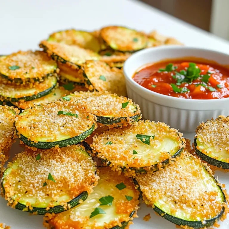 - 2 medium zucchinis, sliced thinly - 1 cup breadcrumbs (panko for extra crunch) - ½ cup grated Parmesan cheese - 1 teaspoon garlic powder - 1 teaspoon onion powder - ½ teaspoon paprika - Salt and pepper to taste - 1 large egg - 1 tablespoon olive oil To make crispy zucchini chips, you need fresh ingredients. Start with two medium zucchinis. Thin slices make them crunchy. I love using panko breadcrumbs for that extra crunch factor. You’ll also need some grated Parmesan cheese. It adds a nice salty bite. For flavor, garlic powder, onion powder, and paprika are key. They make the chips taste great. Don't forget salt and pepper to bring it all together. You will also need one egg and a tablespoon of olive oil. The egg helps the coating stick. The olive oil adds richness and helps the chips crisp up. These ingredients come together to create a simple, tasty snack. You can easily find them at any grocery store. Feel free to tweak the spices to fit your taste. Enjoy your cooking! - Preheat the air fryer to 375°F (190°C). - In a small bowl, whisk the egg and olive oil together until smooth. - In another bowl, mix the breadcrumbs, grated Parmesan, garlic powder, onion powder, paprika, salt, and pepper. - Take each zucchini slice and dip it into the egg mixture. Let the extra drip off before moving to the next step. - Coat the zucchini slice in the breadcrumb mixture. Press lightly to ensure it sticks well. - Place the coated zucchini chips in a single layer in the air fryer basket. Make sure not to overcrowd them for the best outcome. - Air fry for about 10-12 minutes. Flip the chips halfway through to get them crispy on both sides. - When they turn golden brown and crispy, remove them from the air fryer. Let them cool slightly for maximum crunch. These steps make it easy to enjoy a tasty snack. You can dip them in your favorite sauce or eat them plain. To get the crispiest zucchini chips, start by letting the slices dry after you cut them. This helps remove excess moisture. Think of it like drying off your hands before you hold something. Also, avoid overcrowding the air fryer basket. When you pile too many chips in, they steam instead of fry. Keep them in a single layer for the best crunch. You can get creative with your seasonings. Try adding Italian herbs like oregano or even a bit of cayenne for heat. For a milder taste, stick with just salt and pepper. It’s all about what you like! Adjusting the seasoning is easy. Taste the breadcrumb mix before coating the zucchini. This way, you can add more salt or spices to match your palate. When serving your crispy zucchini chips, make them look great! Arrange them on a plate in a fun way. You can sprinkle fresh parsley or basil on top. Serve them warm with a bowl of marinara sauce or your favorite dip. Dips like ranch or tzatziki also work well. These not only add flavor but make your snack more enjoyable! {{image_2}} You can change the coating for your zucchini chips. Instead of regular breadcrumbs, use gluten-free breadcrumbs. This works well for those with gluten issues. You can also try different types of cheese. For a richer flavor, use sharp cheddar or a blend of Italian cheeses. Boost the taste by adding herbs. Oregano and thyme add a fresh kick. You can also spice things up with cayenne or chili powder. These spices give a nice heat and depth to your chips. Mix and match to find your favorite flavor. Don’t stop at zucchini! You can air fry other veggies too. Try sweet potatoes, carrots, or beets. Each veggie adds its own unique taste. For fun, combine different veggies for a mixed chip basket. This way, you get a variety of flavors and textures in one snack! To store leftover crispy zucchini chips, use an airtight container. Place a paper towel at the bottom to soak up any moisture. This helps keep the chips crispy. Refrigerate them for up to three days. Avoid stacking the chips. This lets air circulate and keeps them from getting soggy. For reheating, use your air fryer or oven. Preheat your air fryer to 375°F (190°C). Place the chips in a single layer and heat for about 3-5 minutes. If using the oven, heat to 350°F (175°C) and bake for about 5-7 minutes. Check them often to avoid burning. This method helps restore their crunch. You can freeze both uncooked and cooked zucchini chips. For uncooked chips, arrange them on a baking sheet and flash freeze for an hour. Then, transfer them to a freezer bag. For cooked chips, let them cool completely before freezing. Thaw uncooked chips overnight in the fridge before cooking. Reheat cooked chips straight from the freezer. This keeps them crispy and tasty. Yes, you can! Try using eggplant, sweet potatoes, or carrots. These veggies have a similar texture and will crisp up nicely in the air fryer. - For eggplant, slice it thinly and remove excess moisture. Cook for about 12-15 minutes. - Sweet potatoes need a longer cook time of 15-18 minutes. Thin slices work best. - Carrots also do well; slice them into thin rounds and fry for about 10-12 minutes. You can skip the breadcrumbs by using cornmeal or crushed nuts instead. Both options add great texture. - For a gluten-free version, use almond flour or ground flaxseed. Both will keep your chips crispy. - Just coat the zucchini slices in your chosen mix and air fry as usual. Zucchini chips taste great with many dips! Marinara sauce and ranch dressing are popular choices. - To make a simple homemade dip, mix Greek yogurt with garlic powder and lemon juice. - Another easy mix is sour cream with a dash of hot sauce for a spicy kick. Experiment with different dips to find your favorite! Now you have a clear guide to make crispy air-fried zucchini chips. You learned about the key ingredients, simple steps, and useful tips to enhance flavor. Remember, you can also experiment with different vegetables and coatings to suit your taste. With these insights, I hope you feel ready to tackle this fun recipe. Enjoy your cooking and savor the delicious results!