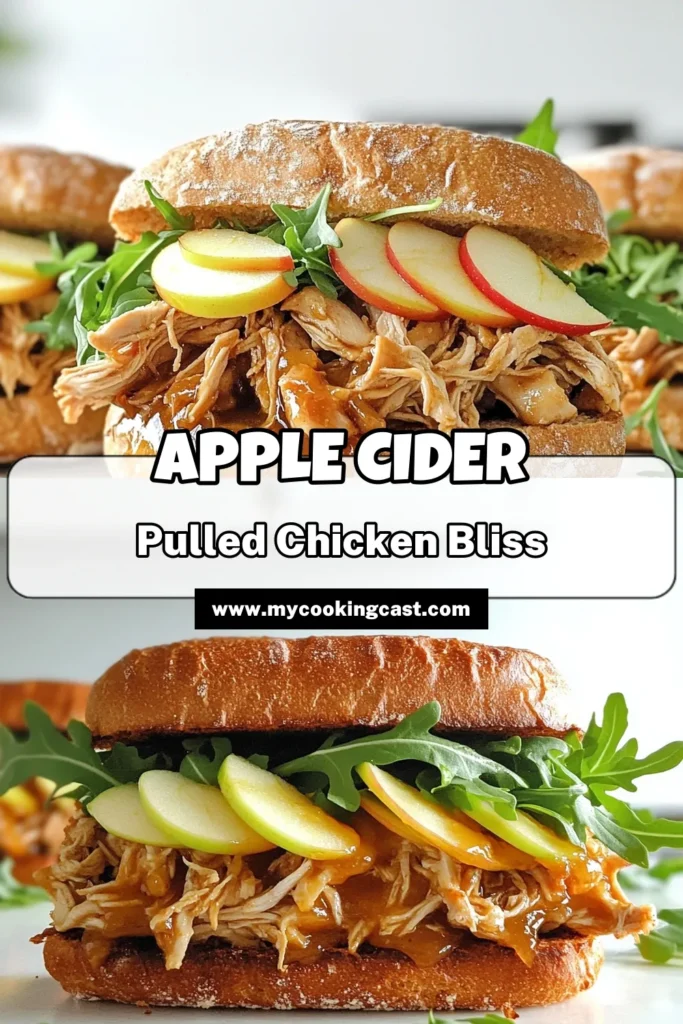 Savor the deliciousness of Apple Cider Delight Pulled Chicken Sandwiches! This easy recipe features tender, slow-cooked chicken infused with sweet apple cider and warm spices, perfect for any gathering. Top it with fresh arugula and apple slices for an extra crunch. Ready to impress your taste buds? Click through for the full recipe and discover your new favorite sandwich! #PulledChicken #AppleCiderRecipes #SandwichIdeas #ComfortFood