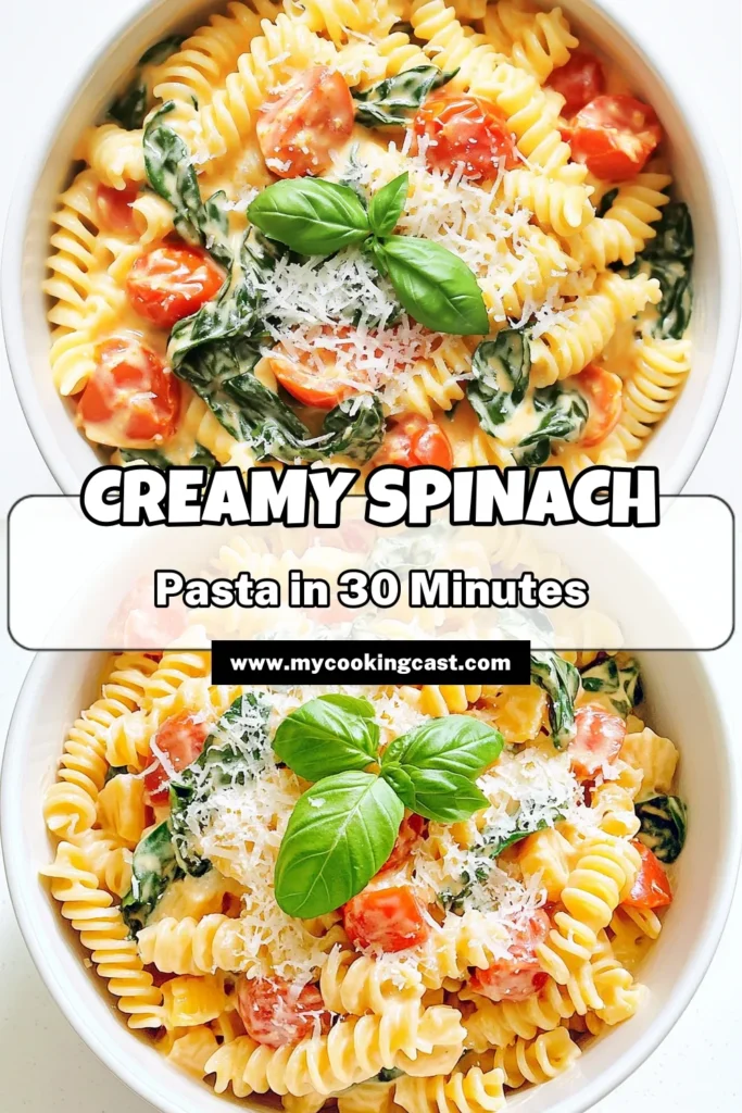 Indulge in a delicious bowl of creamy tomato spinach pasta that's ready in just 30 minutes! This recipe combines sautéed garlic, ripe tomatoes, heavy cream, and fresh spinach for a rich and comforting dish. Perfect for busy weeknights or impressing guests, it's both easy and flavorful. Click through for the full recipe and elevate your dinner game tonight! #CreamyTomatoPasta #PastaRecipes #DinnerInspiration #EasyCooking