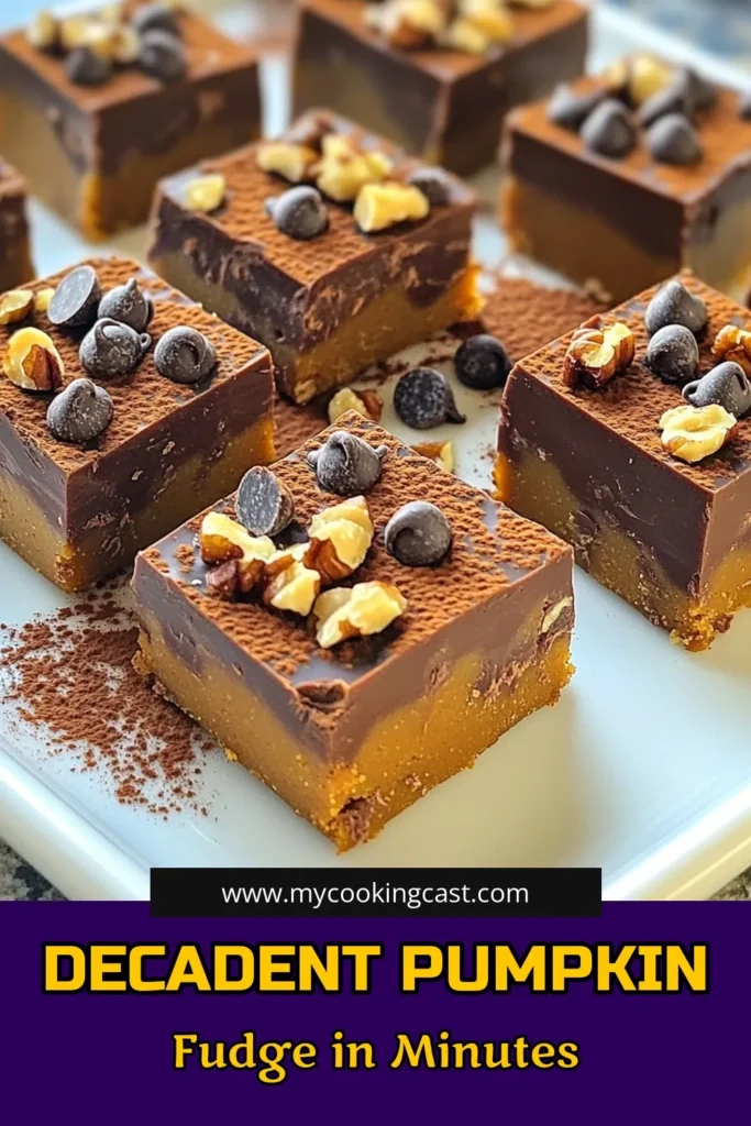 Indulge in the sweet and cozy flavors of fall with this Chocolate Pumpkin Spice Fudge recipe! This easy treat combines pumpkin puree and peanut butter with rich dark chocolate and warm spices for a deliciously unique dessert. Perfect for gatherings or a special treat at home, this fudge is sure to impress. Click through for the full recipe and tips for presentation! #PumpkinSpice #ChocolateFudge #FallRecipes #SweetTreats