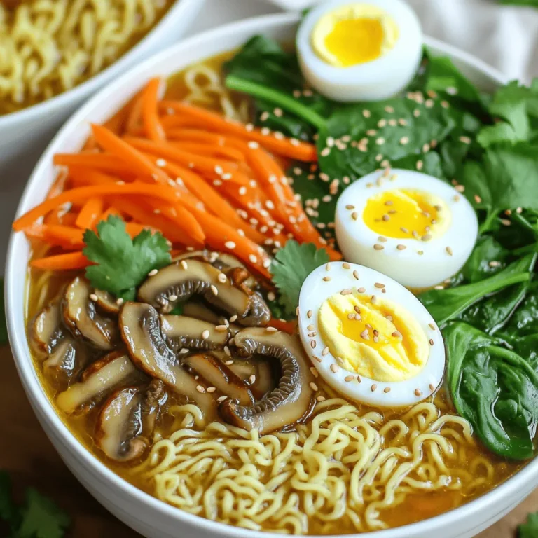 To make your Spicy Chili Crisp Ramen Bowls, gather these ingredients: - 2 packs of instant ramen noodles - 4 cups vegetable broth - 1 tablespoon soy sauce - 1 tablespoon chili crisp (adjust for heat preference) - 1 tablespoon sesame oil - 1 cup shiitake mushrooms, sliced - 1 cup baby spinach - 1 carrot, julienned - 2 green onions, chopped - 1 boiled egg, halved (optional for topping) - Sesame seeds for garnish - Fresh cilantro for garnish You can customize this dish easily. Swap the vegetable broth for chicken broth if you want a richer flavor. If you like more heat, add an extra tablespoon of chili crisp. Want a lighter meal? Use less soy sauce or try a low-sodium version. You can also mix in different vegetables like bell peppers or snap peas based on what you have at home. For the best flavors, I recommend specific brands. For instant ramen, I often use Nissin or Samyang. They provide great texture and taste. For chili crisp, look for Lao Gan Ma, which packs a punch. I suggest Kikkoman for soy sauce; it’s widely available and reliable. Use high-quality sesame oil like Kadoya for a rich, nutty flavor. To make Spicy Chili Crisp Ramen Bowls, start with a large pot. Bring 4 cups of vegetable broth to a boil over medium heat. This step creates a rich base for your ramen. Next, add 2 packs of instant ramen noodles. Cook these for about 3-4 minutes, or until they are tender. Keep an eye on them to avoid overcooking. In the last minute, toss in 1 cup of sliced shiitake mushrooms, 1 cup of baby spinach, and 1 julienned carrot. This mix adds flavor and texture. Let them soften while the noodles finish cooking. After the noodles and veggies are ready, drain the excess broth if you want a drier bowl. If you prefer soup, keep some broth. Now, stir in 1 tablespoon of soy sauce, 1 tablespoon of chili crisp, and 1 tablespoon of sesame oil. Mix well to spread the flavors evenly. Finally, ladle the ramen into bowls. Top with halved boiled eggs, chopped green onions, sesame seeds, and fresh cilantro for garnish. - Prep Time: 5 minutes - Cook Time: 10 minutes - Total Time: 15 minutes This quick cooking time makes it easy to enjoy a tasty meal on busy days. For a visual guide, check out this quick video on how to make Spicy Chili Crisp Ramen Bowls. It will show you every step in action, making it easier to follow along. Enjoy the process and have fun cooking! To make your ramen even better, add tasty toppings. Here are some ideas: - Soft Boiled Egg: This adds creaminess. Simply boil for six minutes. - Tofu: Cube firm tofu for extra protein. Sauté until golden. - Nori Sheets: Tear up seaweed for a nice crunch. - Pickled Ginger: Add a tangy bite that works well with spice. - Chili Oil: Drizzle more for a bold kick. These toppings bring new layers of flavor. Mix and match to find your favorite combo! Cooking noodles well is key. Follow these tips: - Don’t Overcook: Instant ramen cooks fast. Check the time on the package. - Use Plenty of Water: This helps noodles cook evenly and prevents sticking. - Stir Gently: Stir the noodles a bit while cooking. This keeps them from clumping. - Rinse with Cold Water: If you plan to store leftovers, rinse noodles to stop cooking. Perfect noodles make all the difference in your ramen bowl. Spice is fun, but it should fit your taste. Here’s how to adjust: - Start Small: If you’re new to spice, use less chili crisp at first. - Taste as You Go: After mixing in the chili crisp, taste your ramen. Add more if you want it hotter. - Cooling Ingredients: Add ingredients like avocado or yogurt to balance heat. - Serve with Lime: A squeeze of lime cuts through spice and adds freshness. Play with the heat until it’s just right for you. Enjoy your spicy chili crisp ramen! {{image_2}} You can easily make this dish vegetarian or vegan. Simply skip the boiled egg and use vegetable broth. This keeps the Ramen flavorful and fresh. Also, check your chili crisp. Some brands use fish sauce. Choose a vegan option to keep it plant-based. For a gluten-free version, swap out the instant ramen for gluten-free noodles. Many brands offer rice or buckwheat noodles. Always check the labels to be sure they are gluten-free. This way, you can still enjoy the spicy chili crisp taste without any worries. Feel free to add seasonal vegetables. Zucchini, bell peppers, or snap peas work great. Just chop them up and add them in during the last minute of cooking. This not only boosts flavor but also adds color and nutrients to your bowl. Be creative with what you have on hand! Store any leftovers in an airtight container. Make sure to cool the ramen to room temperature first. If you have extra broth, keep it separate. This keeps the noodles from getting too soft. You can store leftovers in the fridge for up to three days. To reheat, add the ramen to a pot. You can also use a microwave. If using a pot, add a splash of broth or water. Heat on low until warm. Stir gently to mix flavors. If using a microwave, cover the bowl and heat in short bursts. Check every 30 seconds to avoid overcooking. You can freeze Spicy Chili Crisp Ramen, but it's best to freeze the noodles and broth separately. Place them in freezer-safe bags. Be sure to label them with the date. They can last up to three months in the freezer. When ready to eat, thaw in the fridge overnight. Then reheat as explained above. This way, you keep the best flavor and texture. To make your ramen less spicy, you can adjust the chili crisp amount. Start with half a tablespoon instead of a full one. You can also add more broth to dilute the heat. Adding sugar can help balance the spice too. Try topping your bowl with a dollop of sour cream or yogurt. These will cool down the heat nicely. Yes, you can use homemade broth in this recipe. Chicken or beef broth adds great flavor if you prefer. Just make sure it’s well-seasoned. A good broth will enhance the taste of the noodles. If you use homemade broth, adjust the salt in your recipe as needed. This ensures your ramen stays balanced. The best noodles for ramen are fresh or dried egg noodles. They have a great texture and soak up flavors well. Instant ramen noodles are quick and easy, perfect for this dish. You can also try udon or soba noodles for a fun twist. Each type of noodle brings its own charm to your bowl. This blog post covered key aspects of making Spicy Chili Crisp Ramen. We reviewed ingredients, tips for customizing flavors, and cooking steps in detail. I also included variations for different diets and handy storage tips. Remember, adjust spices and toppings to fit your taste. Always choose good quality ingredients for the best results. With these insights, you can create a delicious ramen dish that suits your needs and preferences. Enjoy your cooking!